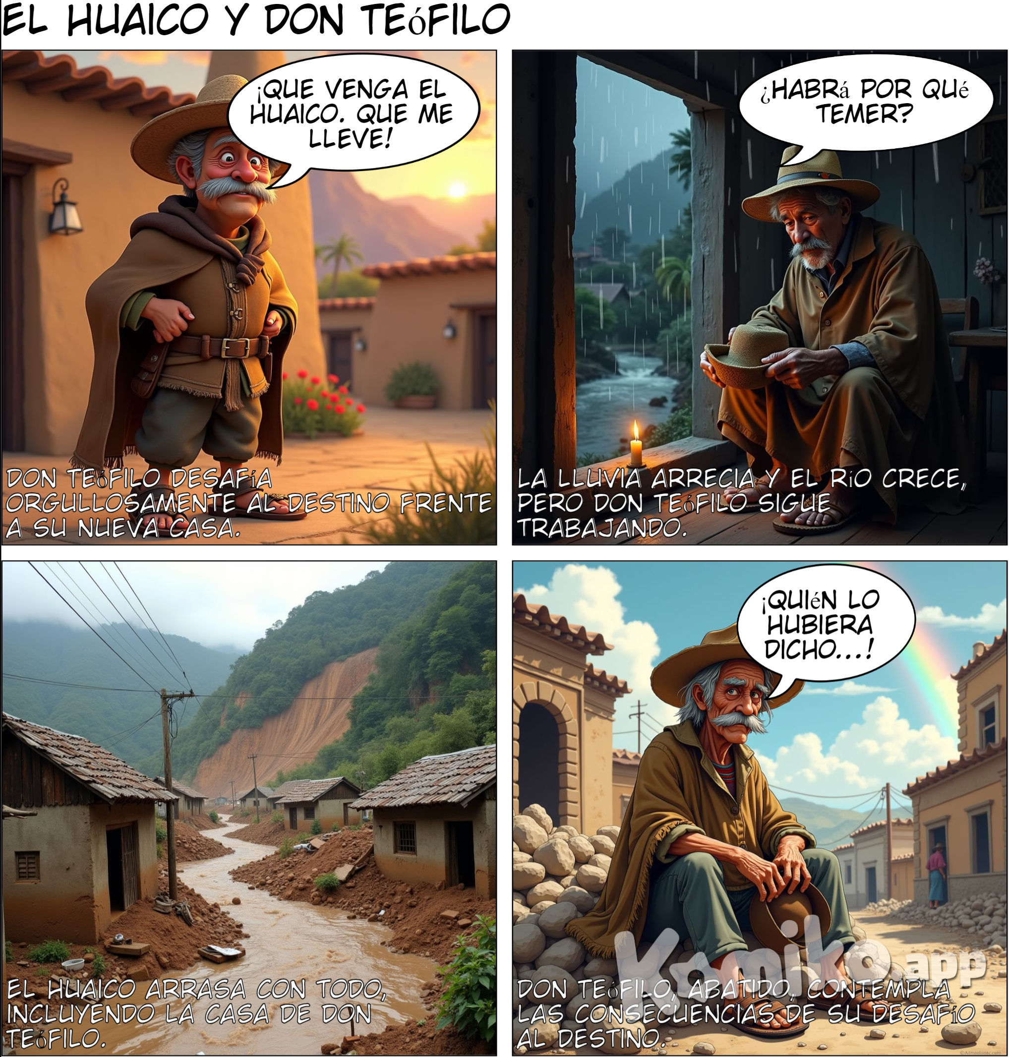 Alrededor de don Teófilo Navarro no queda sino contagiador aire entristecido. Su casa, pura pampa quedó después del huaico —agua de mala entraña— que lo tumbó todo. Los vecinos están medio que están nomás. La mitad se les fue tratando de levantar pared con la mirada y la otra mitad para consolarlo: —Con un poco de voluntad, podrá usted levantarse de nuevo. El caso fue así: Todas las veces de susto le decían: —Don Tofe, haga usted construir muro de piedra a su casa, no sea que el huaico... Pero él se reía con suficiencia, y para decir algo por contestar, repetía: —Que venga el huaico. Que me lleve. De resbaladera acabará la pena. Lo decía por decir porque en el pueblo, con penas y todo, siempre somos felices. Después que levantó su casa, en que hubo apurado trajín para terminar, luego de la techa, en que hubo demorado canto de no acabar con música y zapateo para afirmar el suelo, se hizo tranquilidad. Y como él lo dijo desafiador: —Hasta que otro guapo se atreva, pared y techo contra viento y noche que revienten de impotencia. Fabricaba y componía sombreros. A la puerta de su casa, aguja en mano, sombrero en horma, silbido y canto para rellenar hueco de tarde nostalgiosa, lo veíamos cumplir. En el invierno paz, no en el verano. Medio que se quisquillaba don Tofe mirando temeroso el agua que crecía hasta engrosar el río. Decía: —¡Esto es costumbre! ¿Habrá por qué temer? Muchas veces la campana madrina de la iglesia, en talantalanes de peligro, anunciaba desbordera, y don Tofe, creído, corría que corría para ver. Allí estaba intactita la casa a la orilla del cauce. La noche en que sucedió no podía ser, aunque se hubiese roto el brazo el sacristán o hubiera podido más y rompiera las campanas avisando. Era cumpleaños de doña Adelaida Suárez. No se podía creer. Y más cuando la fiesta había sido con música y la agasajada era persona que estaba bien con Dios. Don Tofe decía: —Beber, beber, que la vida se ha de acabar. Verlo era un gusto, alegre como estaba, a pesar de que la Grimalda, su mujer, con su tremenda barriga, sentada en un rincón censuraba. Primero fue un rumor creciente que llegó, junto con el grito de Julián Mayta que salía corriendo de la huerta: —¡Está entrando agua!.. ¡Está trayendo piedras!.. Muy pocos lo oyeron. En ese instante entró el agua hasta el patio. No debía ser grave la cosa... El agua avanzaba rápidamente como buscando algo. Entonces sí que reaccionamos, aunque de primera intención no se tomó ninguna iniciativa. En la sala de la derecha, ebrios los músicos, sin darse cuenta, bromeaban todavía. Yo comencé a correr sin saber a dónde. Un golpe fuerte en la sala de la izquierda que da al cauce, comprendiendo el peligro, nos puso con la cara seria. Y cuando ya lampón y pico los hombres se disponían, se inundaron las salas y los cuartos. La cocina con sus viejas era un grito de rezos. El agua furiosa sabía de memoria su trabajo, lo que hacía. En un santiamén todo estuvo inundado sobre la altura de los cimientos. En el momento en que los animales salían al escape, las paredes empezaron a ceder. Las mujeres (doña Eulalia Espinoza principalmente) gritaban, clamaban al cielo. Y los hombres lisureaban dándose coraje. No se podía. Era torrente de fuerza. Las paredes del corral vencidas se cayeron. Don Antonio Ebúsquez era el único de carácter que se dejaba oír: —¡Rompan la puerta falsa que da al cauce para desatorar! Pero la lluvia lo atoraba a él, porque era como río que bajaba.  En la tiniebla éramos gente oscurecida, loca, como la entraña de esa noche de rayos y de truenos. Al relámpago, apurado seguía bajando el aluvión. Desde el corral, por el patio, al camino, y luego al río bajaba. De la puerta del zaguán quedaban astillas. Vimos a la Grimalda. Subida sobre un batán lloraba a más no poder. Pensaba en Dios con todos sus dolores. De agua, de noche, de viento, fue la tumbadera de la casa de don Tofe. Con gritos de parto también, pues la Grimalda, ayudada por Roque Barrera y subida sobre una mesita que a la vez la contenía contra la pared sobre el poyo, comenzó a descuartizarse. Doña Toribia estuvo felizmente, atendiéndola como pudo. Roque a duras penas contenía la mesa y sostenía también a la Grimalda. Doña Toribia, con las manos de agua terrosa, remangándose el brazo, la asistía. Grimalda se animaba casi quebrándole el brazo al Roque con el esfuerzo: —¡Ayude usted! ¡Ayude usted, mamá Tulli! —Sin embargo, fue como una lucha el nacimiento, mientras el agua amenazaba con derribarnos. Luego doña Toribia, serena como siempre, descorchetán-dose el monillo, cobijó a la criatura que ya gritaba, junto a sus lacios senos. Otro grito fuerte fue como una protesta, pero con el llanto del niño nos renació el valor. A su mamá hubiera podido también reanimarla; no, ella había fallecido antes de oírlo. Total, todo se apagó. Solamente cuando la pena arreciaba, mirando los cimientos lavados que quedaban, pasó la lluvia. El huaico bajó su correntada o habría bajado antes: oíamos un rumor entre violento y tranquilo. En adelante se comenzó a buscar: —¡Don Macshi!.. ¡Mamá Brígida!.. ¡Lázaro!.. Oía su nombre cada cual y cada cual contestaba animándose. Don Tofe, sin haberse enterado todavía, buscaba a su Grimalda. Media puerta del zaguán, inservible, había ido a parar a la chacra de enfrente. Las sillas y ventanas desparramadas. Dice Demetrio López que un cerdo había varado cerca de Vilca- bamba. Los muros y cimientos quedaron débiles. Algunos baúles amarrados al manzano estaban astillados. Allí quedaba también el batán de don Jacinto Navarro, centenaria piedra donde molieron los abuelos. Lo demás y más fuerte se supo cuando don Tofe llegó hasta nosotros, con su mujer muerta en brazos. Detrás doña Toribia con el recién nacido. Esas dos caras fueron para nosotros un ¡golpe! que nunca habíamos sentido. En el velorio, en casa de don Nicolás Arosemena, no se rió por primera vez los chistes de Roque. En un ángulo de la sala, don Teófilo se quejaba. Parecía que el aire de esa mala noche se le había secado en la cara. Eran como furia vencida las huellas de su rostro. Repetía: —¡Quién lo hubiera dicho...! ¡Quién lo hubiera dicho! En fin, la velada fue de razonar pesimista, con ese café consolador apenas. ¡Cómo se recordó la muerte! ¡Cuántos nombres! Eladio Amaro, Fortunato Rojas, Pedro Tintush. ¡Pero nunca desgraciados! —¡Ah, ya se fueron! Se sintió la muerte a muerte. Adentro, hasta los tuétanos como angustia; afuera, en los miembros ateridos, como temblor desconocido. Ni coca ni aguardiente pudieron esa noche. Desde entonces don Tofe, medio vivo, medio fantasma, allí está. —Zurcidor de sombreros —dicen. Mientras, verdeciendo, retoña el valle de la gente que habla por hablar: —¡Caído, con la cara en el suelo! —¡Zurcidor de sombreros viejos!