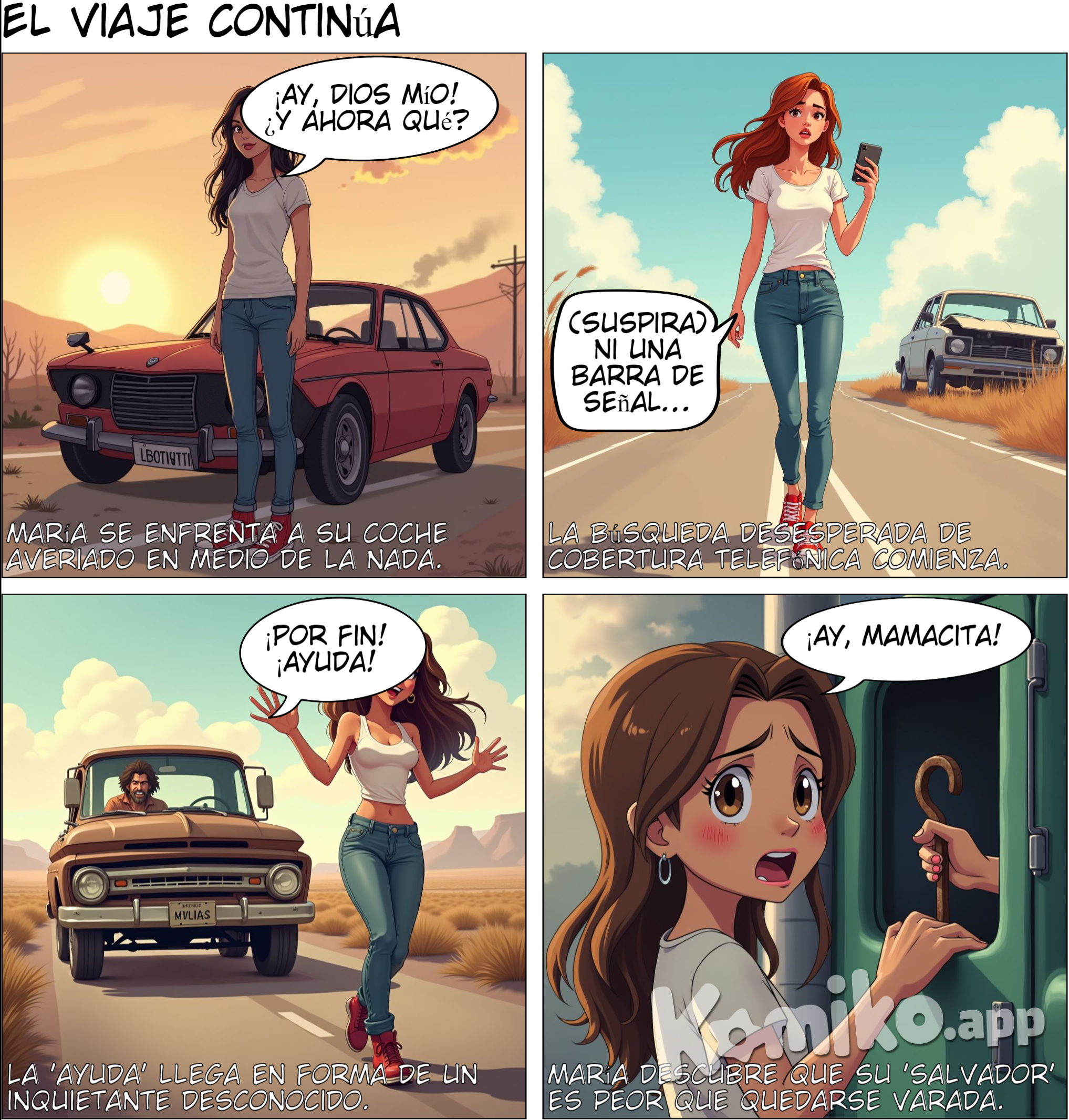continua con los personajes del comic anterior para continuar la secuenciaResumen : Presentamos a María, una mujer joven que va conduciendo su coche por una carretera solitaria. De repente, el coche se detiene. María está tranquila, solo necesita encontrar un teléfono para pedir ayuda.  Mensaje clave : A veces la Escena destacada : María Jun