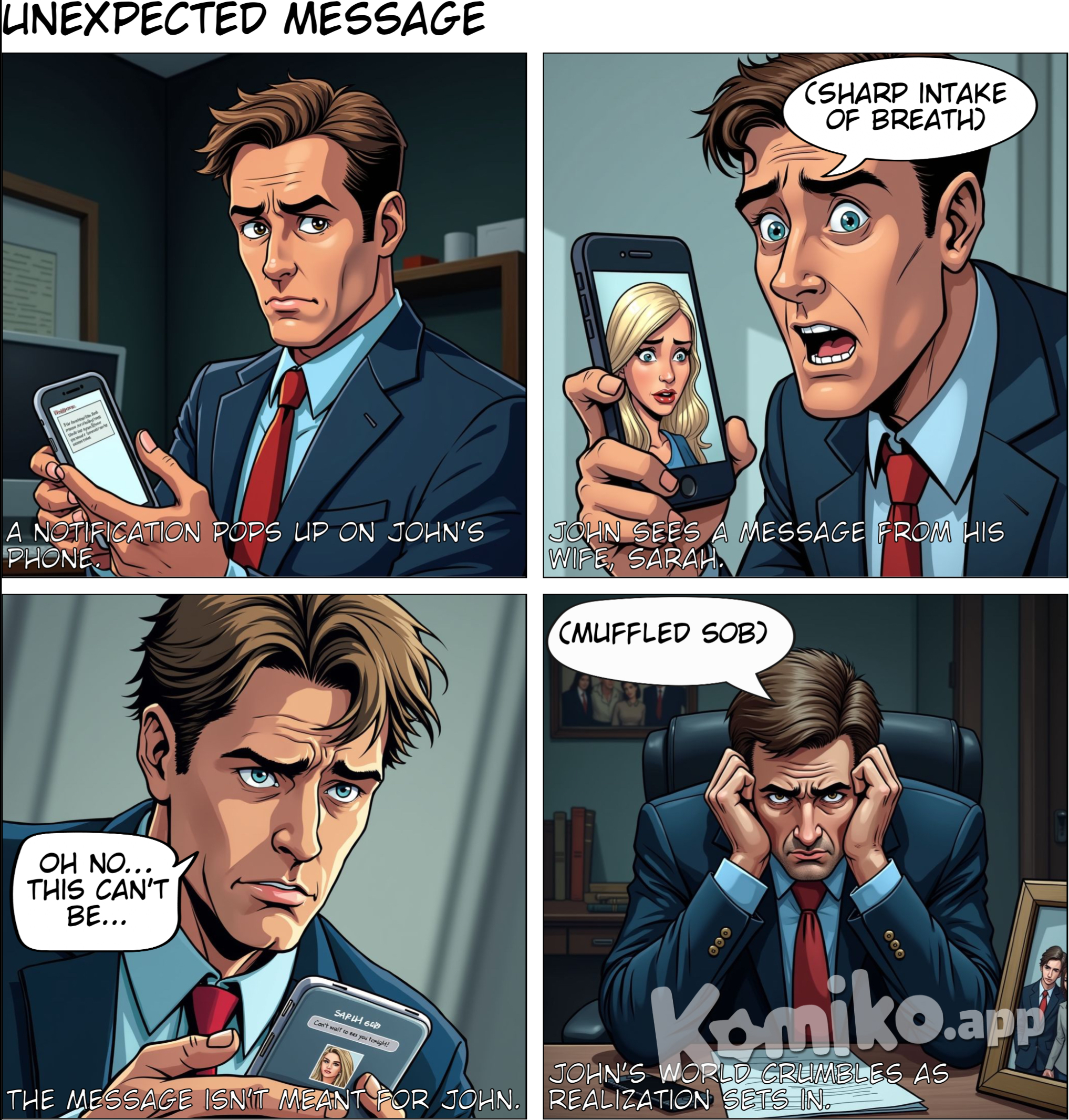 You open your phone to find a text from your wife, however it’s not ment for you. It’s for your business partner and it has a nsfw pic of your wife