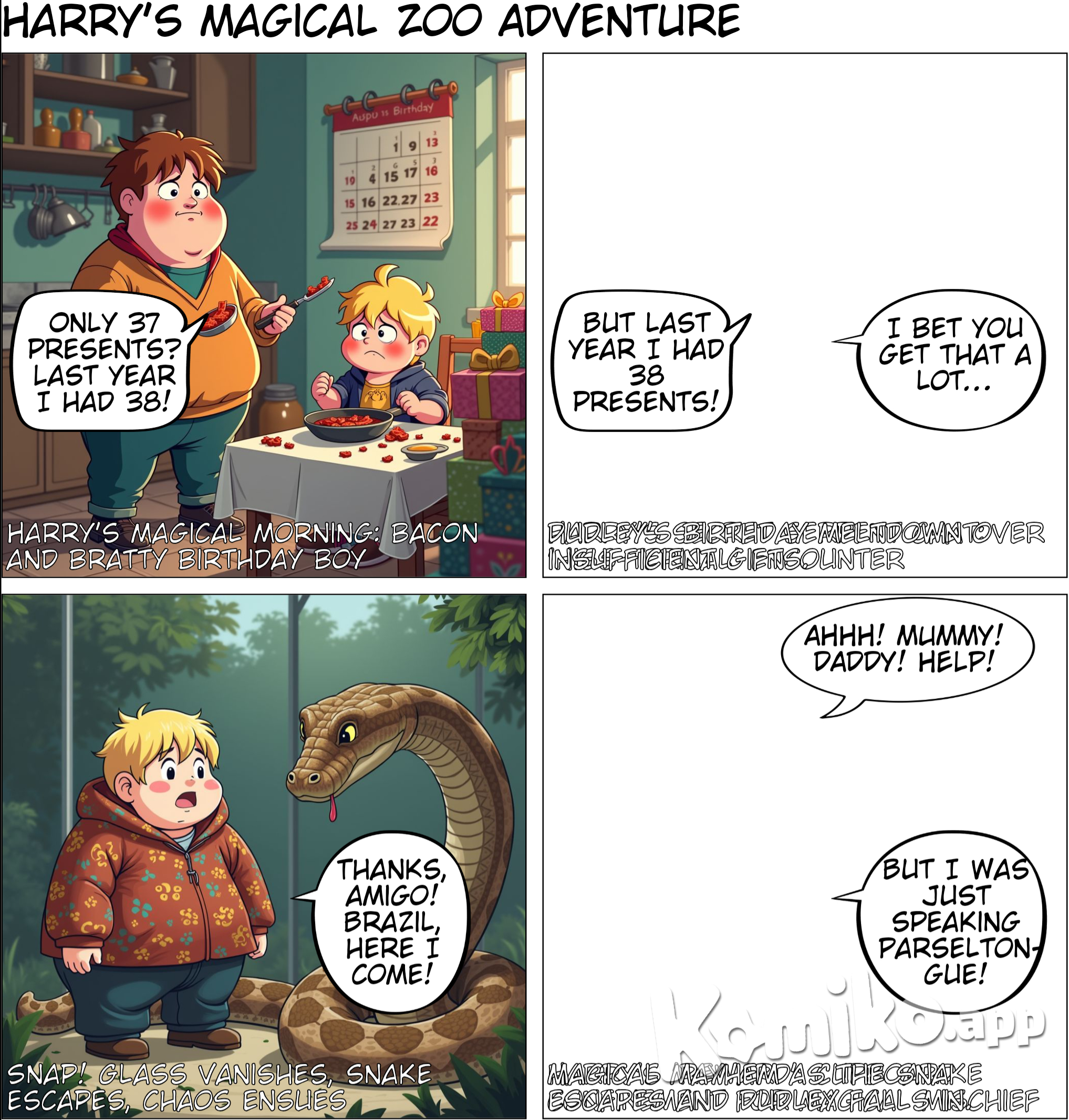 Ten years have passed. Harry is now almost eleven and living in wretchedness in a cupboard under the stairs in the Dursley house. He is tormented by the Dursleys’ son, Dudley, a spoiled and whiny boy. Harry is awakened one morning by his aunt, Petunia, telling him to tend to the bacon immediately, because it is Dudley’s birthday and everything must be perfect. Dudley gets upset because he has only thirty-seven presents, one fewer than the previous year. When a neighbor calls to say she will not be able to watch Harry for the day, Dudley begins to cry, as he is upset that Harry will have to be brought along on Dudley’s birthday trip to the zoo. At the zoo, the Dursleys spoil Dudley and his friend Piers, neglecting Harry as usual. In the reptile house, Harry pays close attention to a boa constrictor and is astonished when he is able to have a conversation with it. Noticing what Harry is doing, Piers calls over Mr. Dursley and Dudley, who pushes Harry aside to get a better look at the snake. At this moment, the glass front of the snake’s tank vanishes and the boa constrictor slithers out onto the floor. Dudley and Piers claim that the snake attacked them. The Dursleys are in shock. At home, Harry is punished for the snake incident, being sent to his cupboard without any food, though he feels he had nothing to do with what happened