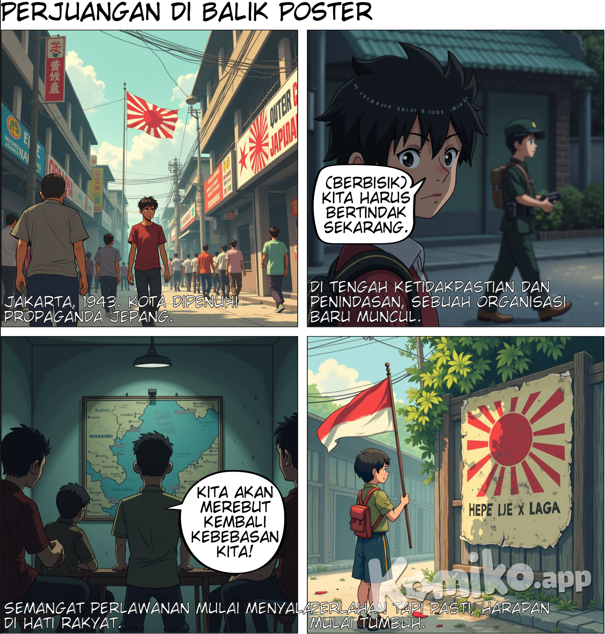 Gambar: Jakarta pada tahun 1943, suasana yang mencerminkan penjajahan Jepang dengan latar belakang poster propaganda. - Narasi: "Di tengah ketidakpastian dan penindasan, sebuah organisasi baru muncul."