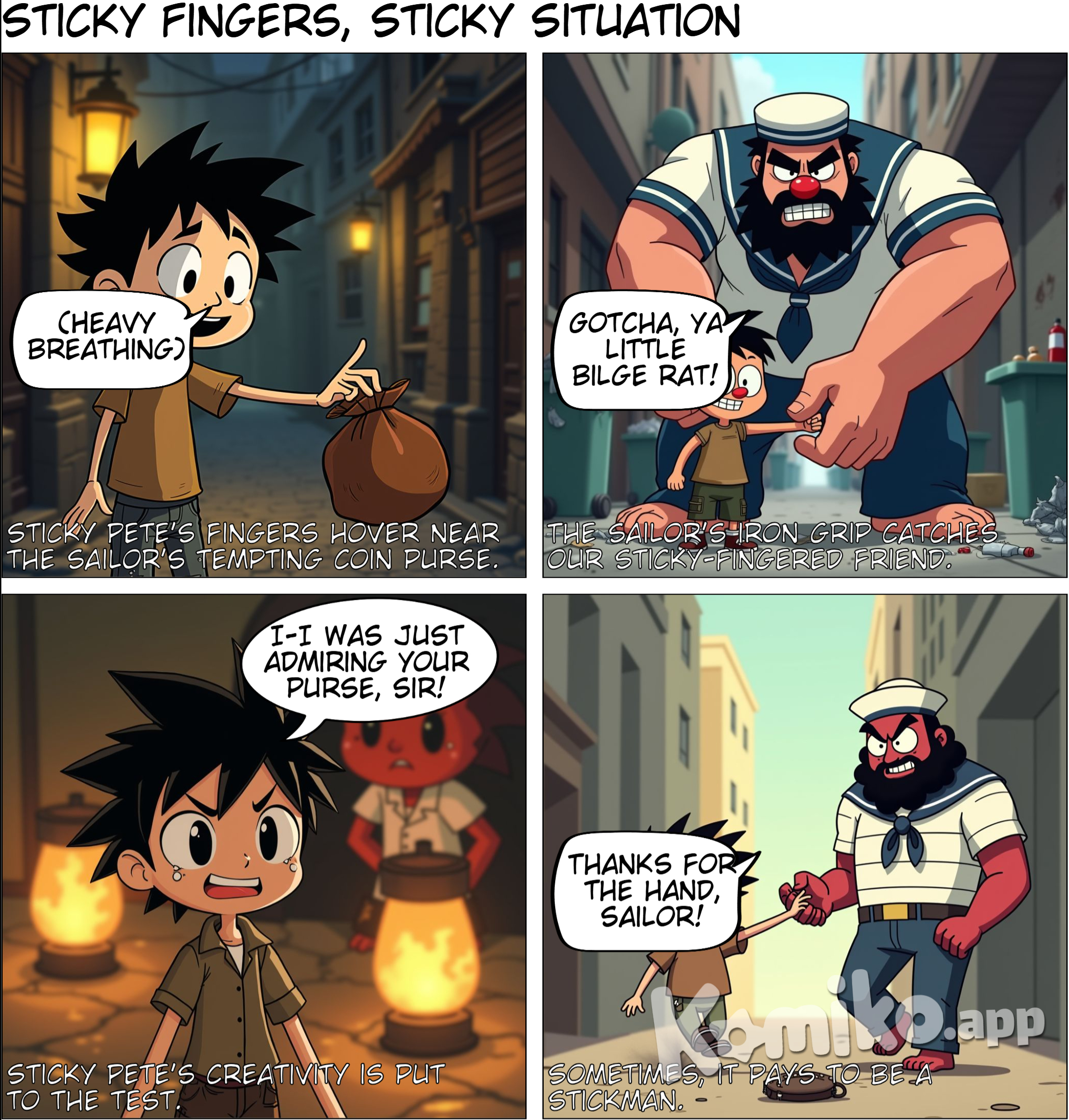 The protagonist is caught mid-act, fingers inches from a sailor's coin purse. The sailor's massive hand clamps down on the boy’s wrist, and his angry face looms over. The protagonist, wide-eyed and nervous, stammers while the coin purse dangles precariously. Include background details like the messy alley behind the tavern and the faint glow of lanterns for setting. make the charcters stickman like