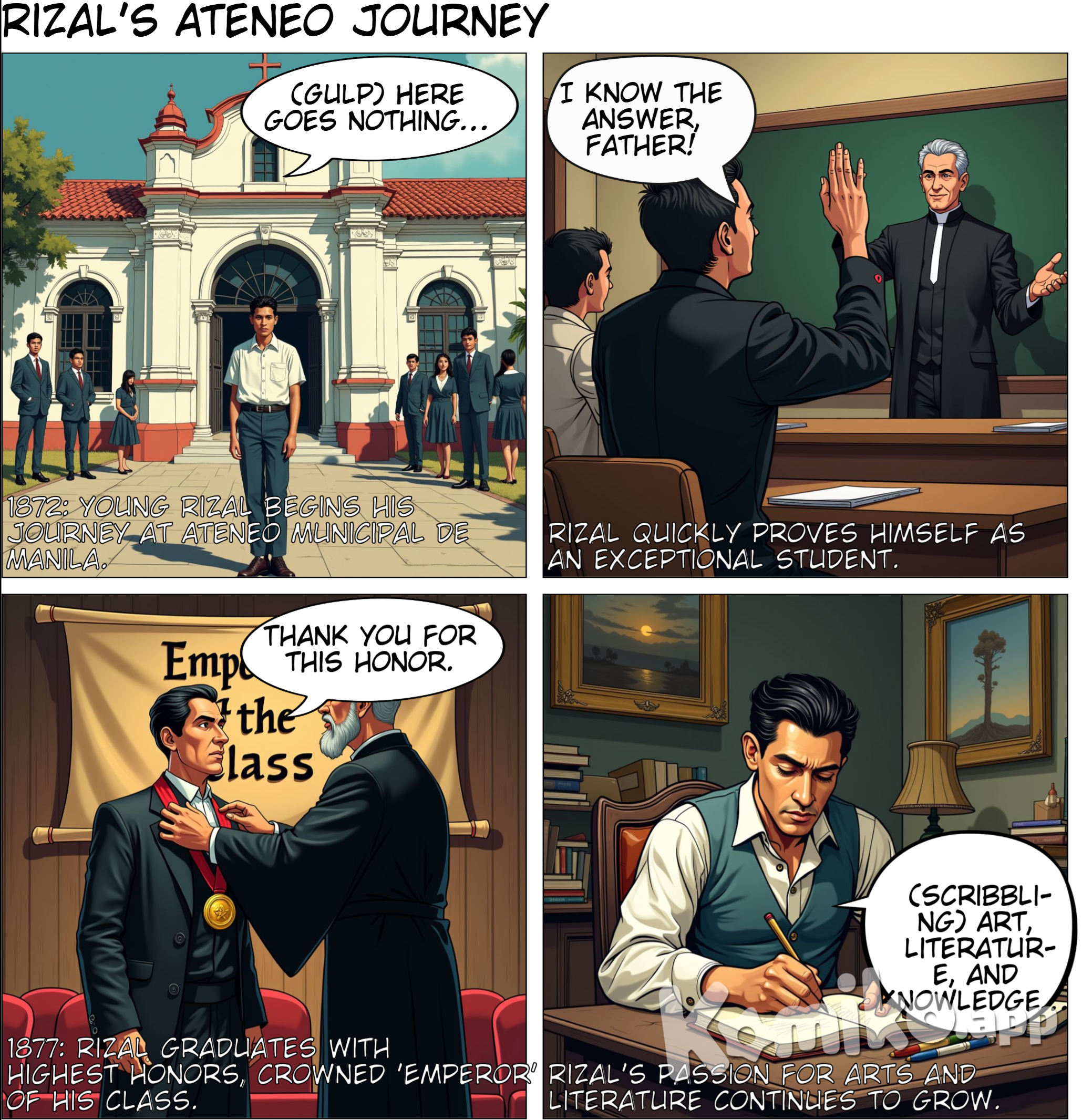 Secondary Education (Ateneo Municipal de Manila): In 1872, Rizal enrolled at the Ateneo Municipal de Manila, where he excelled academically. He graduated with high honors in 1877, earning a Bachelor of Arts degree. His performance earned him recognition as an "emperor" in his class, and he demonstrated a keen interest in literature and the arts.