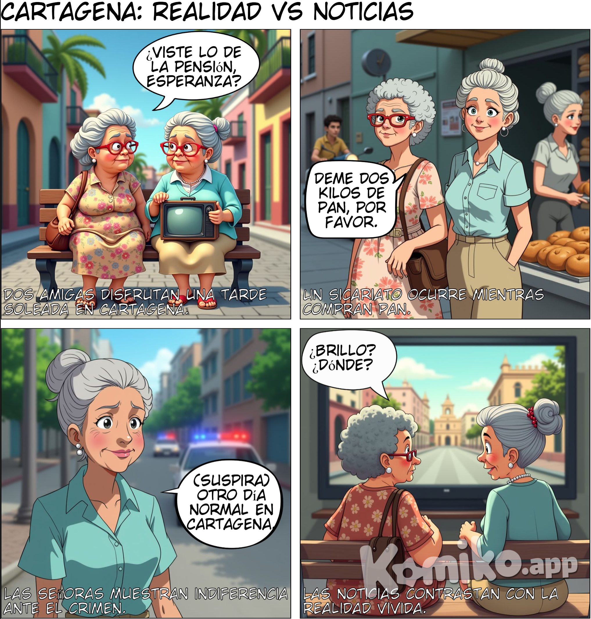 En una tarde soleada de Cartagena de Indias, se encuentran dos señoras de la tercerda edad viendo las noticias matutinas mientras conversan sobre sus vidas. Entonces, al momento de comprar dos kilos de pan presencian un sicariato a un joven en una motocicleta. Esto genera total indiferencia en las mujeres, quienes están acostumbradas a estos eventos en la cotidianidad. Después de presenciar este acto, miran en las noticias el titular de "Cartagena vuelve a recuperar su brillo", mostrando el centro histórico de la ciudad. 