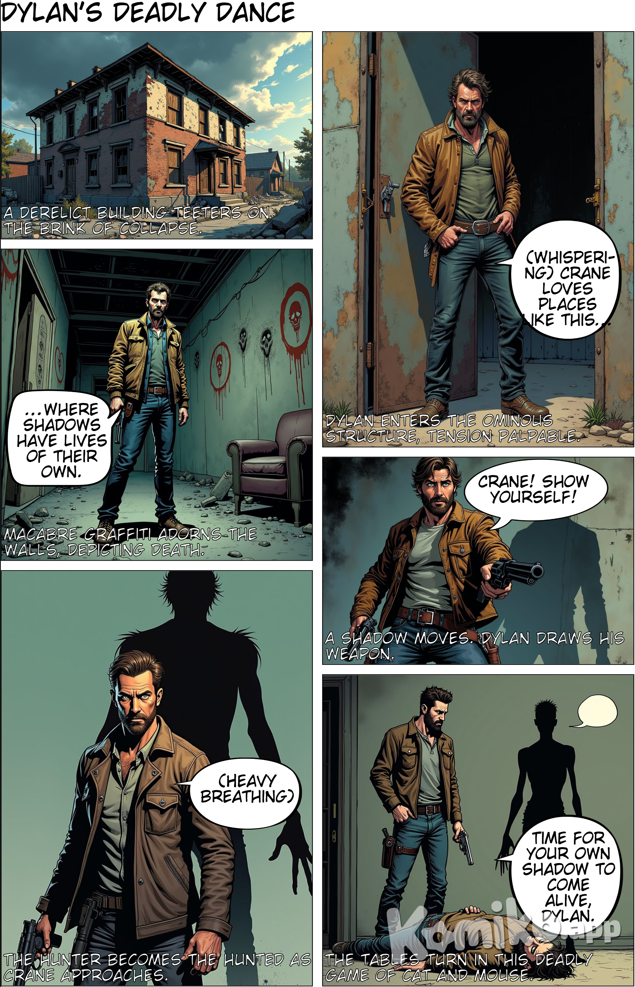 Panel 1: The building looks on the verge of collapse. Windows are boarded up, the wind howling through the empty hallways.  Panel 2: Dylan enters the building alone. Everything is silent, but the sense of danger is palpable.  Dylan: (Whispering) Crane loves places like this… where shadows have lives of their own.  Panel 3: The building’s interior. Walls are scrawled with symbols, images of death and despair.  Panel 4: In the distance, a shadow moves. Dylan turns and draws his revolver.  Dylan: Crane! Show yourself!