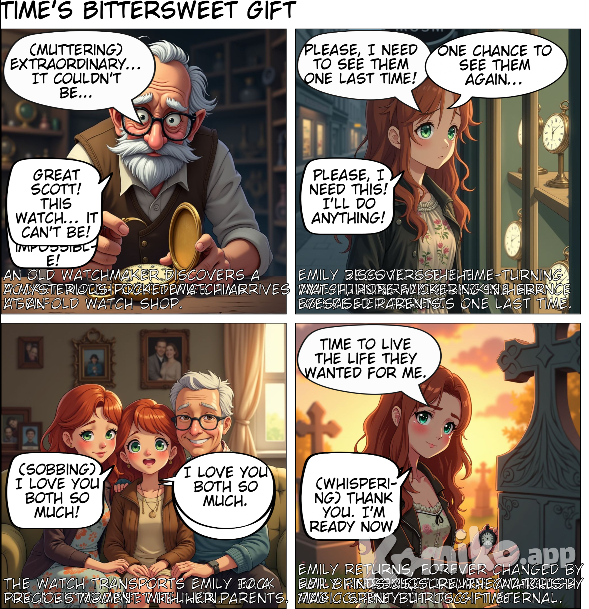 In a small town, there is an old watch shop, and the owner is an old watchmaker. One day, he received an old pocket watch with a mysterious date engraved on it. The watchmaker discovered that this pocket watch seemed to be able to turn back time, but it could only be used once.  A young girl, Emily, suffers from the loss of her parents. She saw this pocket watch in the store and decided to use it to change a small thing in the past. She hopes to see her late parents again, learn their last wishes, and gain some unspoken comfort and farewell.  When the hands of the pocket watch turned, Emily was taken back to a warm home. She spent the last time with her parents and learned about their love and blessings. Back in the present, she has become stronger, learned to cherish every moment, and moves on with her parents' blessings.