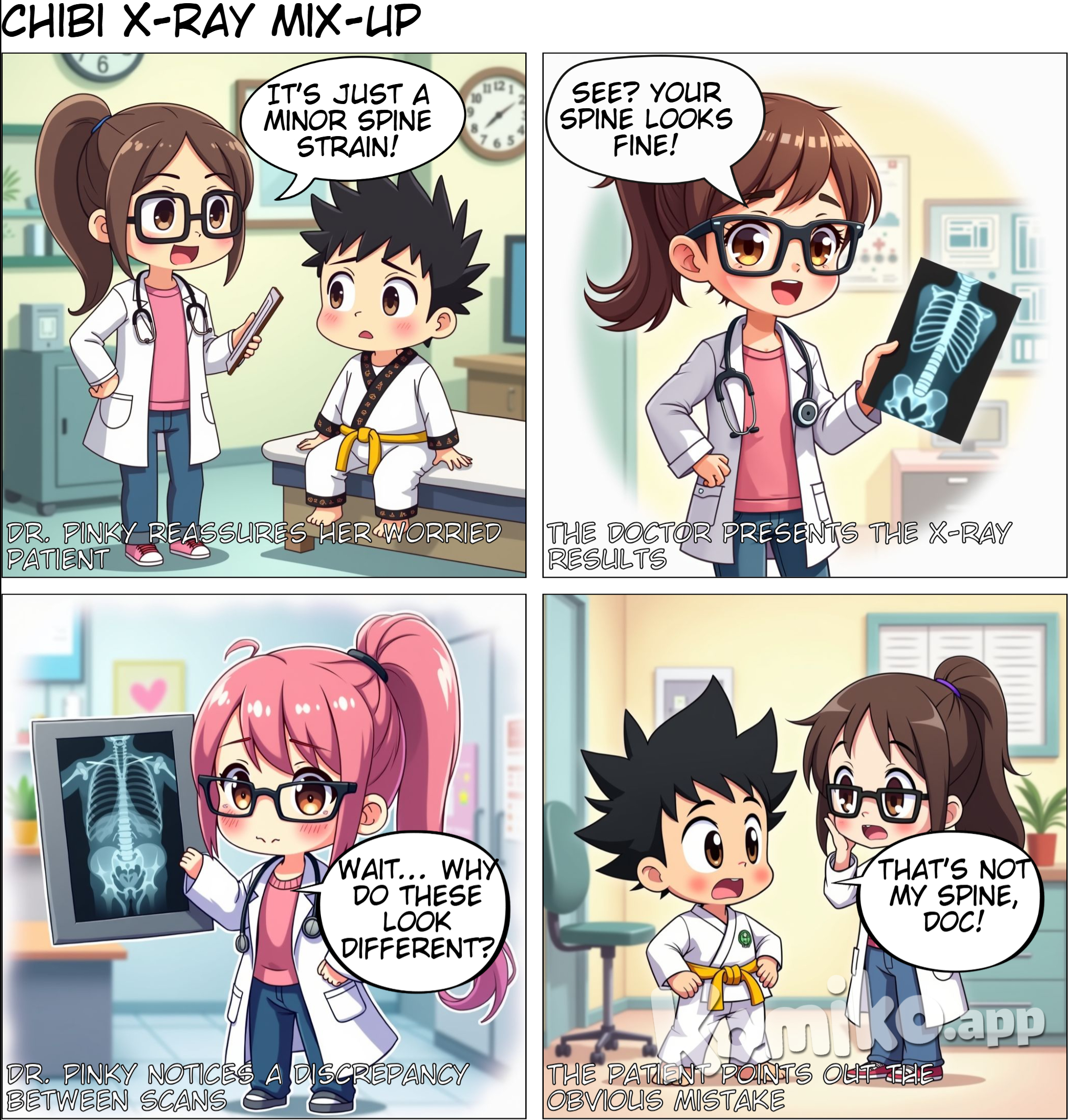 A doctor, a girl who is ponytailed has pink shirt underneath, has jeans for bottoms, and has eyeglasses told to his patient a guy who is wearing taekwondo clothes with yellow belt, that there is only a minor strain in his spine. The doctor then compared a photo of an x-ray from an mri scan and ask the guy about their difference.  make in chibi artform
