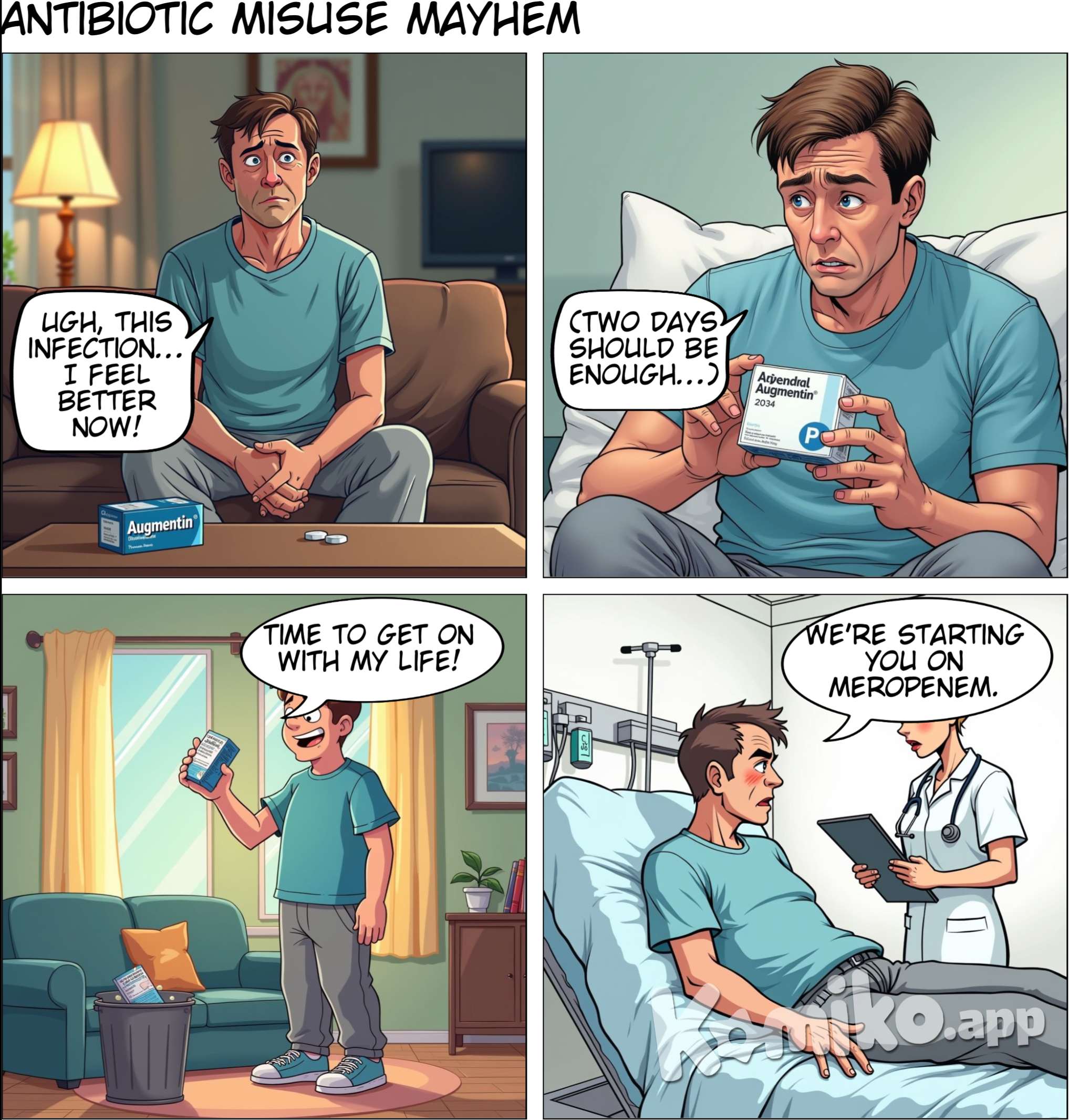 Comic Title: "The Antibiotic Dilemma"  Panel 1 Caption: "Flashback: Just a week ago..." Scene: Patient P sitting on a couch, looking a bit unwell. He has a box of Augmentin on the coffee table. Patient P: "Ugh, this minor infection is driving me crazy... but I feel a bit better now!"  Panel 2 Scene: Close-up of Patient P looking at the Augmentin box with hope. Patient P (thinking): "Just two days of Augmentin should be enough!"  Panel 3 Scene: Patient P tossing the Augmentin box into the trash, smiling while standing up. Patient P: "Time to get on with my life."  Panel 4 Caption: "A week later..." Scene: Patient P in his bedroom, looking unwell again. He has a grimace on his face, and his forehead is sweating. Patient P: "No... not again!"  Panel 5 Scene: Patient P holds his stomach in discomfort, his eyes widening in realization. Patient P: "Why isn't the Augmentin working?!"  Panel 6 Caption: "Days later, in a hospital room..." Scene: Patient P is lying in a hospital bed, looking pale and IV drip attached. A nurse is beside him. Nurse: "We're starting you on meropenem. It's a last-resort antibiotic."  Panel 7 Scene: Patient P looks worried, sitting up slightly in bed. Patient P: "I didn't think it would come to this…"  Panel 8 Caption: "Moral of the story..." Scene: Full-body shot of Patient P looking determined but a bit ashamed. Patient P (thinking): "Taking antibiotics without a prescription is risky. Next time, I’ll see a doctor first!"