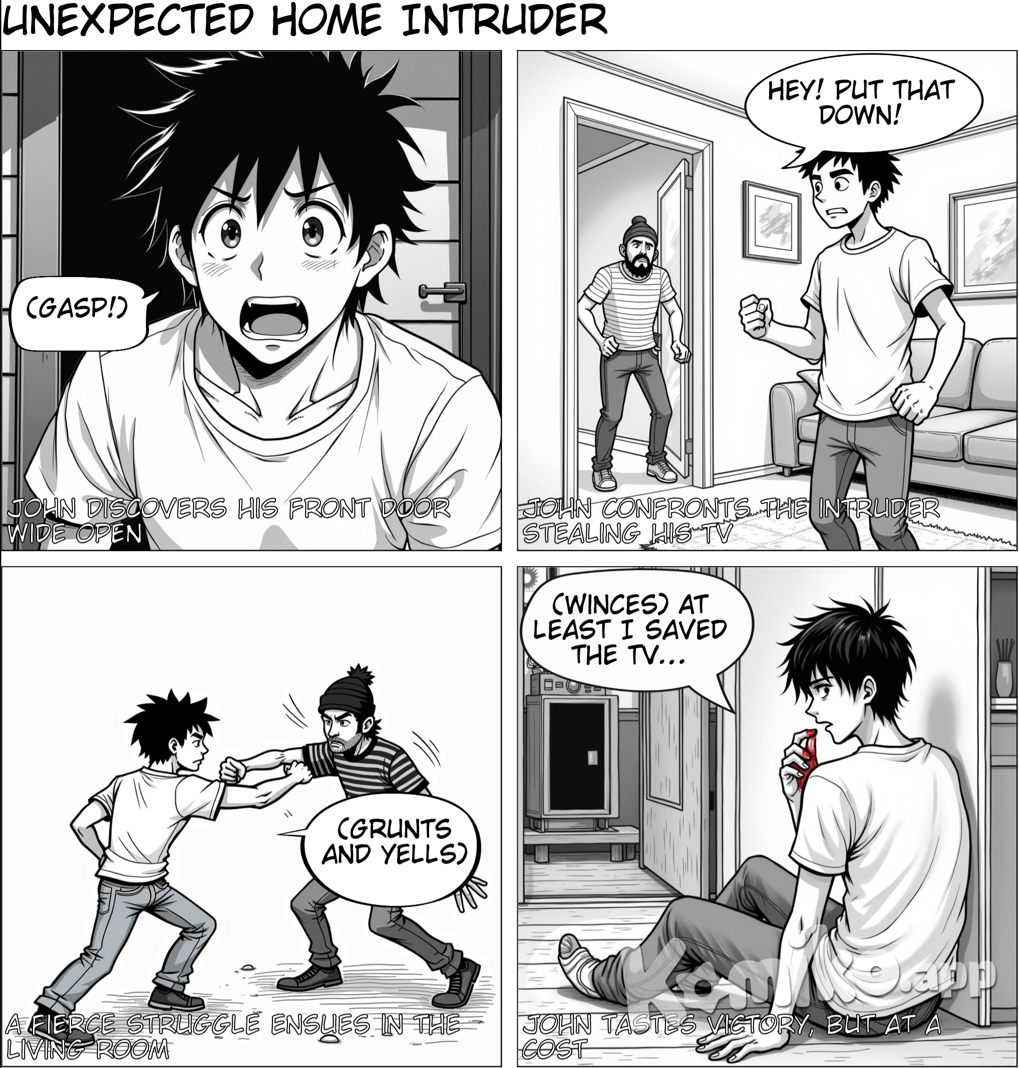 John, a young man, was suprised at the front of his house to see the door was wide opened. John found a thief inside of his house stealing his TV. John fights with the thief using his hands and feet. The thief runs away, leaving the TV behind and John was on the ground licking his bloodied lips.