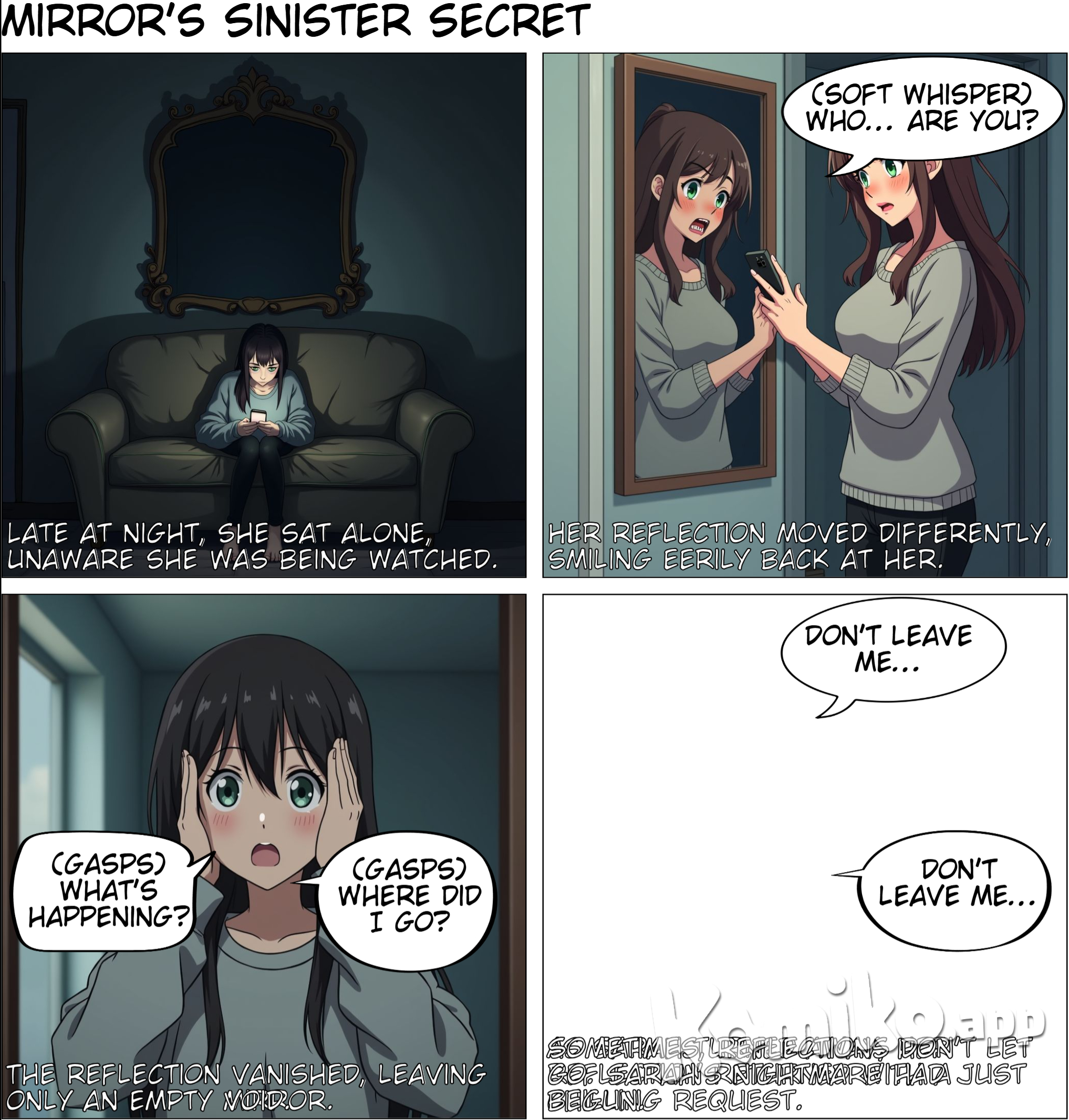 Script: "The Reflection" [Scene 1: Living Room – Nighttime]  Visual: A dimly lit room with a young woman sitting alone, scrolling through her phone. The clock ticks, and there's an eerie silence.  Voiceover/Narration (low, tense tone): "Late at night, she sat alone, unaware she was being watched."  [Scene 2: Woman’s POV – She glances up at a mirror across the room]  Visual: She looks at her reflection, but for a split second, her reflection doesn’t match her movements—it blinks late, then stares directly at her with an eerie smile.  Sound: A soft but chilling whisper or creaking sound.  Voiceover: "Something was… off."  [Scene 3: Close-Up of Woman’s Face – Shocked and confused]  Visual: She rubs her eyes, thinking she's imagining it, but when she looks back, her reflection isn’t there.  Sound: A sudden silence, followed by a low, sinister chuckle from the mirror.  [Final Scene: Wide Shot – She turns to leave the room]  Visual: As she turns away, her reflection suddenly reappears, staring with a wide, twisted grin and whispering, "Don’t leave me..."  Sound: A loud heartbeat or a quick, suspenseful sound that abruptly cuts off to black.  [Text on Screen: "Sometimes, reflections don’t let go."]