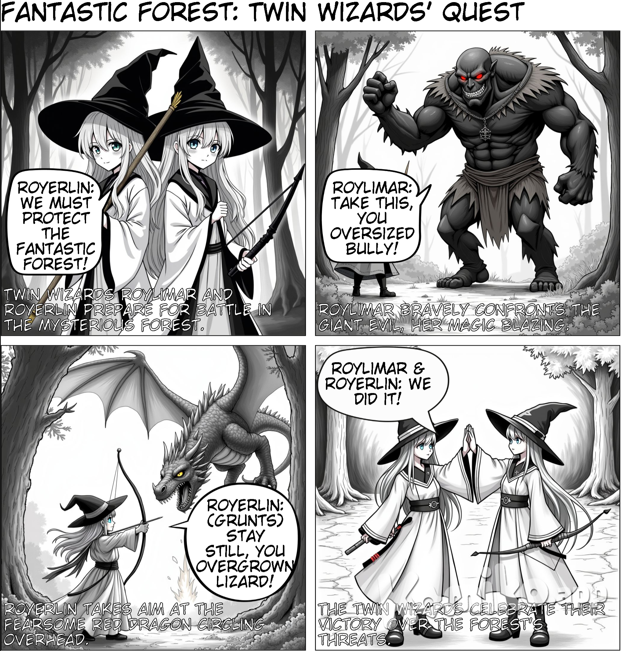 The game is called fantastic forest. it takes place in an forest. there are twins female WizarD, Dragon, Giant Evil. There is they are twins, red dragon, giant. The protagonist is the Roylimar and Royerlin. The bow, arrow, shield and magic wand. The witch has to fight against the Royerlin defeat the dragon.
