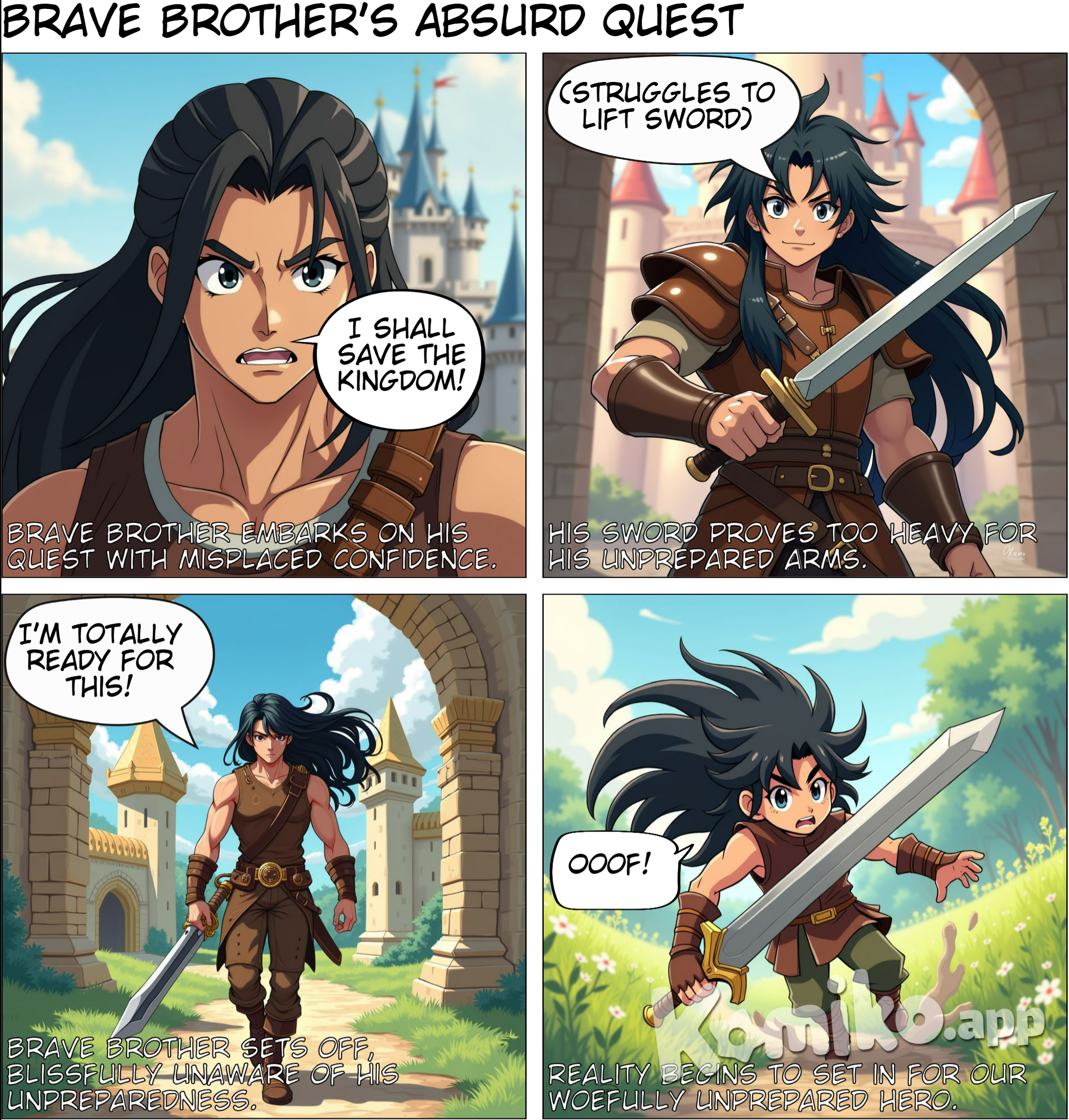 Character 0 is Brave Brother, description: A muscular young man with long, flowing black hair. He wears leather armor and has a determined expression on his face.. The Brave Brother walking away from the kingdom. He's clutching the sword and wearing the ring, looking utterly ridiculous and unprepared for the task ahead, anime style with soft pastel color and soft lighting