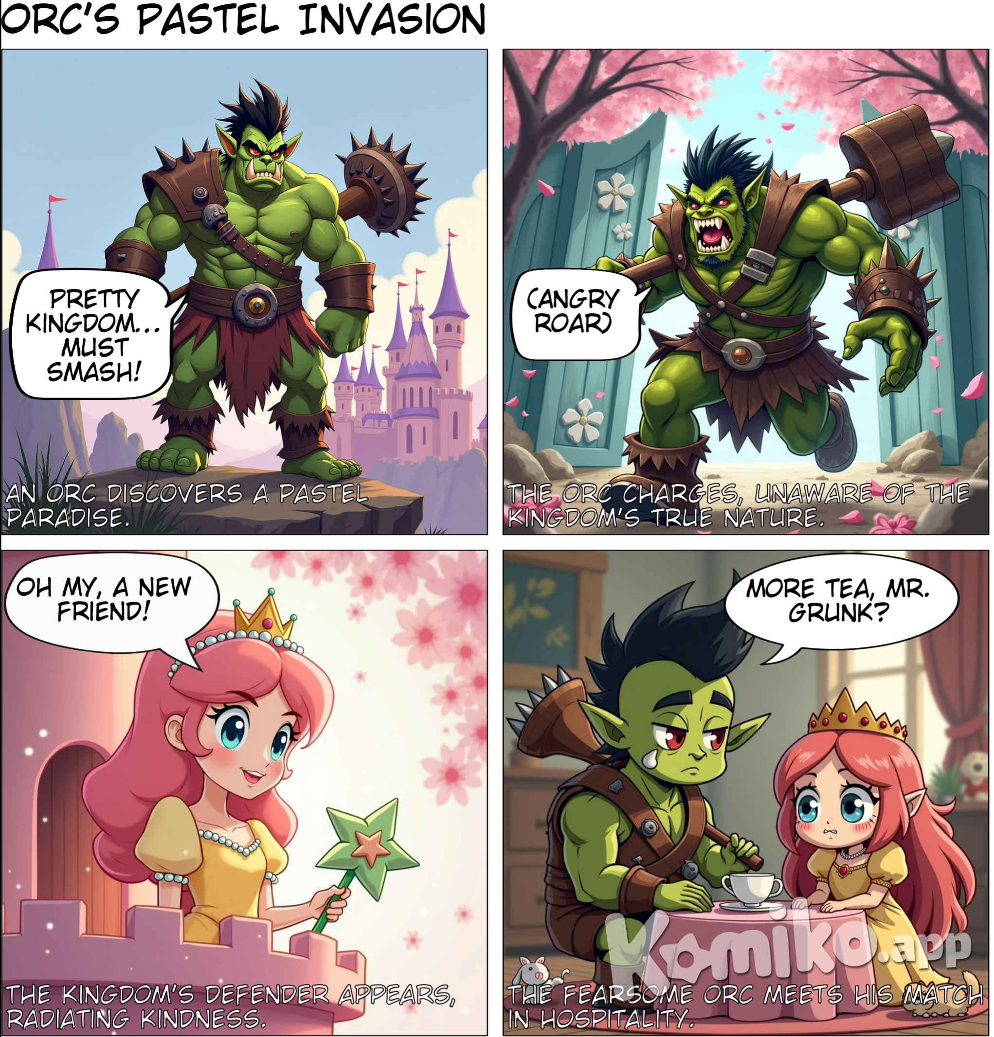 An orc attacking a kingdom, anime style with soft pastel color and soft lighting