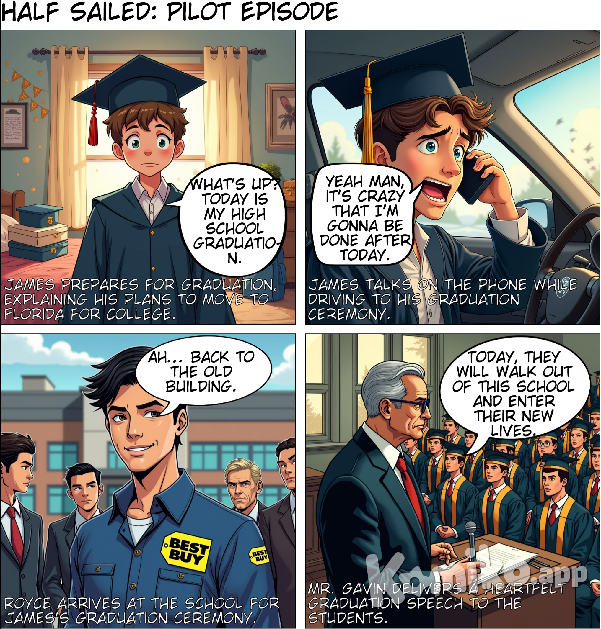 HALF SAILED SEASON 1: PILOT  written by  Royce Hall                                          HALF SAILED  EPISODE 1: PILOT  WRITTEN BY ROYCE HALL  FADE IN:  EXT. JAMES’S BEDROOM - JUNE 20TH, 2027 - MORNING  James is in his bedroom getting his stuff ready for his graduation.  JAMES  (talking to the audience)  What’s up? Today is my high school  graduation. If y'all don’t know, I  will be moving to Orlando, Florida with  my best friend Royce in August to  attend Full Sail University.  He then looks at a picture of him and Royce before going off to the school.  CUT TO:  INT. JAMES'S CAR - MORNING  James is talking on the phone with Royce while they're both driving.  ROYCE  You ready for graduation?   JAMES Yeah man it’s crazy that I’m gonna be done after today, it feels like I’ve been at this school for forever, to be honest I didn’t really wanna go to Florida to go to college with you at first but then I realized you have no other friends and I was like yeah I would probably be a bad friend if I left you behind, also you gave me this nice Magic the Gathering card, really appreciate it.. ROYCE Your welcome..but what do you mean? I have other friends… JAMES Who else Matt  ROYCE Yeah and uhhh…  JAMES Uhhh exactly. . 	ROYCE Okay Jimmy..what time is the graduation..  	JAMES What did I tell you about calling me Jimmy..stop it, it’s not funny you imbecile   ROYCE Alright damn chill..What time is the graduation?  JAMES  I think it’s 11, I’m pretty sure.  ROYCE  Alright, I’ll get there a little  earlier. I haven’t been at the  school in about a year, so I can’t wait to see everyone that I hated.. ROYCE (CONT'D)  (talking to the audience)  What’s up? I’m Royce. I graduated  high school last year but I’ve been  waiting a year for my best friend  James to graduate. We both got  accepted into Full Sail. He’s  graduating today, so this is it.  EXT. Y.A.L.E SCHOOL - MORNING  Royce approaches the school.  ROYCE  Ah... back to the old building.  Mr. Gavin, James and Royce's old teacher and the host of the graduation ceremony, walks up to Royce.  MR. GAVIN  Ahh, look who it is, guys! It’s our  old student.  ROYCE  Hey, wassup guys? Haven’t been here  in a while.  MR. GAVIN  Yeah, I mean, you graduated last  year but still glad to see you here  again..I see you’re wearing your Best Buy outfit…(muffles) I always knew you were gonna be a screw up.. 		ROYCE The hell is that supposed to mean?? MR GAVIN I’m just messing with ya..(laughs) congrats on your acceptance to Full Sail..I’m sure you and James will do great ROYCE Thanks man (laughs)  James walks up to Royce in his cap and gown. 3.  JAMES  Yooo, wassup man? You came a little  early.  ROYCE  I said I was coming at 10:30.  JAMES  Ahh, what the hell are you  wearing??  ROYCE  What do you mean? Is this not  formal enough for you?  JAMES  Bro, you’re wearing your Best Buy  outfit.  ROYCE  Yeah, I thought it looked nice.  JAMES  So, out of all the outfits you  decided to choose to wear for my  high school graduation, you decided  to wear your work outfit...  ROYCE  Yeah, what do you mean? It’s  convenient. I have to go to work  after this anyway.  JAMES  Jesus Christ, man... whatever.  MR. GAVIN  (grabs microphone)  Hey, can I have everyone’s  attention?  Students are talking loudly as Mr. Gavin tries to get everyone's attention.  MR. GAVIN (CONT'D)  Hey guys, ENOUGH! Today we’re  celebrating the graduation of 120  students. It’s the end of an era  for these students but a new  beginning.  MR. GAVIN (CONT'D)  Today, they will walk out of this  school and enter their new lives,  whether it’s some of them going off  to college or getting jobs, they  will enter the real world.  CUT TO:  After Mr. Gavin already has announced a few of the students, he then gets ready to announce James.  MR. GAVIN (CONT'D)  James McCloskey.  Audience starts cheering while Royce stands up clapping his hands. ROYCE  WOOO YEAH, LET'S GOOO!  JAMES  Thank you, Mr. Gavin.  James receives his diploma and walks back over to his seat. It then cuts to the end of the graduation where James walks over to his mom and Royce ROYCE  Well if it isn’t the graduate himself..congrats James Royce and James lightly hug. JAMES  Thanks man.. I’m having a party at 5 with  the fam if you wanna come.  ROYCE  Yeah, sure. I’ll definitely be  there. I mean, I have work at 1, so  I may be a little late but I’ll ask  if I can get off early.  JAMES  Alright, bet. See you there.  MICHELE Hey Royce, you wanna drive James  back to our house?  ROYCE  Yeah, that’s cool with me if that’s  alright with you.  MICHELE Yeah, just make sure he gets home  safely. Thanks for everything. 5.  ROYCE  You’re welcome, Ms. Michele.  INT. ROYCE'S CAR - AFTERNOON  Royce and James get in his car and start driving while "Champion" by Kanye West starts playing. Royce then drops off James at his house.  ROYCE  Alright, I’ll see you later. I’m  about to head to work.  JAMES  Alright, see ya man.   A timecard shows up where it cuts to a month later. Date: July 20th, 2027.  Royce is on the phone with James and their other mutual friend Matt.  JAMES So, wait, what did y'all say in the  group chat?  ROYCE I just wanted to see if y'all  wanted to do a trip next weekend to  try and get ready for Florida MATT To where? JAMES I would choose Atlantic City..it’s just I go there all the time but I wouldn’t mind exploring somewhere new ROYCE Nah we should go to New York City where Matt is.. 				JAMES 				Nah I’d rather not..New York has too many people, too many people that can possibly unalive me 				ROYCE What…you think you have opps in New York City?? I can tell you right now no one’s out to get a gay avid Magic The Gathering player.. 				JAMES You could’ve just said avid Magic the Gathering player..you didn’t have to add the gay  					ROYCE (mimicking James in a high-pitched voice) you could’ve just said avid Magic the Gathering player..you didn’t have to add the gay.. James exits the call. 					ROYCE 					James..James.. 					MATT 					I think he left the call.. 					ROYCE 					Yeah I know that.. 					 						 MATT I’m sorry..I couldn’t tell since you were literally just calling his name James enters the call again  					JAMES New York City? More like New Dork  City, am I right?  (Awkward silence for 3 seconds)  					MATT Anyways Matt..you mind if we go to New York and we hang out there… 					MATT 	Yeah that would be great..you’re staying for the weekend?? 					ROYCE 					Yeah probably JAMES  Alright, you know what fine I’ll go  ROYCE  I don’t remember you having a  choice.  JAMES  You know what, nevermind ROYCE  No bro relax, I’m just screwing with you. I’ll look at my schedule and give you guys a day next week  MATT  Where are we going in New York  City? I haven’t been to a lot of  places outside the Bronx, not gonna  lie.  ROYCE  Probably Times Square or Manhattan  or something like that.  		JAMES Times Square..more like who cares am I right guys..UP TOP! (Awkward silence for 3 seconds) 					ROYCE Alright talk to you later guys..  CUT TO:  EXT. JAMES'S DRIVEWAY - THE NEXT WEEK  Royce pulls up in James’s driveway.  MICHELE  Alright James, you have your stuff  		JAMES Yes Ma..  MICHELE Hey Royce.  ROYCE  Hey, Ms. Michele.  NICOLE  You sure you guys are gonna be  alright?  		JAMES Alright see ya Ma ROYCE  Yeah, we’ll be fine. It’s only 2  days.  NICOLE  Alright, see ya.  ROYCE  Bye... you ready, bro?  JAMES  Hell yeah, it’s gonna be a lit  weekend.  ROYCE  Yeah, sure. Hopefully, this doesn’t  turn out like the D.C trip last  year with just us...  JAMES  What happened on that trip again?  ROYCE  We got hooked on acid.  JAMES  Huh? When the hell did that happen?  ROYCE  Oh wait, no. Nevermind, that was  one of my stories I created a while  ago.  JAMES  You know what, Royce? Maybe you are on acid  (Phone rings)  ROYCE  Oh wait, Matt’s calling me.  Hi.  10.  MATT  JAMES   Yeah, we know you are..  What?  MATT ROYCE   Nothing. The GPS says we’ll be  there around 6, so we should be  there soon.  MATT  Alright, bet. See ya guys when you get here.  (Plays "Empire State of Mind" by Jay-Z) Shows them driving in New York City.  JAMES  Damn, this looks crazy.  ROYCE  What do you mean? I thought- oh  nevermind, I forgot you haven’t  been here before.  JAMES  Can you just not ask stupid  questions today? Like it’s called  thinking before you speak...   .  ROYCE  Okay, Jimmy.  JAMES  (crumbles paper)  (Throws paper at Royce’s  face)   Ow.  ROYCE JAMES   I told you about calling me Jimmy, I swear I will make both of us crash  11.  ROYCE  Jeez man relax..I was just busting your chops  JAMES  (Bleep) you  ROYCE  Woah, hey, there are children here.  JAMES  Bro, it’s just us.  ROYCE  Yeah the child’s right beside me.  JAMES  Oh, shut the hell up man. Royce  (Laughing)  EXT. MATT’S DRIVEWAY - EVENING  MATT  Yooo, what’s good guys.  ROYCE  We’re good. We’re a little tired  from the drive. We were just turning up  to Tyler, The Creator in the car.  MATT  Damn, I was just making some music  before y'all came. We’re pulling up  to Times Square, right?  ROYCE  Yeah, I guess.  JAMES  I’m lowkey trying to eat first. I’m  hungry as hell. I’ve barely ate  today.  ROYCE  (Cough) Fatty (cough)   Oh JAMES   12.  MATT  Okay, a lot of the time Royce is  smart but here are moments like  this where he’s just a complete  idiot.  ROYCE  Okay, I wasn’t counting myself.  Just relax.  JAMES  Why the hell would you not be  counting yourself? Just proving my  theory that you could possibly be  on acid...  (Matt gives a concerned look)  JAMES (CONT'D)  You don’t need to make that face.  We know you’re on acid or some  other type of substances.  MATT  What? Huh? No I’m not...  JAMES  Okay, buddy.  ROYCE  Can you guys shut the hell up...  table for 3.  HOST  Alright, it’s gonna be about a 40-  minute wait.  ROYCE  40 minutes? Jesus, alright...  JAMES  40 minutes? Damn.  ROYCE  Is it alright if we leave and come  back when our time is up?  HOST  Yeah, you can sign up for this app  real quick that’ll notify you when  your table is ready while you’re  out. 13.  ROYCE  Alright, thanks.  MATT  Did you sign up?  ROYCE  What do you think I’m doing right  now?  MATT  Jesus man, chill. I was asking a  question, my god.  ROYCE  I’m messing with you.  JAMES  Alright, y’all wanna go out and  walk a little?  MATT  Alright, yeah.  Walks outside into the New York scenery.  (NY State of Mind by Nas plays)  ROYCE  Oh look, here’s a thrift shop.  MATT  Ain’t no way we went to Times  Square, one of the most expensive  places in the world, just to go to  a damn thrift shop.  ROYCE  They probably have cheap stuff. We  gotta save up for college so we  can’t spend that much.  INT. THRIFT SHOP - NIGHT  ROYCE  Yo, some of these clothes are kinda  fire, not gonna lie.  JAMES  Bro, what the hell are these-wait  hold on, this shirt is nice as  hell. 14.  (Big Poppa by the Notorious B.I.G plays)  Walks out of the store with a bunch of clothes.  Royce is wearing black sunglasses and a chain, James is wearing a backwards cap and a tanktop, and Matt is wearing a biker jacket.  JAMES (CONT'D)  We are so dumb... didn’t we just  say we were saving up for college?  Two hundred and fifty dollars?  ROYCE  Yeah, I know and we still gotta pay  for the dinner.  MATT  Damn, we’re about to be broke when  we move out. You already bought a  lot of the furniture, right?  ROYCE  Yeah, and I got a job at Walmart  but someone hasn’t applied to a job  yet.  MATT  I haven’t applied either.  ROYCE  My god... oh, look at this, it’s a  Coca Cola store. Let's go in.  INT. COCA COLA STORE - NIGHT  JAMES  They have different Cokes you can  try.  ROYCE  We should try some of them... hey,  how much is it to get a sample of  each Coke?  SERVER  20 dollars.  (Pulls out 20 dollar bill)  ROYCE  Alright, here you go. 15.  SERVER  Alright, your tray will be at your  table in 5 minutes.  JAMES  Alright, thanks.  (Cuts to 5 minutes later)  SERVER  Here’s your tray.   Thank you.  ROYCE   MATT  Alright, let’s try some of these.  Why is this one orange and why is  this one red?  ROYCE  I don’t know Matt, you tell me.  MATT  Why would I be telling you? I just asked you.  ROYCE  Just hand me the damn drink.  (Sips drink and immediately spits it out)  ROYCE (CONT'D)  Eughhhhh, that is... woo my god,  that is definitely a drink. That is definitely one of the drinks of all time.   Is it bad?  JAMES ROYCE   Is it bad? Oh, it’s definitely something, that’s for sure.  JAMES  Just tell me if it’s bad.  ROYCE  Just try it for yourself.  JAMES  Why are you—(grunts) alright. 16.  (Spits out drink)  JAMES (CONT'D)  What the—what the hell is that? It  tastes like my mom’s tam—you know  what, nevermind.  ROYCE  Your mom’s what?  MATT  I don’t think you wanna know what  he said.  ROYCE  Alright, whatever...  (3 seconds of silence)  MATT  This is horrible though. You just  wanna head out and eat?  JAMES  Yeah, this tastes like horse feces.  ROYCE  Explain to me how you would know  what that tastes like...  JAMES  I’ve tasted a lot of things...  ROYCE  Ummm...(silence) okay then... let’s  go eat, our table is ready.  (Walks back to Bubba Gump)  INT. BUBBA GUMP SHRIMP - NIGHT  ROYCE  Alright, we’re back.  HOST  Okay, your table is ready. Let me  walk you guys there real quick.  (Walks to the table)  HOST (CONT'D)  Alright, here’s your table. Your  waiter will be up soon. 17.  ROYCE  Alright, thanks.  (Opens menu)  ROYCE (CONT'D)  What are y’all looking at getting  right now?  MATT  Probably a burger or something.  JAMES  I don’t know what I’m getting yet.  I mean, the place is called Bubba  Gump Shrimp, so their shrimp must  be one of the best things on the  menu.  ROYCE  Pretty true. I don’t know, I’m  probably just gonna get chicken  tenders and onion rings. I’m not  trying to spend that much money.  JAMES  Number one, why are you being  cheap? We’re in New York City of  all places, and number two, chicken  tenders? What are you, 7 years old?  Grow up, get a steak or something.  ROYCE  Hey, shut up. Also, what the hell  is wrong with chicken tenders?  JAMES  Alright, fine. Order your chicken  fingers or whatever, I guess.  WAITER  Alright, what do you guys want to  order?  MATT  Alright, I’ll have the bacon burger  with fries.  ROYCE  Yeah, I’ll have the chicken tenders  with onion rings. 18.  JAMES  And I’ll have the shrimp with a  side of the rice.  WAITER  Alright, cool. Is that all? Any  drinks?  ROYCE  Yeah, I’ll get a root beer. What  about y’all?  JAMES  I’ll get a lemonade.  MATT  Yeah, me too.  (Waiter walks away)  ROYCE  Yoo, that waiter was kinda bad.  JAMES  Can you not hit on a girl on a trip  for once? Is that a problem?  ROYCE  What else am I supposed to do?  JAMES  I don’t know, just live life.  ROYCE  You’re right.  MATT  Where are y’all trying to go after  we eat?  ROYCE  We can go to a nightclub maybe.  JAMES  Bro, a nightclub? Why do we have to  go to a club? Can’t we just walk  around or, I don’t know, go  somewhere else?  ROYCE  Oh my god, man, stop being so lame.  We might as well. We’re all over 18  at this point and what else is  there to do here... 19.  JAMES  I’m pretty sure there’s a lot of  other things to do in New York  City, but you know what, fine. I’ll  go... only for like an hour or two  though.  ROYCE  Alright, we’ll see.  MATT  What? What are we doing?  ROYCE  Did you not listen to our  conversation at all?  MATT  Oh, I’m sorry because it kinda  seemed like you guys were just  talking.  ROYCE  Do you want to go to the club with  us? Yes or no?  MATT  Yeah, sure. I’ll go... not for that  long though, maybe until around 10-  11, but yeah, sure.  ROYCE  11? Bruh, are you guys that tired?  MATT  Yeah, a little. I woke up early  today but I’m not too tired. I can  stay up.  (Waiter returns with food)  WAITER  Alright, here’s your food.  (Puts food on the table)  ROYCE  Oh, thanks.  WAITER  You’re welcome. Is there anything  else I can grab you? 20.  JAMES  Nah, I think that’s it. You guys?  ROYCE and MATT  Nope.  WAITER  Alright, enjoy.  JAMES  Don’t y’all think that came out a  little too fast?  MATT  It was like 10 minutes but yeah, I  guess. I mean, there’s not a lot of  people here though, so that’s  probably why.  (eats chicken)  ROYCE  This needs more salt.  (Grabs salt)  JAMES  I can be the judge of that... (eats  chicken) Royce, are you serious?  This has enough salt. Put the damn  salt down.  (grabs salt out of his hand)  (Cuts to all three finishing their food)  MATT  That was actually pretty good.  JAMES  Yeah, it was pretty alright.  WAITER  How was the food?  ROYCE  Pretty good.  WAITER  Do you need a takeout box?  ROYCE  Yeah, that would be great, thanks. 21.  MATT  Bro, it’s like one and a half  pieces of chicken tenders. You  can’t just eat the rest?  JAMES  He always gets takeout boxes for  literally everything... I have no  idea why.  ROYCE  So I still have stuff to eat for  the next day at home. That’s why.  MATT  Alright, you paid for it?  ROYCE  What the hell do you think I’m  doing right now?  JAMES  I don’t know man, it looks like  you’re just staring at the paper.  Maybe try actually signing the  check.   Oh wow.  ROYCE JAMES   What are you oh wowing about?  ROYCE  Hey guys, y’all have any money?  JAMES  No, why? I thought you said you were paying for the dinner.  ROYCE  Yeah, I was but I didn’t know it was gonna be this much.  JAMES  Oh my god...  ROYCE  Okay, first of all, I’m paying for the hotel.  JAMES  Yeah, which we also paid for. 22.  ROYCE  And also, why is it all on me? Why  can’t y’all pay for your own meal?  JAMES  Because we’re broke.  MATT  (laughs) Speak for yourself. I have  money. I got you, Royce.  (Puts down a $100 dollar bill)  JAMES  How much money do you have in your  pocket?  MATT  A lot. That’s all you need to know.  Anyways, y’all guys ready?  ROYCE  Yeah, I’m ready.  JAMES  Yeah, me too.  (Walks out of the restaurant)  EXT. TIMES SQUARE - NIGHT  MATT  Okay, what club are we going to?  ROYCE  I forget the name of it... it’s  some dance club though.  MATT  Isn't like the main thing to do at  a nightclub is drink? And we can’t  even do that.  ROYCE  I mean, there’s also music and  dancing which we all love. And we  can get non-alcoholic drinks so  we’re chilling.  JAMES  I don’t know man... 23.  ROYCE  Come on, I'm pretty sure we’ll have  some fun.  (In Da Club by 50 Cent plays)  (All three get out of the car)  EXT. THE FUNCTION - NIGHT  ROYCE  Alright, here we are... y’all  ready?  JAMES  Yeah, I guess.  (Opens door)  (A lot of people dancing and moving around)  MATT  Jesus, there are way too many  people here for my liking.  JAMES  Yeah, why the hell is it so loud?  And I thought I was immune to  noise...  ROYCE  Let's just go find a place to sit.  (Sits down)  SECURITY GUARD  Sorry, this is the VIP seating.  ROYCE  Yeah, that’s why we’re sitting here  and you’re a security guard working  at a nightclub making barely above  minimum wage...  SECURITY GUARD  You’re right. I don’t get paid  enough to deal with fools like you.  Do whatever.  JAMES  I’m a little thirsty though...  let’s go over to the bar area. I  wanna see what drinks they have. 24.  (Walks over to the bar area)  JAMES (CONT'D)  Hmm, this seems pretty good...  blueberry blast.  ROYCE  Yeah, I wanna try that also.  MATT  Alright, I guess I’ll try it too...  what is it?  JAMES  I think it’s like a blueberry  lemonade or something. I don’t  know.  MATT  How are blueberries and lemonade in  the same sentence?  JAMES  I don’t know... I guess we’ll find  out.  (All three sip their drinks)  ROYCE  Damnnnn, this is hitting.  MATT  Nah, this slaps.  JAMES  Yeah, this is fire.  (Royce aggressively sips the drink)  JAMES (CONT'D)  Damn, chill my man... are you just  looking to get a brain freeze?  ROYCE  This is not that cold to get a  brain freeze from.  JAMES  Yeah, you’re right.  (One More Time by Daft Punk plays) 25.  ROYCE  Ayy, let’s go. Time to get on the  dance floor.  JAMES  Yeah, I guess whatever (muffles)  even though I don’t dance really.  MATT  I’ll stay over here. I don’t wanna  dance really.  ROYCE  Come on man, you can try and pull  some girls over there.  MATT  Nah, I’m good. I’d rather stay in  the shadows and pull some girls  over here if I’m being honest.  ROYCE  Alright, whatever...  (Walks over to the dance floor)  ROYCE AND JAMES (CONT'D)  ONE MORE TIME!!!  (Jumping up and down to the song)  Katy, a blond haired girl walks up to James  KATY  Hey, what's your name?  JAMES  Hey... uh, it’s James.  KATY  Ah cool, my name is Katy. Is this  your first time here or like in a  club at all?  JAMES  Yeah, how did you know that? It’s  my first time in New York City in  general and it’s my first time in a  club.  KATY  Yeah, I kinda figured due to how  confused you looked. That’s why I  came over here. What do you do? 26.  JAMES  I’m sorry, what? The music is way  too loud.  KATY  LIKE WHAT DO YOU DO FOR A LIVING?  JAMES  Oh, I just graduated high school  but I’m moving to Orlando to go to  college next month.  KATY  You just graduated high school?  Nevermind, I’ll see ya.  JAMES  No, don’t leave... damn it.  ROYCE  (In a sarcastic tone) So how did it  go?  JAMES  Bruh, I said I just graduated high  school and she just walked away.  ROYCE  Yeah, sucks to suck. I haven’t even  approached a girl yet at all.  Should I try?  JAMES  Yeah, try that one chick over  there.  ROYCE  What? No? She’s like obese...  JAMES  First of all, why you fat shaming,  and second, what’s wrong with obese  girls?  ROYCE  No, I’m not talking to her... that  one looks pretty nice though...  alright, we’ll see...  Royce walks up to a girl named Maria who's a black haired Indian girl that's around the same age as him  ROYCE (CONT'D)  Hey, what's your name? 27.  MARIA  Who are you?  ROYCE  Oh yeah, my name is Royce.  MARIA  Please leave...  ROYCE  I can’t get your number? No IG  either? Damn.  MARIA  Please stop talking to me...  ROYCE  Okay, alright, I’ll leave you  alone.  MARIA  Please do.  JAMES  So how did it go?  ROYCE  Yeah, I suck.  JAMES  Yeah, we know. Let’s just go  home...  (Light Flex by Tone Sith and 2 Chainz plays)  ROYCE  Hold on... one more song.  (Takes off hoodie)  (Everybody moves out of the way to put Royce in the middle) (Starts dancing)  JAMES  Bro, what the hell are you doing  man?  (Does a flip)  (Cheering) 28.  ROYCE  Yoo, come on man. I gotta jump over  you.  JAMES  What the hell... no, stop.  (Ducks head)  (Royce jumps over James)  (Does a half split)  ROYCE  Woo, that was a workout.  (Cuts to Matt sitting)  MATT  Ah, nothing like Royce acting like  he’s the main character in public.  I’m gonna get another one of these.  (Gets out of seat)  ROYCE  Jesus man, chill out. I just jumped  over you. It wasn’t going to hurt.  JAMES  Yeah, that doesn’t disregard the  fact that it was still terrifying.  Tiara, a 22 year old brown haired white girl walks up to Royce in awe.  TIARA  Hey, that was pretty cool. What’s  your name?  ROYCE  Royce. How about yours?  TIARA  Tiara. Are those your friends?  ROYCE  Yeah, one’s at the lounge area and  then one’s right over there.  TIARA  Oh, what do you do for fun? 29.  ROYCE  Ah, you know, I just write, listen  to music, watch TV sometimes. I  also did martial arts for a  while...  TIARA  Damn, you do a lot. You seem pretty  cool though. Can I get your number?  ROYCE  Yeah, sure.  (Pulls out phone)  TIARA  Alright, what is it?   732-  ROYCE   A random guy who's tall and muscular named Josh walks up to Royce in anger.   HEY!  JOSH ROYCE   Who’s that? Is he talking to me?  TIARA  I think he is...  JOSH  What do you think you’re doing talking to my girlfriend?  ROYCE  Okay, first of all, she came up to me, so pipe down, alright? And also, who the hell are you?  JOSH  I’m her boyfriend.  ROYCE  What? You didn’t tell me you had a boyfriend?  JOSH  I just said that she was my girlfriend. You need a hearing aid, buddy? 30.  TIARA  We only met each other like 10  minutes ago. Also, I didn’t think  it would matter.  JOSH  Back off now or...   Or what?  JAMES JOSH   Oh, you guys have a group, huh?  BOYS!  3 of Josh's friends who are muscular and tall begin to walk over to Royce and James  MATT  Ah, what the hell is going on over  there? (sipping drink)  (Gets up and walks over)  MATT (CONT'D)  Alright, what’s going on? We can  figure this out.  JOSH  This bozo tried talking to my girl.  MATT  Royce, come on man. You didn’t try  talking to a single girl?  ROYCE  I didn’t know she wasn’t single.  MATT  Okay, whatever... just leave us  alone, alright? We don’t want any  beef.  ROYCE  Ayy, okay, I’m not striking first  so if this guy wants to square up  then I don’t see a problem with it.  This guy’s an idiot.  JOSH  What’d you call me? 31.  ROYCE  Oh, I’m sorry. Didn’t know you  needed your hearing aid. I said  you’re AN IDIOT.  (Josh pushes Royce)  (Royce falls down)  JAMES  Aw, bring it on man.  MATT  Okay, so we’re just doing this...  alright then.  (James punches one of Josh’s friends)  (Royce gets up and tackles Josh)  TIARA  Guys stop... stop, ah whatever. I’m  leaving. Y’all can get beat up  together. I’m not watching this.  (Royce kicks Josh in the head)  (Josh picks Royce up and body slams him)  (James hook punches Josh’s friend and elbows him in the face)  (Josh tries to grab for a tackle but Royce hook kicks him in the face)   Yeahhh!  JAMES   (Royce punches James in the face)  JAMES (CONT'D)  Ow man, what the hell was that for?  ROYCE  Oh, I thought you were another  guy...   Idiot.  JAMES   (Josh’s friend runs away)  JAMES (CONT'D)  The hell is he running for? 32.  ROYCE  Wait, hold on a second... I think I  lost something. I lost the keys to  the car.  JAMES  Oh my god...  ROYCE  Run... RUN NOW, COME ON!  MATT  What happened?  ROYCE  He has the keys to the car.  MATT  Oh no, that’s bad...  ROYCE  Yeah, I know it’s bad, Matthew,  that’s why we’re running after  him...  ROYCE (CONT'D)  Hey, give our keys back... HEY!  (Josh drives off)  ROYCE (CONT'D)  Guys, come on, run!  (All 3 running)  JAMES  We’re not gonna be able to catch up  to him.  ROYCE  Yeah, you’re right. Let’s call the  police.  (Calls 911 on his phone)  ROYCE (CONT'D)  Hello, yeah, someone stole my car.  911 CALLER  Okay, we’ll be right there... just  stay calm.  (Police sirens) 33.  (Police cars pull up to the scene)  (The Next Episode by Dr Dre and Snoop Dogg starts playing) (End credits roll)