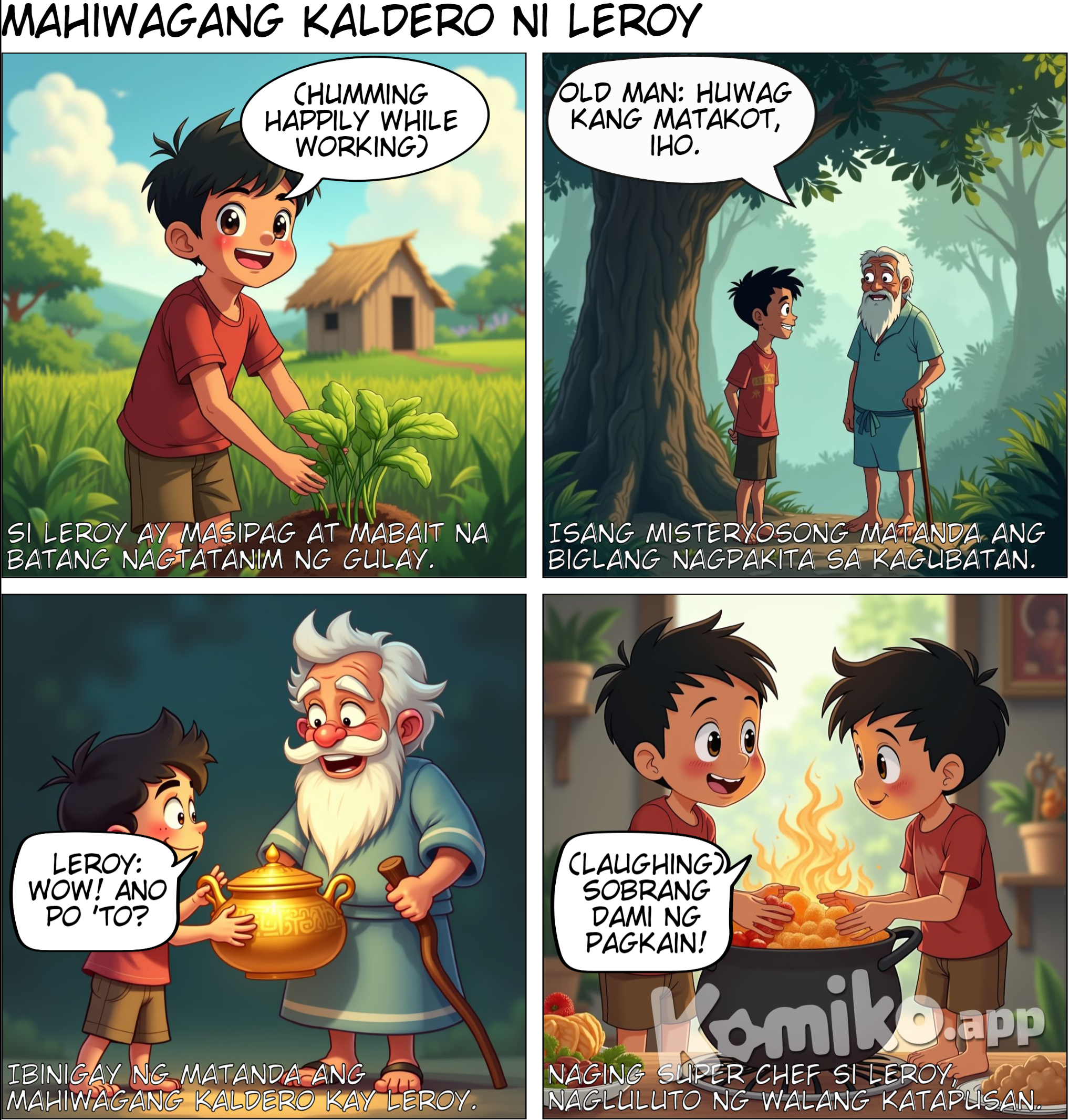 Panel 1: Leroy's Life •	Scene: Isang batang si Leroy, simple at masipag, nagtatanim ng gulay sa bukid. •	Caption: "Si Leroy ay masipag at mabait. Nagtatanim siya ng gulay para makatulong sa kanyang pamilya." Panel 2: Meeting the Old Man •	Scene: Si Leroy ay nakasalubong ng isang matandang lalaki sa ilalim ng puno. Mukhang naguguluhan si Leroy, pero ang matanda ay ngumiti. •	Caption: "Isang araw, nakita ni Leroy ang isang matandang lalaki sa kagubatan." Panel 3: The Magical Pot •	Scene: Ibinibigay ng matanda ang mahiwagang kaldero kay Leroy. Si Leroy ay mukhang masaya at excited. •	Caption: "Ibibigay ko sa iyo ang kalderong ito, ngunit gamitin mo ito para tumulong sa iyong komunidad." Panel 4: Success and Sharing •	Scene: Naging masipag lalo si Leroy. Ipinapakita siya habang nagluluto ng pagkain para sa pamilya at nagbebenta sa palengke. •	Caption: "Dahil sa mahiwagang kaldero, mas umunlad si Leroy at mas marami siyang natutulungan."
