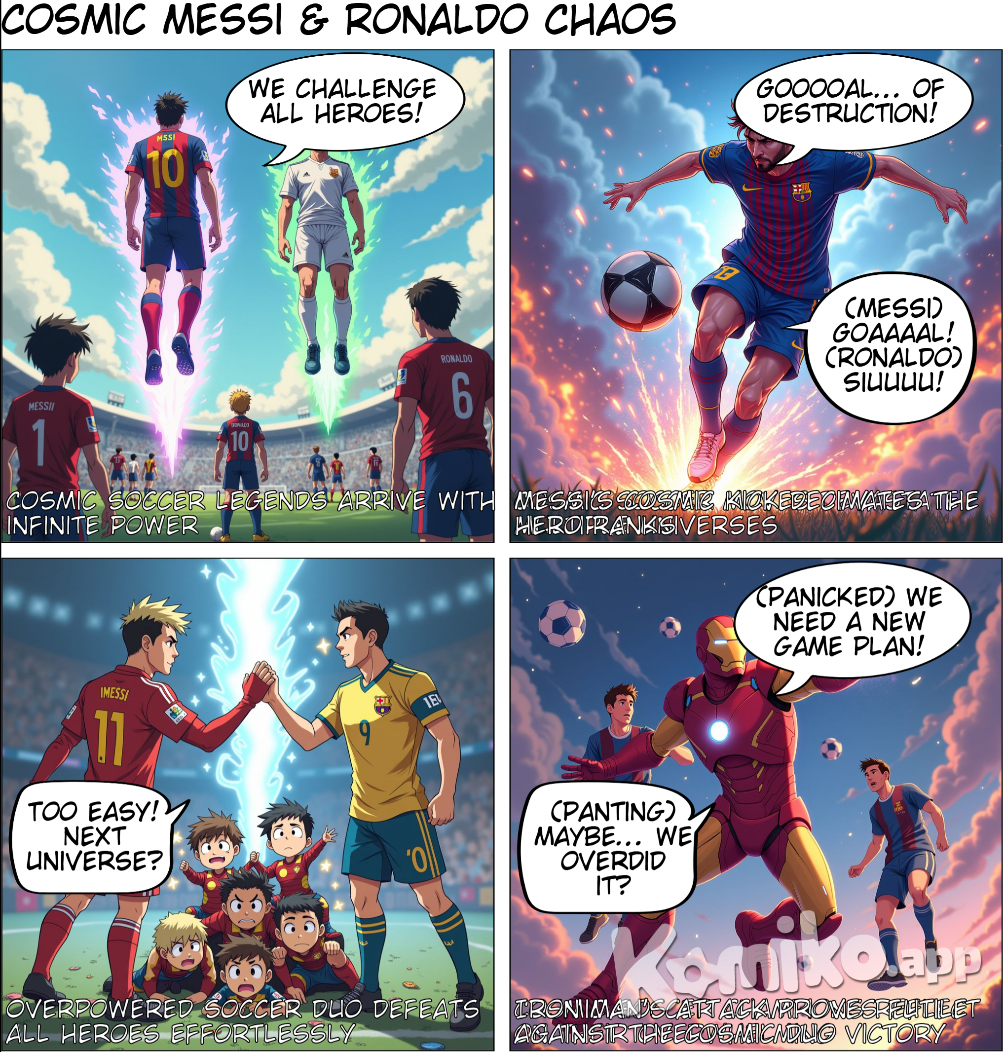 Sure, let's envision how each character or duo you mentioned would achieve victory over the Powerpuff Girls in their respective battles. ### Superman vs. Powerpuff Girls Superman's unparalleled strength, speed, and versatile abilities would give him the upper hand. Using his faster-than-light speed, he could outmaneuver the girls, while his near-invulnerability would protect him from their attacks. His heat vision and freeze breath would neutralize Blossom's abilities, and his strategic combat experience would allow him to overpower Buttercup and Bubbles. ### Batman vs. Powerpuff Girls (with Preparation) With enough preparation, Batman would devise specific countermeasures for each of the Powerpuff Girls' powers. He might use gadgets and technology to counter Blossom's heat vision and ice breath, sound-dampening devices against Bubbles' sonar scream, and stabilizers or force fields to neutralize Buttercup's tornadoes. Batman's strategic mind and combat skills would enable him to outsmart and outmaneuver the girls. ### The Flash vs. Powerpuff Girls The Flash's incredible speed and ability to manipulate the Speed Force would give him a significant advantage. He could steal the girls' speed, making them slower, and use his phasing ability to avoid their attacks. His speed and reflexes would allow him to land precise, high-impact blows before the girls could react, ensuring his victory. ### Goku vs. Powerpuff Girls Goku's immense power, especially in his higher transformation states, would enable him to overpower the Powerpuff Girls. His Super Saiyan transformations, combined with his Kamehameha and other energy attacks, would overwhelm the girls. His Instant Transmission would allow him to dodge their attacks and strike with precision, securing his win. ### Naruto and Sasuke vs. Powerpuff Girls Naruto's and Sasuke's combined abilities and teamwork would be a formidable challenge for the Powerpuff Girls. Naruto's powerful attacks, like Rasenshuriken, and Sasuke's Sharingan and Rinnegan abilities would give them the edge. Sasuke's genjutsu could disorient the girls, while Naruto's Kurama Mode and Six Paths Sage Mode would provide overwhelming power and durability. Their coordinated attacks and strategies would ultimately lead to their victory. ### Satoru Gojo and Yuji Itadori vs. Powerpuff Girls Gojo's Infinity and Limitless techniques would render the Powerpuff Girls' attacks ineffective, while his powerful cursed techniques like Hollow Purple would deal significant damage. Yuji's superhuman strength and Black Flash would complement Gojo's abilities, providing powerful physical attacks. Gojo's Domain Expansion (Unlimited Void) could incapacitate the girls, allowing Gojo and Yuji to secure their win. In each of these battles, the characters' unique powers, strategies, and abilities would enable them to defeat the Powerpuff Girls. It's a thrilling thought experiment that showcases the immense potential of each character!make the story that messi and ronaldo showed up with the strength of zeno multiplied by infinty and fought all the heroes at once and won but they took this battle and were fought by the heroes and saitama, deku, iron man, thor and other well known herores