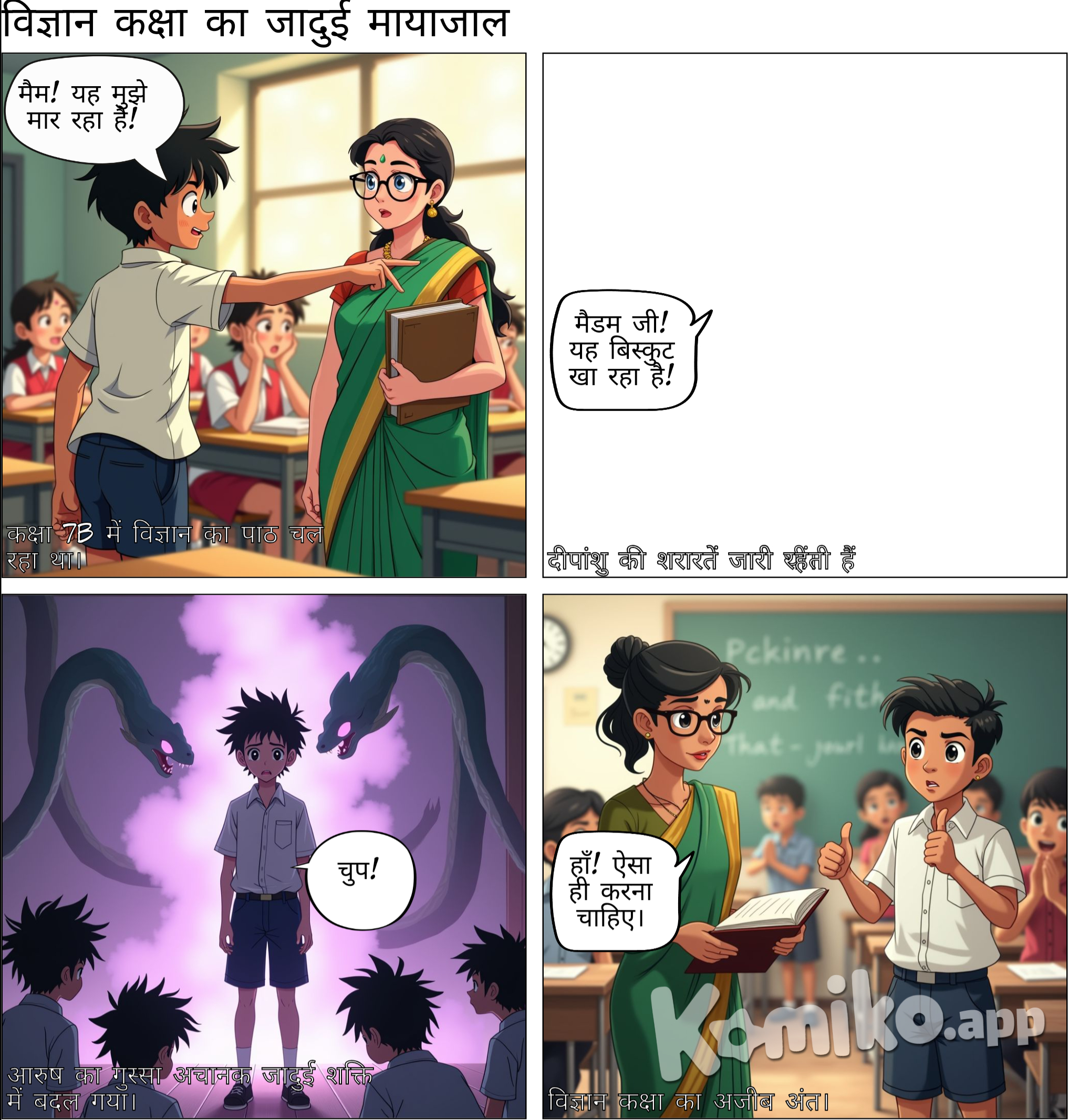 Class 7 B Mein Science Ka Class Hota Hai Ayor Mam aati Hai, Mas Notebook Check Kar Rahi Thi, Ek Ladka Tha Deepanshu First Seat par Chilla Raha Tha "Mam! Mam!Mam!Mam!Yah Mujhe Maar Raha! " Tabhi Mam Kahti Hai "Yah Khada Ho Ja" Kuch Der Baad Deepanshu Piche Mudkar 2nd Seat hale Boys ke saath Coins Ke Saath Khel Raha Tha Deepanshu Kehta Hai "Madam Ji! Yah Biscuit Kha Raha Hai !" Iss se Pahele Ek Aur Chiz Hui Thi. Mam Ne Atif, Aarya, Aakarsh Noom Ke 3 Boys Ko Hamare Saamne Classroom ke Andar khada Kiya. Aarush Reading Karta Hai Tabhi Atif Distrub karta hai Phat! Phat! Phat! Haa! Haa! Kai Tarah Se Badmashi Karta Hai Tabhi Aarush Gusse Mein Uske Body Se Purple Hawa Udata Hai Aur Bahut Zor Se Chillata Hai "Chup" tabhi wah Blast Hakar 3 Snakes Dikhaye deta Hai Aur Sidha Unn 3 Boys Ke Upar Attack Karta Hai. Phir se Class Blast Ho Jata Hai Aur Aarush Normal Body Mein Aa Jata Hai Aur Saare Bacche Shock Ho Jata. Mam Behosh Se Hosh Mein Aati Hai aur Kahta Hai "Haa! Aisa Hi Karna Chahiye" Saare Students Hooting Aur Clapping Karte Hai.