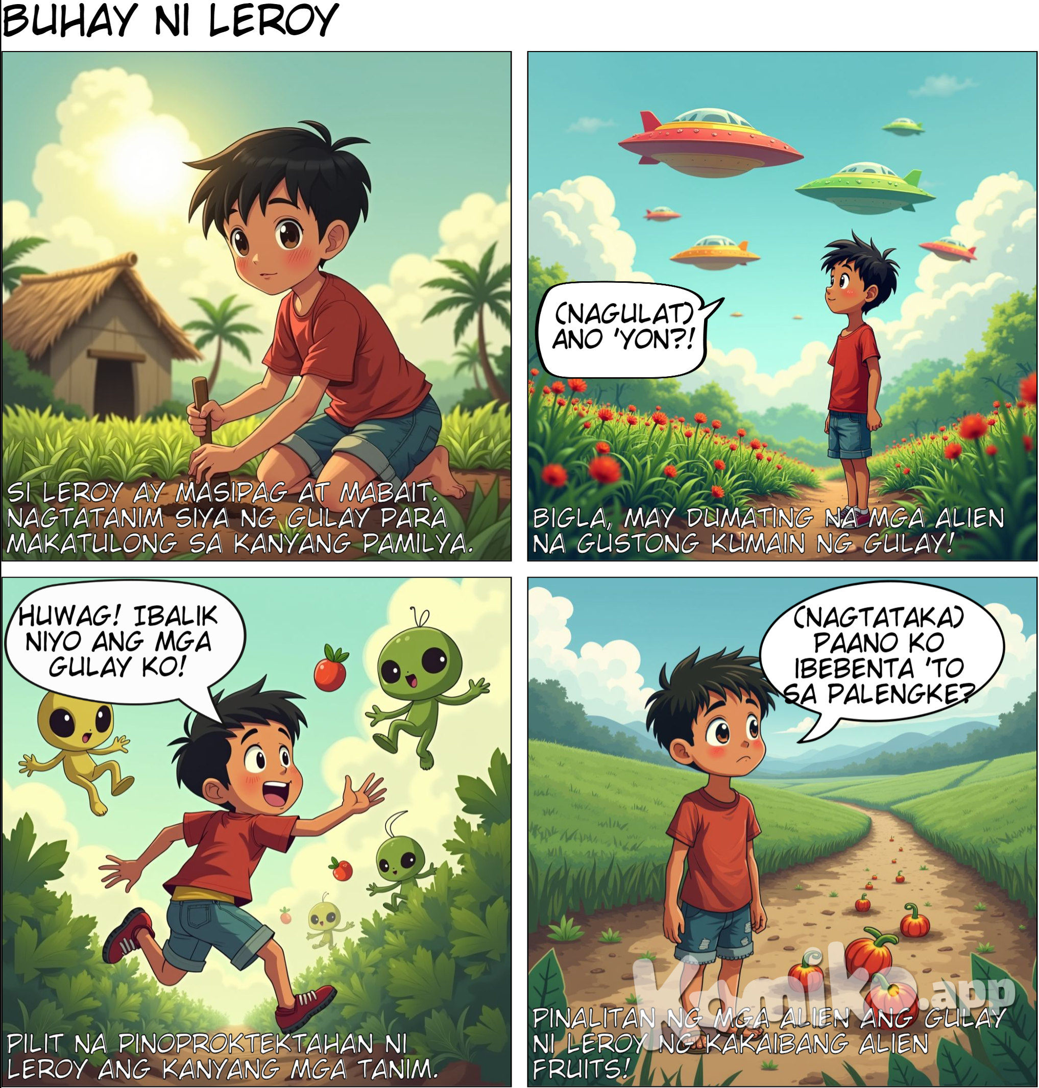 Panel 1: Leroy's Life • Scene: Isang batang si Leroy, simple at masipag, nagtatanim ng gulay sa bukid. • Caption: "Si Leroy ay masipag at mabait. Nagtatanim siya ng gulay para makatulong sa kanyang pamilya."