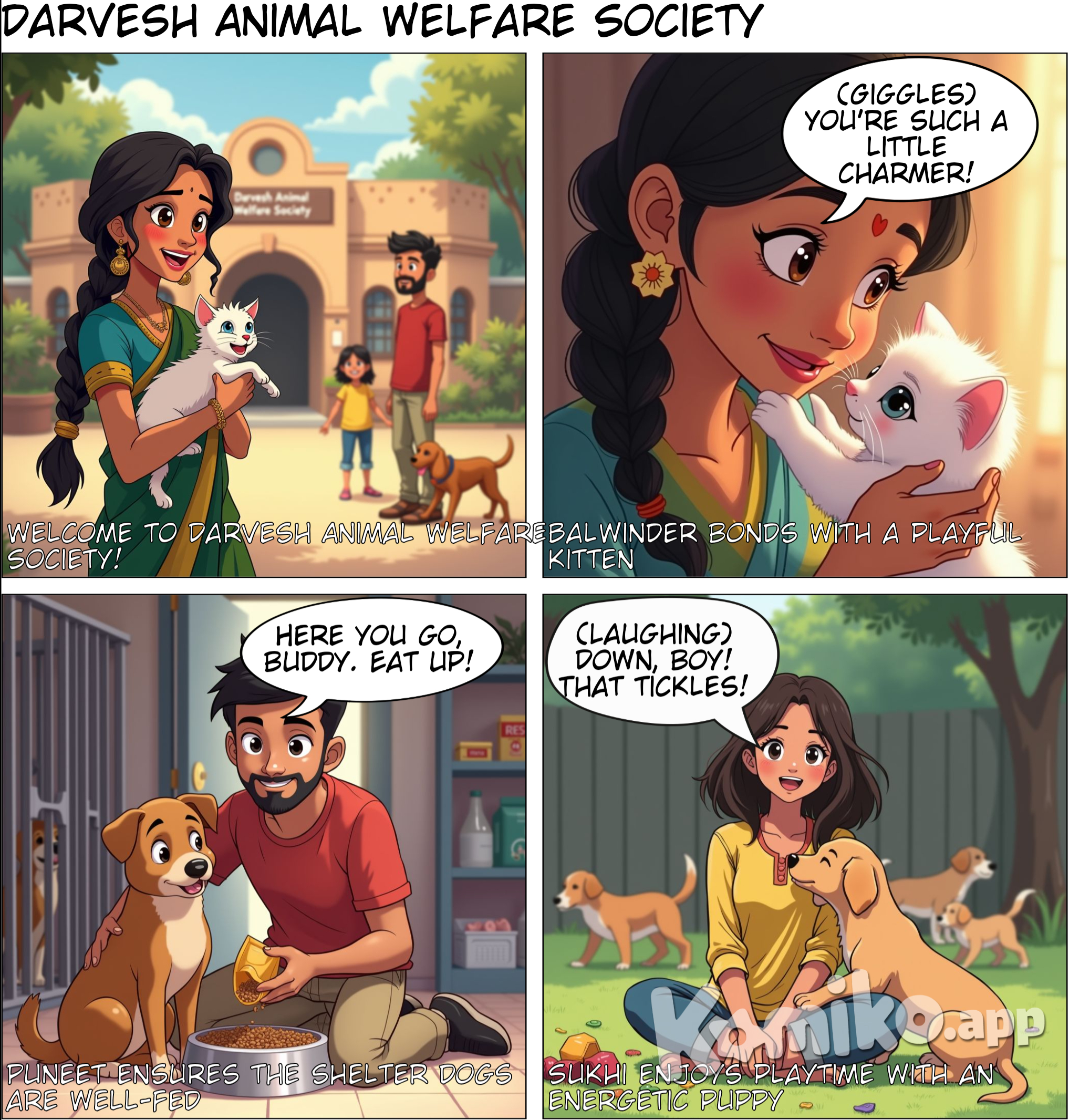 Panel 1: (Wide shot of the Darvesh Animal Welfare Society shelter) Caption: "Welcome to Darvesh Animal Welfare Society!" In the foreground, Balwinder Kaur is seen holding a fluffy kitten, smiling at its antics while Puneet feeds a dog in the background. Sukhi is playing with a playful puppy nearby.