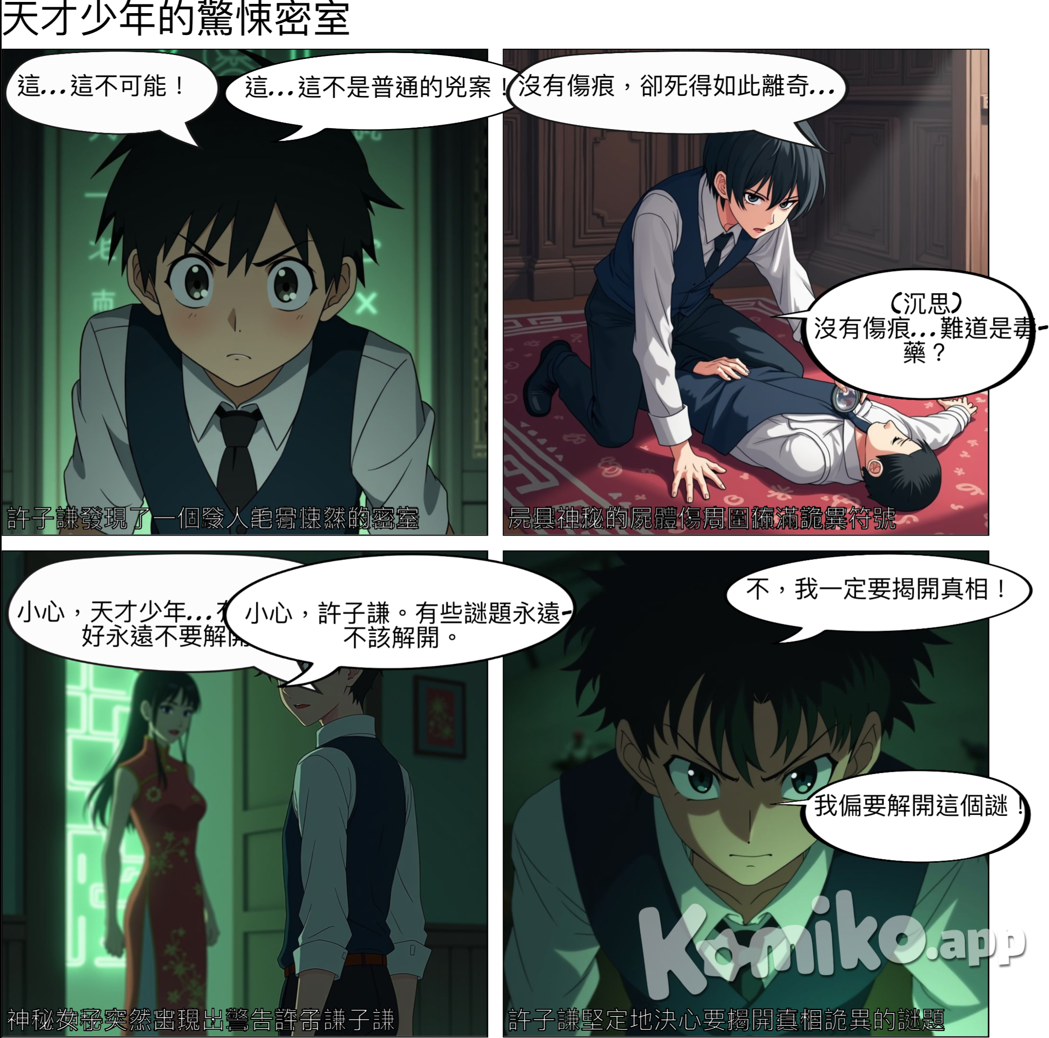 1920上海灘：天才少年與詭異密室殺人事件 故事大綱： 在繁華的1920年代上海灘，一名擁有過人智慧的少年偵探，因緣際會地捲入了一連串詭異的密室殺人事件。這些案件看似毫無關聯，卻都帶有神秘且超自然的色彩。少年偵探憑藉著敏銳的洞察力和對科學的熱愛，逐漸揭開了隱藏在案件背後的真相，並發現了一個更為龐大的陰謀。 人物設定：  * 主角：    * 名字： 許子謙    * 年齡： 17歲    * 背景： 出身於書香世家，自幼聰穎，對科學和推理有著濃厚興趣。曾遠赴西方留學，學習了最新的偵探學知識。    * 性格： 冷靜、理性、觀察力敏銳，但內心深處隱藏著對未知的恐懼。    * 能力： 擁有過人的記憶力和邏輯推理能力，精通化學、物理等多門科學知識。  * 配角：    * 老偵探： 曾是上海灘赫赫有名的偵探，因年老體衰而退休，但仍對案件充滿熱情，成為許子謙的導師。    * 神秘女子： 一位美麗而神秘的女子，似乎與案件有著千絲萬縷的聯繫。    * 黑幫老大： 在上海灘擁有極大勢力，暗中操縱著一切。 案件細節：  * 第一起案件： 一位富商在家中密室被發現身亡，身上沒有任何傷痕，現場卻佈滿了奇怪的符號。  * 第二起案件： 一位科學家在實驗室中離奇死亡，實驗儀器被破壞，現場瀰漫著一股奇怪的氣味。  * 第三起案件： 一位魔術師在表演過程中突然暴斃，舞台上出現了無法解釋的幻象。 劇情發展：  * 許子謙在老偵探的引導下，開始調查這些看似無關的案件。  * 他發現這些案件的受害者都與一種神秘的古老組織有關。  * 許子謙在調查過程中，不斷面臨著危險和挑戰，同時也解開了一個又一個謎團。  * 他逐漸發現，這些案件的背後隱藏著一個更大的陰謀，這個陰謀涉及到上海灘的權力鬥爭和超自然力量。  * 許子謙最終揭開了真相，將幕後黑手繩之以法，並保護了上海灘的安寧。 故事元素：  * 密室殺人： 每一起案件都發生在密室中，增加了案件的神秘感。  * 超自然元素： 案件中出現了許多無法用科學解釋的現象，增加了故事的奇幻色彩。  * 東方文化： 故事背景設定在上海灘，融入了中國傳統文化元素，如風水、符咒等。  * 科學推理： 許子謙運用科學知識來破案，增加了故事的理性色彩。  * 人際關係： 許子謙與老偵探、神秘女子、黑幫老大等人物之間的互動，豐富了故事的層次。 潛在發展方向：  * 續集： 許子謙可以繼續遇到新的案件，揭開更多神秘的謎團。  * 不同視角： 可以從其他角色的視角來講述故事，例如神秘女子或黑幫老大。  * 時間線： 可以將故事的時間線往前推進，探索許子謙在未來的經歷。 這個故事大綱僅為一個起點，你可以根據自己的喜好進行修改和擴充。 想了解更多細節嗎？我可以為你提供以下方面的資訊：  * 案件的具體細節  * 角色的背景故事  * 故事的結局  * 更多的劇情發展方向 請隨時提出你的想法，我們一起將這個故事變得更加精彩！