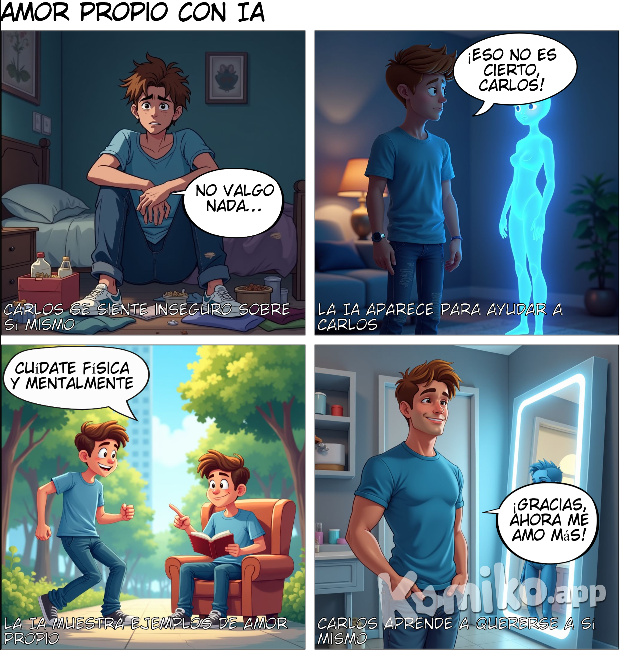 continua con los personajes del comics anterior para seguir con la secuencia Capítul Trama: Uno de los personajes se siente inseguro sobre su apariencia o habilidades, y la IA le enseña sobre el amor propio, mostrando ejemplos de cómo cuidarse emocional y físicamente. Mensaje: Amar a los demás empieza con amarse a uno mismoo 2: amistad verdadera .
