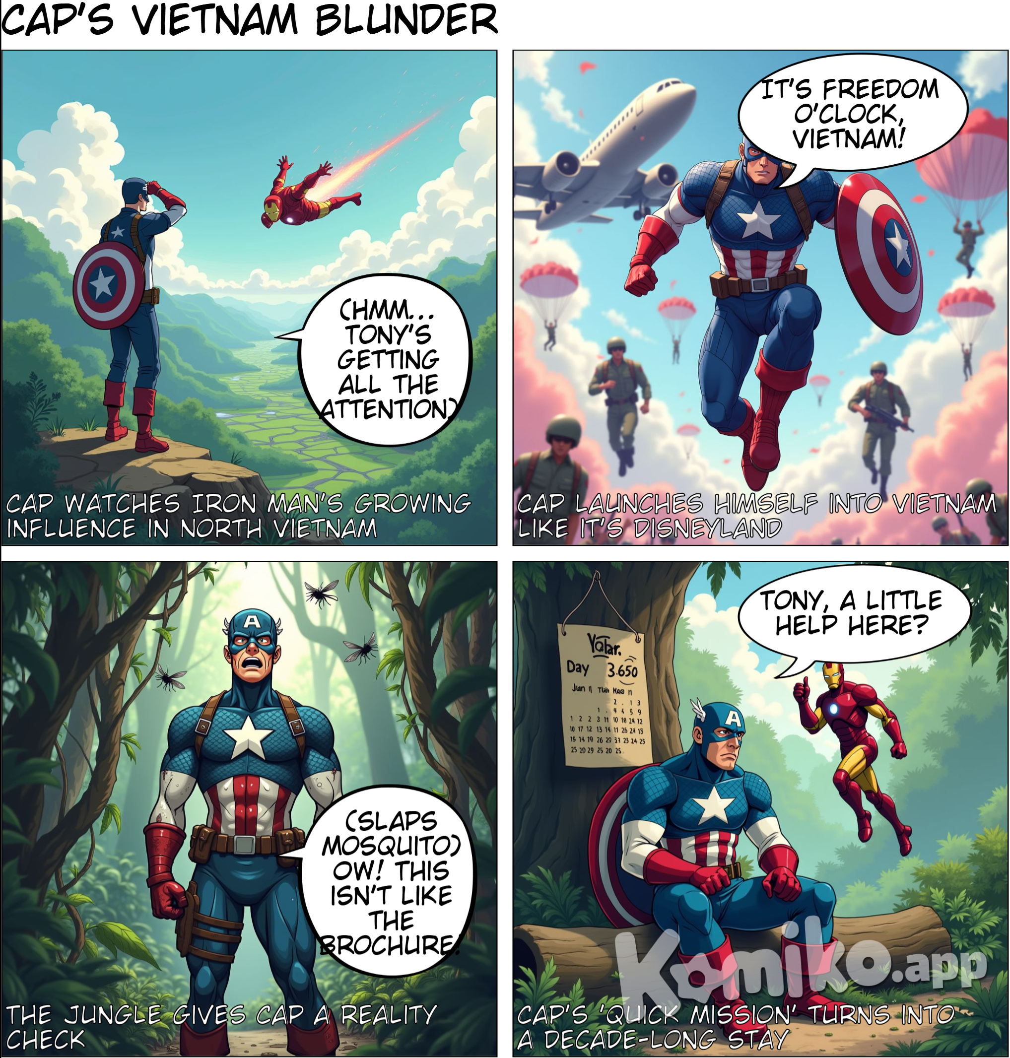 *Panel 1:* Captain America scratches his head as he watches Iron Man’s influence growing in North Vietnam.  *Panel 2:* Cap, looking determined, launches himself (and his troops) into Vietnam like he’s landing at a theme park, with troops parachuting in behind him.  *Narration Box:*   "Cap tried to help his new buddy South Vietnam by sending in his own troops! *It’s just a quick mission,* he thought. But the jungle had other plans…"