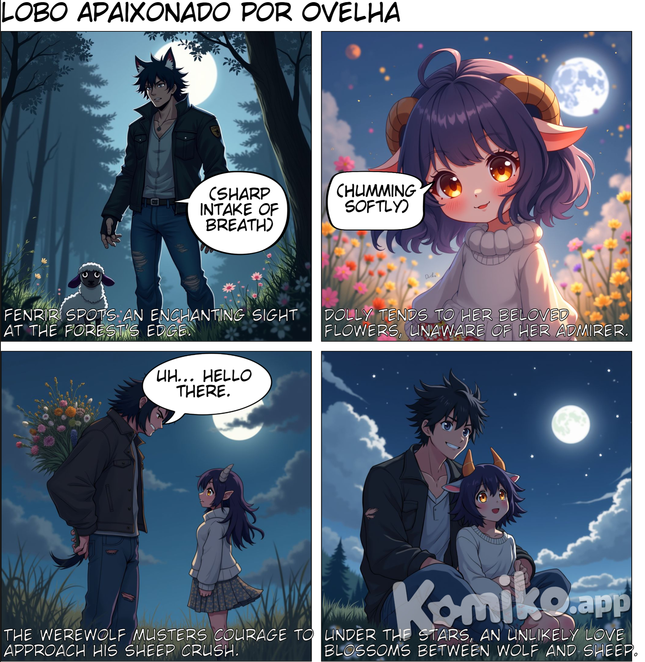 a ultima werewolf has black hair, gray eyes fell in love with a sheep girl that has dark purple hair, orange eyes 