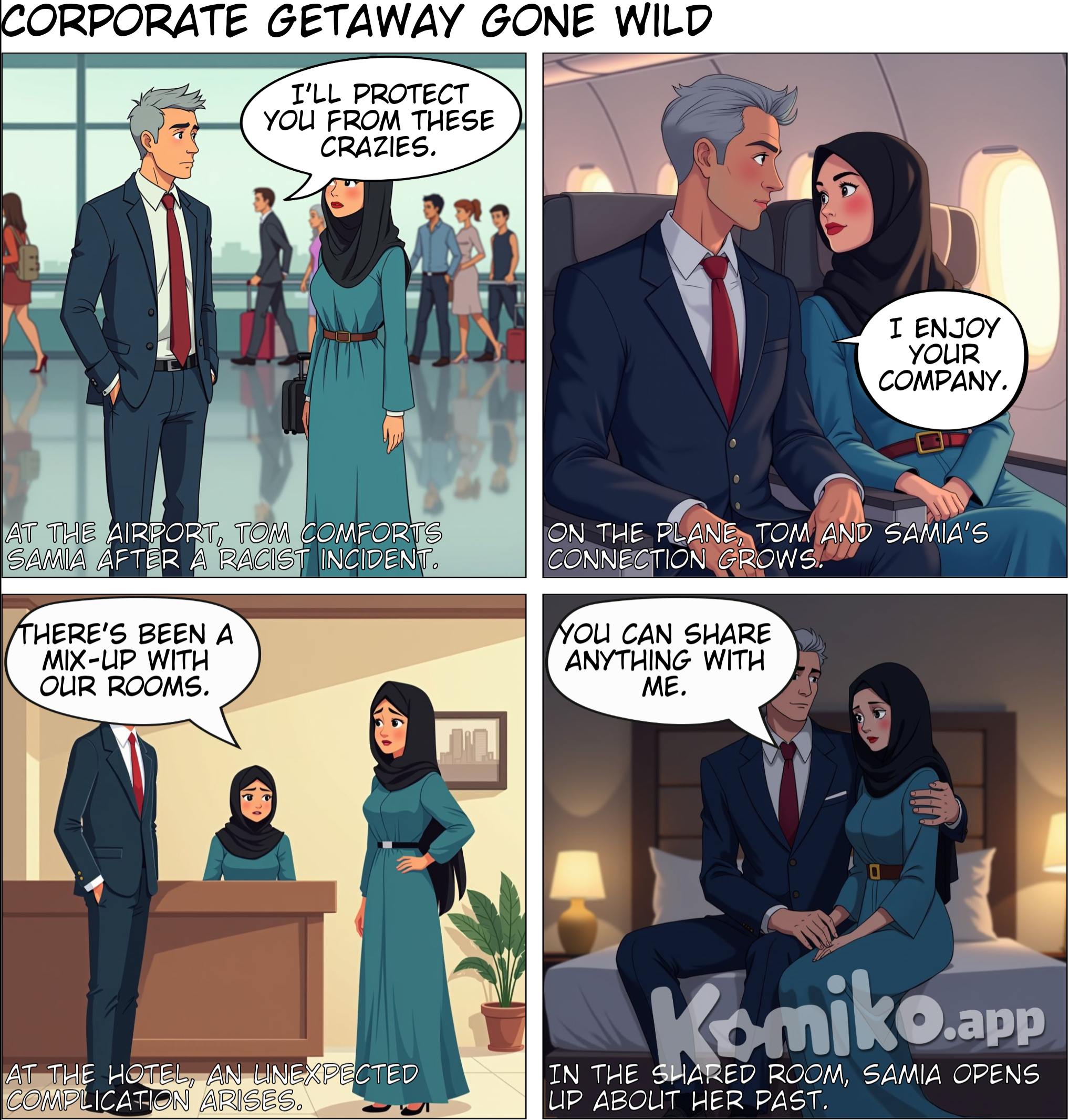 Tom  I am a manager in the corporate world in New York. I was responsible for around 100 employees and well remunerated for my efforts. At the age of 45 I felt comfortable with my life.  As part of my role I have to attend certain conferences and training sessions out of state. This was not a problem for me as I was single and had no children. I usually went as the sole representative for the firm but on this occasion I was to be accompanied by another manager from the sales department. There were not many people I liked in the sales department. The men were all d-bags, always bragging about their figures. It was a constant cock measuring exercise with them.  I was told by Leanne, my PA, that it would in fact be Sam (Samia Al Kassam) that would be joining me on my trip to Los Angeles. I didn't mind Sam. She was always polite and focused on business. She was responsible for Sales to Asia and the Middle East. She was Muslim and I understood her family roots to be from Iraq. She usually wore business attire but would accompany this with a hijab and niqab. It is a strange sight in my world but you have to understand she is mainly selling to other Muslims in the Middle East and Asia so it helps to have a familiar face to smooth over the sale. Even if they never see her face due to her veil. I found her intelligent and funny but she never really opened up about her personal life so the conversation may dry up after a week.  I found it strange she was going because from what I remember she was married and she had a child around 12 months ago but she has never really opened up about her family life with me or anyone I know in the office.  My PA, Leanne, made the arrangements for my flights and hotel. I briefly spoke to Sam about it and she seemed to be looking forward to the conference and seeing California.  We would be arriving on Sunday and the conference would start on Monday. This would give us a day to settle in.  I met Sam at the airport. She was not dressed in her usual business attire. She was wearing a long ocean blue summer dress. She had a belt across the middle of her dress that accentuated her tits. The dress was long and covered her from head to toe but the material looked thin. We were seated together as Leanne had booked the tickets for flights and made our reservations at the hotel.  We checked in our bags. As we were waiting to go through security I was stood a few spaces behind Sam and I heard a man mumble something to Sam as he walked past her. She seemed visibly upset. I closed the space between us and asked her what happened. She was upset but I managed to gather that he had called her a "fucking terrorist." I immediately walked off after him in a rage. But Sam grabbed my arm and assured me she was fine. I said I would not leave her side and I would protect her from these crazies. I had my arm around her and my hand was on her back. She did not object and seemed to welcome my possessive touch. She saw me as her protector. This was a dangerous temptation for me though as her tempting ass was inches away.  I realized how thin the dress actually was once my hand was on her back. My hand went lower and lower the longer it was on her back. I did not want to come across as lecherous so I did not allow myself to go lower than her back. I wanted to desperately squeeze her ass but would not allow myself to do so. My hand rested just at the top of her panties. I ran my fingers across the lacey material. I was able to clearly feel it through the material of her dress. She did not object or notice as we engaged in general chat.  As we got on the plane and approached our seats. I saw Sam bend forward. I don't know what came over me as I moved my hand to her ass and gently squeezed, her ass was so big and soft. To cover this I pretended to accidentally bump into her. I apologized immediately, "I am so sorry. I didn't realize these were our seats. Are you ok?" She did not seem to mind, "It is ok. The plane is cramped."  I allowed her to sit down and sat next to her. The seats did not afford much room and we were close to each other. I knew it would be difficult to resist touching her in such close proximity. Sitting together with Sam caused our thighs to touch and it felt electric. I knew she was married and a strict Muslim so there was no chance of anything happening. But I could not help but admire how attractive she was. She had amazing tits and her dress accentuated them even more. She had a big ass and after my squeeze I wanted much more.  She was an incredibly sensual woman. A woman that all men secretly lust for.  As we got seated she put her hand on mine and she said, "Tom, thank you for protecting me. I felt safe when you were with me. You are a real gentleman."  The touch was unexpected and I was a bit flustered, "It was nothing. It made me angry seeing him treat you like that. I didn't see your husband or son at the airport. Did they leave early?"  I knew she was married and she was due to have her son almost 12 months ago. She had returned to work 6 months ago. She deflected, "I got a taxi to the airport. Traffic was crazy on the way in." I found it odd that her husband did not drop her off.  We were really close in our seats and I adjusted so that the outside of my hand was resting against her right breast. It felt heavenly.  I engaged her to distract her from my hand on her breast, "You look beautiful and refreshed in the dress."  She blushed at this, "I wanted to dress for the weather. It will be gorgeous according to the reports. I hope we get to see the sights."  I knew what sights I wanted to see. Her tits and ass.  She was looking through her bag and I noticed she had brought along a book to read, "Oh I see you have brought a book for the flight. Which book is it?"  She seemed to blush. It is hard to tell her under her veil, "Oh. You saw that. It is a risqué novel. I thought it would be interesting for the evenings. I know it is naughty."  The comment seemed a bit flirty but maybe it was my mind playing tricks on me. I chuckled, "I thought you would have only read halal books. I have some naughty books I can share with you."  This was an old joke we once shared over lunch when she explained to me what was halal. She fascinated me and her culture fascinated me. I read the odd erotic novel and I found her choice interesting as it was about a dom/sub relationship.  She giggled, "You must share one of these books someday. I can be naughty too. I can't wait to get to my hotel room. I hate travelling. I don't know how you do it every few months."  I was interested by her naughty comment. Maybe this week I could test her boundaries. I continued my ministrations on her breast as I asked, "How naughty are you? What would you do with the book?"  I noticed her breasts almost heave with her breathing as she responded, "I was hoping the book would make my evenings more entertaining. You can imagine how naughty that would be. How will you get through the evenings?"  I saw this as an opening. My hand continued to innocuously manipulate her breast and she was obviously turned on but I acted as though the contact was innocent, "I am sure you in bed with that book would be a sight."  She then whispered hoarsely, "I am sure you would enjoy...the sight."  She looked at me at that moment and she had caught me staring. I was looking at the shape of her tits. They were big but as she turned our eyes caught each other. I was caught and I did not want to come on too strong and scare her away before the week started, "Erm, sorry, I just can't help but notice that you have the most beautiful eyes I have ever seen. Sorry if I was staring."  She blushed and flashed her eyelashes as she looked away. She had these amazing brown eyes and her veil only caused them to be emphasized further. She hadn't replied and my anxiety levels went through the roof. I hoped I hadn't ruined the week before it had started. She finally replied, "No one has ever been so complimentary before. What color are they? I don't want you to be just teasing me."  I was lucky that she had amazing unforgettable eyes, "They are brown. They look stunning and makes me wonder about everything else," as I looked at her body. I seemed to be unable to stop myself from digging a hole for myself but luckily she did not catch my gaze over her body.  She seemed to be happy with the compliment and I was confident about where this was going. I had stopped the touching of her breasts out of fear of being caught out again. She said, "Thank you. You are a sweet man."  That was a mood killer and put me in my place but my dick was relentless as I looked her up and down I said, "I appreciate what I see though. It was strange seeing you sign up for this. It is usually me on my own that attends or another singleton is forced to go."  She had an ulterior motive, "I have to be honest. The conference is not the only reason I am going. There is a buyer for a company based in Bahrain that will only be in the US for the first 3 days of the conference and we have been courting this contract for a while. I am hoping to secure it this week."  This contract must be worth a lot if she was taking time away from her family and the office, "What is the contract worth? It must be hard on you to leave New York."  Her response surprised me, "The contract is potentially worth millions but then again they might not be interested. I am actually looking forward to being away from New York and when I knew you would be accompanying me it made me feel a lot more at ease. I enjoy your company."  I was feeling a lot more confident about my prospects with Sam, "I love your company and it pleases me a lot that I am with you this week." I let my hand intentionally rest on her knee as I said this. It was a possessive move and she did not object.  The rest of the journey we enjoyed easy conversation and the latest office gossip. I took every opportunity to increase the touching between us.  ***********  Sam  We got to LA at around 7.00pm. We had a driver waiting for us and he took us straight to the hotel. After the long flight and the travel I just wanted to get to my hotel room and relax.  Tom was really good company and he had made the journey easier but I really needed to be in my room. We arrived at the hotel and Tom paid the concierge to collect our bags.  Tom went to the desk to check us in. I could not hear the conversation but I could see there was a problem and the receptionist was apologizing to him. I approached Tom, "Do we have the room keys?"  He seemed to be at ease about it and the receptionist was tapping away at her computer, "There has been a mix up. When the reservations were made Leanne asked for two rooms for two people but they have only booked one room for two people. She is currently checking to see if there is any other room available."  I almost had a panic attack. I needed my privacy. He seemed to be taking care of it so I thought I would leave it with him. The receptionist looked up at us and explained, "I am really sorry. The hotel is fully booked and the next room that is available is on Tuesday morning and I will reserve this for you now. I apologize for the inconvenience. We will of course provide you with complimentary breakfast to apologize."  I could not control my anxiety and screamed, "WHAT GOOD IS BREAKFAST IF ONE OF US IS LEFT WITHOUT A ROOM. YOU HAVE FUCKED THIS UP."  Tom pulled me to the side. He put his hand on my shoulder and calmly said, "I understand you need your privacy and I respect you so you can take this room and I will sort something out for myself. Just go to the room and relax and I will see you once I arrange another room for myself somewhere."  He was always able to put me at ease. I would not usually be comfortable with another man touching me but with Tom it was different. He paid the concierge a hefty tip and asked him to show me the room and take my things up.  I went up to the room feeling more relaxed knowing that Tom was willing to sacrifice the room for me. He was such a gentleman. The room was amazing. It had a large queen size bed and the windows were from floor to ceiling. I felt really guilty about it. I needed my privacy desperately but I needed to know Tom was going to be ok.  It had been over an hour and I had not heard anything from Tom. Maybe he had just left for his hotel but I thought he would have let me know that he found a room.  I called him to make sure he was ok. He sounded tired as he answered, "Hi Sam. How is the room?"  I was too worried to register the question, "Did you find a room?"  He said, "We have been ringing hotels for the last two hours but no luck. It looks like I might have to spend the night in the lobby."  This was not fair, "No. No. No. I can't let you do that. Come up to the room. We will work something out."  He was resisting, "Sam I know how important your religion is and you need your privacy. I respect you and I respect your privacy."  He was such a gentleman but I wasn't taking no for an answer, "Come up right now or I will come down and join you in the lobby."  He finally gave in, "I will come up but I will continue to look for a room."  Ten minutes later there was a knock on the door. I went to the door to open it for him. He came in looking deflated and tired.  I sat him down and I sat next to him, "What happened? I am so angry they have put us in this position."  He explained, "She said it was impossible to get a room at this short notice. I have called every hotel in a 5 mile radius but no luck. She has tried all her contacts at the other hotels. But the next available room is on Tuesday. I am really sorry. I don't want to ruin your week."  I felt so guilty and terrible, "Tom you are the sweetest man I have ever met. The room is big and we will both stay here until Tuesday. It is only two nights."  He seemed relieved but concerned for me, "Sam, maybe you should speak to your husband just to make sure this is ok."  I couldn't keep up the pretence and I just broke down and fell into his arms. He apologized, "I am sorry. I did not mean to upset you. If your husband does not approve I will just leave. I don't want to cause any problems for you."  I had to explain this, "It is not that Tom. I don't talk about my personal life at work. But I trust you. I officially divorced my husband 3 months ago. I don't have a husband or family to call."  He just held me tightly as the tears came down my cheeks. His hand was caressing my back and it was such a comforting feeling. He said, "I am really sorry to hear that. I am sorry if I was insensitive in mentioning it."  I changed the subject, "We need to get ready for bed. We have an early start tomorrow. We can get ready in the bathroom. Is it ok if I leave the light off in this room as I need to take my hijab and niqab off but I cannot show you my hair?"  He agreed and drew the curtain and switched off the lights.  I normally wore just my bra and thong to bed. But I had to cover up tonight. I had a long sleeve shirt and yoga pants that I used as make shift sleepwear.  *******  Tom  Sam had not realized that the mix up with the rooms was a deliberate error for this precise reason to get her in bed with me.  Sam came out of the bathroom and it was pitch darkness. I tried to catch a glimpse but I could not make out anything. She managed to stumble her way to the bed. I got up to get changed, "I don't have any sleepwear. I usually just sleep naked. Is it ok if I keep my boxers on?"  She seemed to think for a good minute before replying, "I don't mind. The room is dark so our privacy is guaranteed."  I was less than an arm's length away from my secret desire. I could not sleep and the close proximity was causing a swell in my boxers. I just wanted to lay my hands on her sexy body. I could not stop thinking about her ass and tits.  Sam couldn't sleep either, "Tom can you hold me again?"  Sam was facing away from me. She seemed to be in an emotional mood and I just needed to comfort her. The pieces were falling together. I just had to be patient.  I came up behind Sam and put my arm around her, pushing my body right next to hers. The swell in my boxers was against her juicy ass. My arm was just below her big tits. I wanted to give them a squeeze so desperately but she needed comfort and I could not afford to be lecherous.  She spoke gently, "Tom I am naturally shy. I can never open up at work about my personal life as I always fear being judged due to the way I dress and my Muslim background. But with you I feel I can trust you and share things with you."  I had to re-assure her. I needed her to open up to me, "I respect you and I will never judge you. You can share anything with me and trust that I will keep it in my heart."  She held my hand tightly as she heard this, "I will tell you from the beginning. I studied hard and worked hard to build a career for myself. But in my culture a woman is judged on her family. I was 30 and still not married. My mother and father would often talk about how I was wasting my childbearing years. I felt a constant pressure to get married. At the age of 33, I finally relented and agreed to a marriage. My father knew a Lebanese family from the local mosque who were looking for a marriage for their son. He was a similar age to me. I was married 3 years ago at the age of 33. The marriage was a complete culture shock to me. My husband expected me to prepare 3 meals a day for his whole family and rear children. He did not want me to work. I had worked hard at a career and was not willing to give this up. I did not want to disappoint my parents so I persisted and worked tirelessly. I was up at 5.00am every morning cooking breakfast and lunch and then go to work. I would then return from work to continue my chores.  There was no love or affection in my marriage. My husband never kissed me or gave me gifts. He treated me as a slave. If we had sex he would simply pump in me until he expelled his seed in me without any foreplay or affection. He never lasted long. It was usually 3 pumps before he came. He saw sex as a necessary means to get me pregnant. I tried to get him sexually interested in me by buying sexy lingerie but nothing would get him to show any affection."  The mention of lingerie caused my swell to be a full blown erection between her ass cheeks, "It sounds terrible. I don't know how anyone can treat a woman like that. Especially a smart, intelligent and beautiful woman like you."  She went on, "I finally got pregnant. But they still expected me to work like a slave. I complained to my parents about my treatment but they just said this is our culture. I lost the baby late in the pregnancy. It was the most soul destroying moment of my life. I cried for weeks. My husband did not care."  I shed a tear when I heard this. Her story was heartbreaking, "Sam it is terrible that you had to experience this. No one should have to go through this. I can't believe your parents. How could they stand back and not save their daughter? How did you escape?" I hugged her tightly.  She took a deep breath, "I just wanted my husband to love me. After the loss of my son I tried to salvage my marriage. I remember one night I bought a pink peephole bra and matching crotch less string thong. I was sat on the end of the bed with my legs crossed as he came into the bedroom. As he walked towards me I opened my legs for him. I thought he would not be able to resist but this just made him angry and he called me a whore. He said sex is just for procreation and I was a whore for wearing such outfits because I could not rear children. This was the last straw for me. I left that night for my parents. They were not exactly welcoming. I had betrayed their values. I stayed for a week and then found my own apartment in Brooklyn. I was finally granted my divorce 3 months ago." 