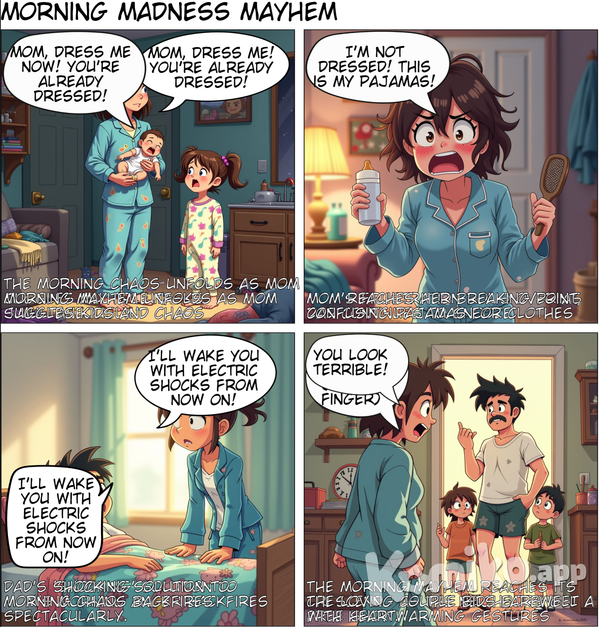Morning Chaos In the morning, Gilad, who was sleeping in the other room, woke me up with a call: "Good morning, it’s 6:10 now." I got up feeling completely crushed and started getting the baby ready for daycare. Meanwhile, our daughter Arielle woke up, and I started getting her ready too.  I was tidying up the bathroom when Itamar, who was in the living room, started crying because he got hurt. I went to calm him down, and at the same time, Arielle asked me to dress her. The house was a complete mess—clothes everywhere: on the couch, on the table, dishes in the sink, toys scattered around.  2. The Argument Starts I called out to Gilad in the other room and asked if he planned to get up. He replied, "In five more minutes." In those five minutes, I tried to get myself together again. The pressure was building, the clock was ticking, and Arielle asked again: "Mom, can you dress me now? You’re already dressed!"  That’s when I shouted: "I’m not dressed! This is my pajamas!" Gilad, still in the other room, called back: "Why are you yelling?!" He started complaining that he couldn’t handle waking up to my yelling anymore.  3. The Electric Shock Threat I went into his room and started telling him I’m yelling because he doesn’t get up and I need help. He said, jokingly (but with a sharp tone): "From now on, I’m going to wake you up every morning with an electric shock so you’ll know how it feels."  He said this while still lying in the kids’ room on a single bed, covered with a blanket over his head.  4. The Fight Escalates We started arguing really intensely, and I slammed the door in his face. Later, we both continued getting the kids ready—me angrily packing them into the car, and him putting on his army uniform.  When he walked away toward the bus, I shouted after him: "You look terrible!" And he flipped me the middle finger.  5. The Aftermath Later, we talked on the phone for 35 minutes, yelling at each other. He said he just wanted the couch to be clear, and I couldn’t even manage that. (To be fair, it’s not a small ask when we have a small house and no time to tidy up because we’re both working.)