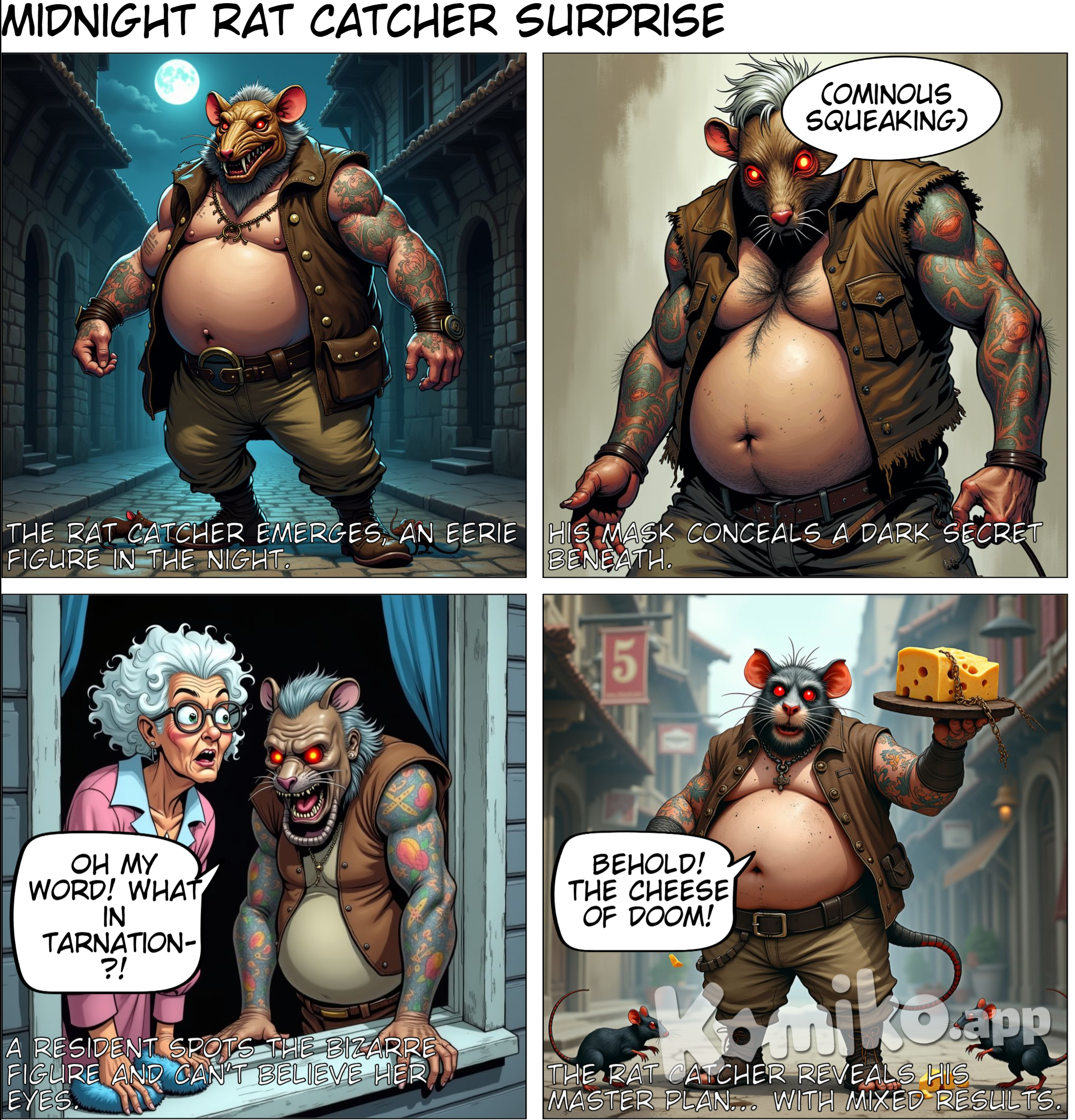 There is a thing in the world, the medieval rat catcher, with a unique appearance, wearing a rat mask, tattoos of killing rats on his arms, little hair, and a big belly. He was seen by residents one night.