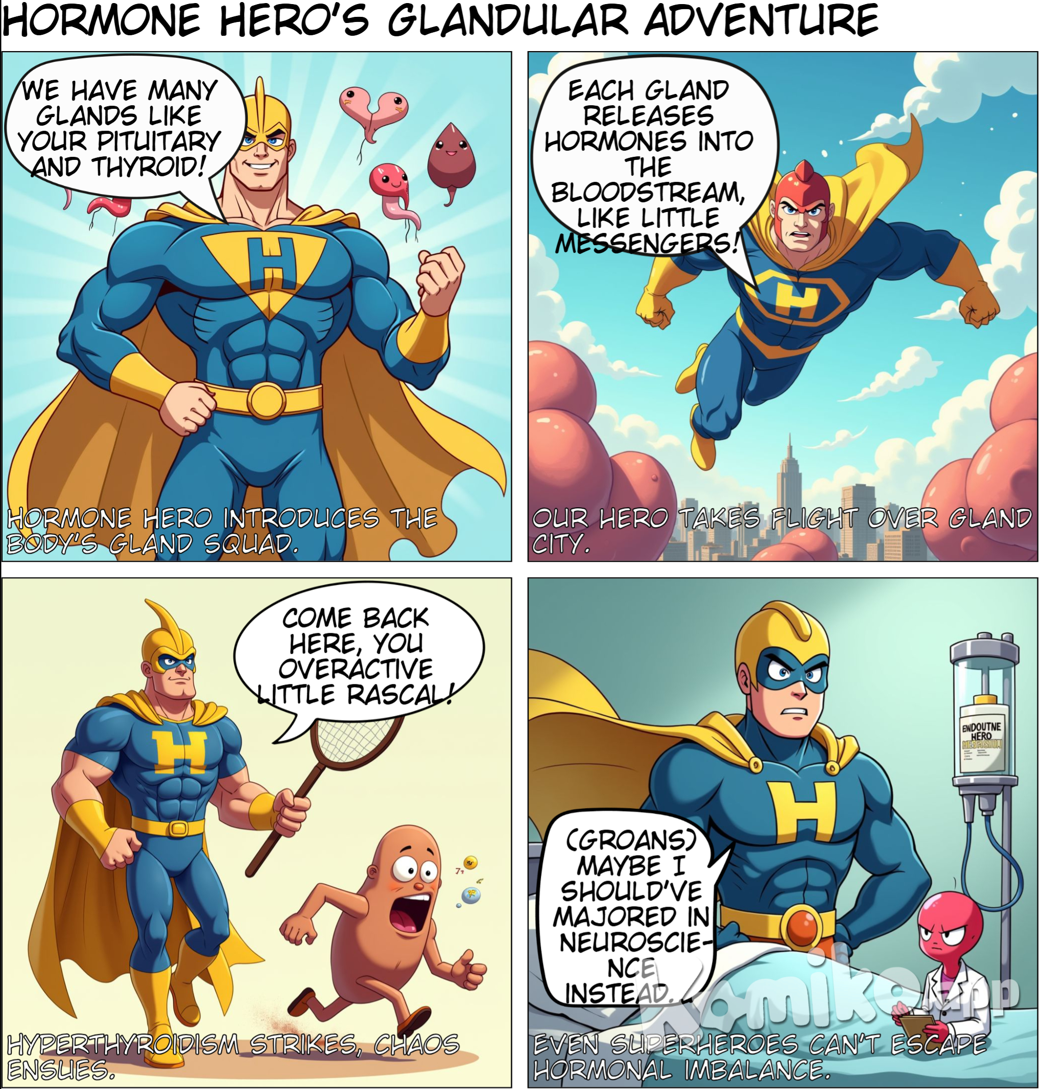 (Illustration of various glands: pituitary, thyroid, adrenal, etc.) Hormone Hero: "We have many glands like your pituitary and thyroid!" Panel 2: (Hormone Hero flying over the glands.) Hormone Hero: "Each gland releases hormones into the bloodstream, like little messengers!"