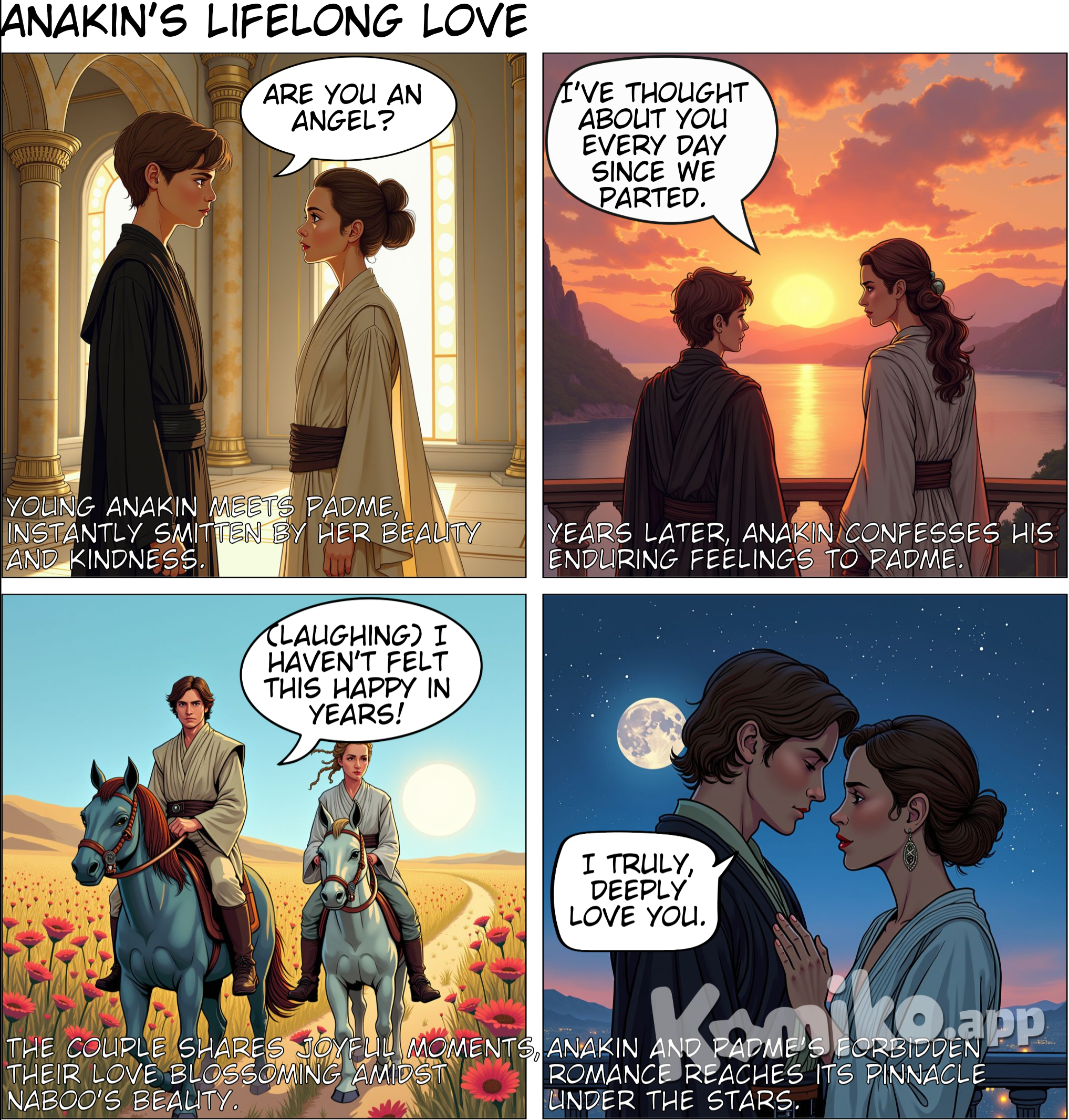 Anakin Skywalker falls love with Padme when he was child, later he grow up and he is starting giving his love to Padme, They spend time together and they live romantic moments 