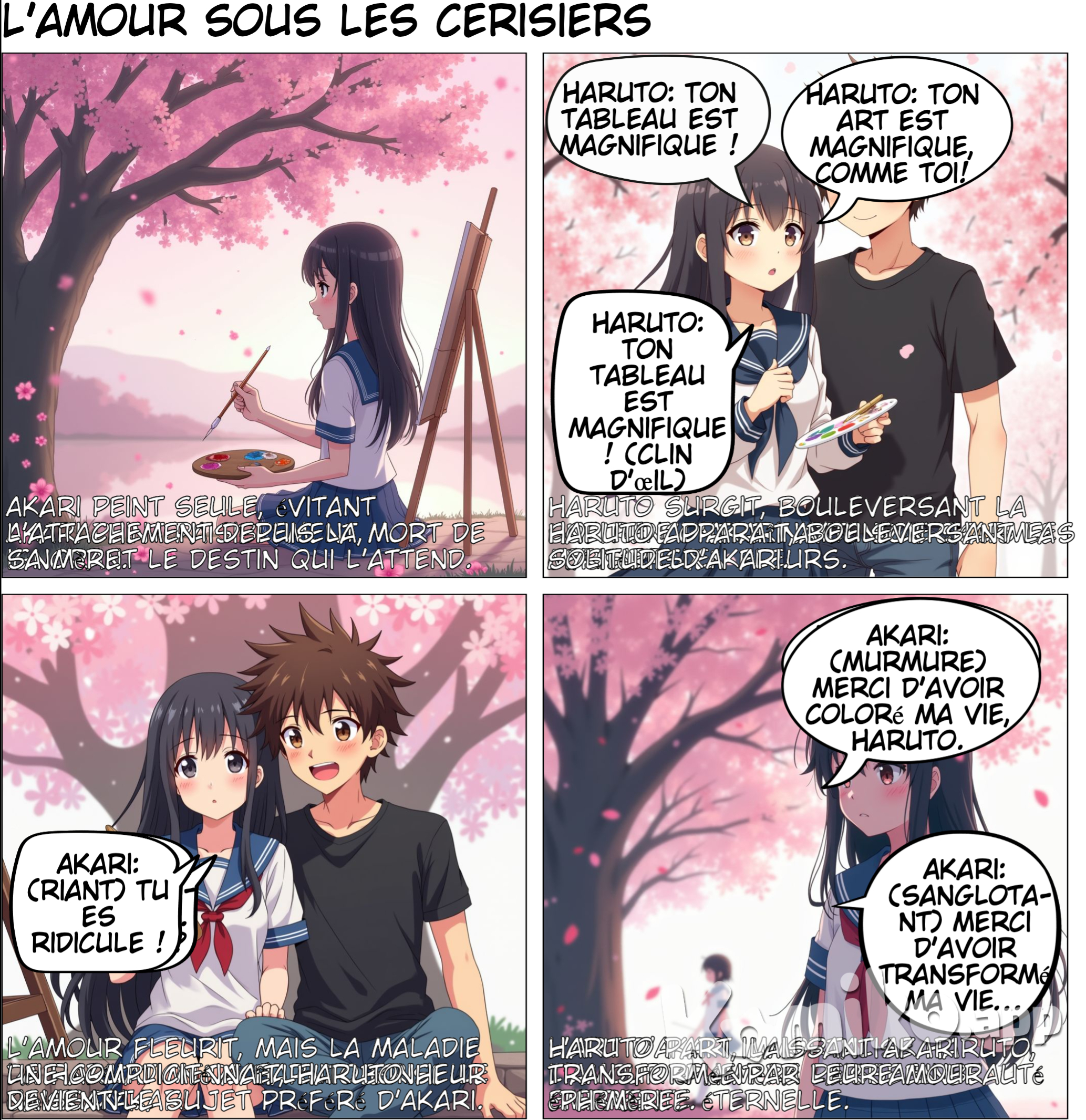 Sous les cerisiers du crépuscule Akari, une jeune lycéenne réservée passionnée de peinture, passe ses journées à capturer les paysages paisibles de sa petite ville japonaise, où les cerisiers fleurissent chaque printemps. Depuis la mort de sa mère, elle évite de s’attacher, convaincue que l’amour ne fait que briser les cœurs. Un jour, alors qu’elle peint sous un vieux cerisier près d’un lac isolé, elle rencontre Haruto, un garçon mystérieux. Avec son sourire chaleureux et ses manières directes, Haruto intrigue Akari, bien qu’il semble lui aussi cacher une douleur intérieure.  Petit à petit, une complicité naît entre eux. Haruto devient son sujet favori, inspirant des toiles où il apparaît tantôt comme un prince sous un ciel étoilé, tantôt comme un héros perdu dans une tempête. Mais alors qu’Akari commence à ressentir des émotions qu’elle n’a jamais connues, Haruto lui révèle un secret bouleversant : il est atteint d’une maladie incurable et voyage pour vivre pleinement ses derniers instants.  Cette confession bouleverse Akari, mais au lieu de fuir, elle décide de l’accompagner dans son voyage. Ensemble, ils découvrent la beauté des instants simples : une nuit sous les étoiles, des rires échappés au bord du lac, ou encore des promenades sous les pétales de cerisiers. Akari, d’abord terrifiée par l’idée de perdre Haruto, apprend à embrasser la fragilité de la vie. De son côté, Haruto réalise grâce à elle que vivre, ce n’est pas seulement fuir la douleur, mais aussi s’attacher et laisser une trace.  Dans un moment poignant, Akari organise une exposition surprise avec toutes les peintures qu’elle a réalisées de Haruto. Elle rassemble les habitants de la ville, transformant son art en un hommage vibrant à leur lien. Haruto, ému aux larmes, comprend qu’il a marqué la vie d’Akari, tout comme elle a marqué la sienne.  Un matin, alors que les cerisiers fleurissent à nouveau, Haruto disparaît sans un mot, laissant une lettre pour Akari. Dans ses mots, il lui confie qu’il est parti paisiblement, emportant avec lui chaque sourire et chaque instant passé à ses côtés. Brisée par la perte mais transformée, Akari trouve une force nouvelle dans ses peintures. Ses œuvres deviennent célèbres pour leur sincérité et leur lumière, comme si Haruto continuait à vivre à travers elles.  Sous le vieux cerisier, alors que les pétales tombent doucement autour d’elle, Akari murmure : "Merci, Haruto, d’avoir transformé ma vie."  Ainsi, leur histoire devient une ode à l’amour éphémère mais éternel, un rappel que même dans la brièveté, la vie peut être remplie de beauté et de sens. 🌸