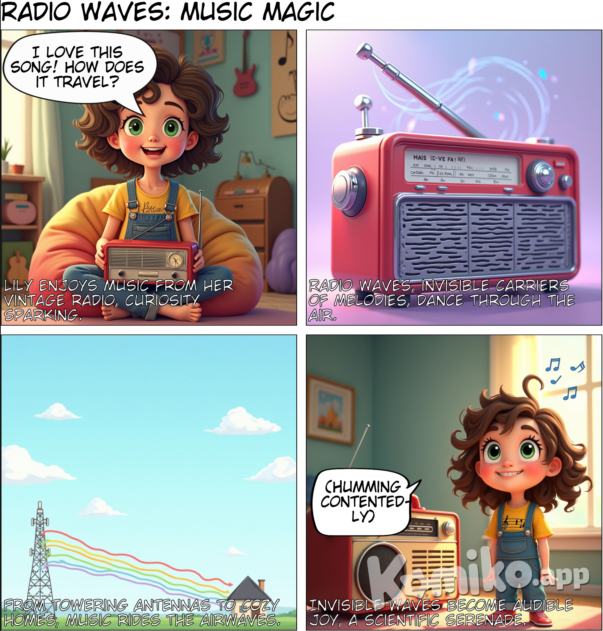Page 1 Title: Radio Waves: Music in the Air Panel 1: A young girl, Lily, is listening to her radio, enjoying a song. Lily: (Smiling) I love this song! How does the music travel so far? Panel 2: A close-up of the radio antenna, showing radio waves emanating from it. Caption: Radio waves, a type of electromagnetic wave, carry music signals through the air. Panel 3: A diagram showing radio waves traveling from a radio tower to Lily's radio. Panel 4: Lily's radio antenna picks up the radio waves, converting them into electrical signals that create the music.