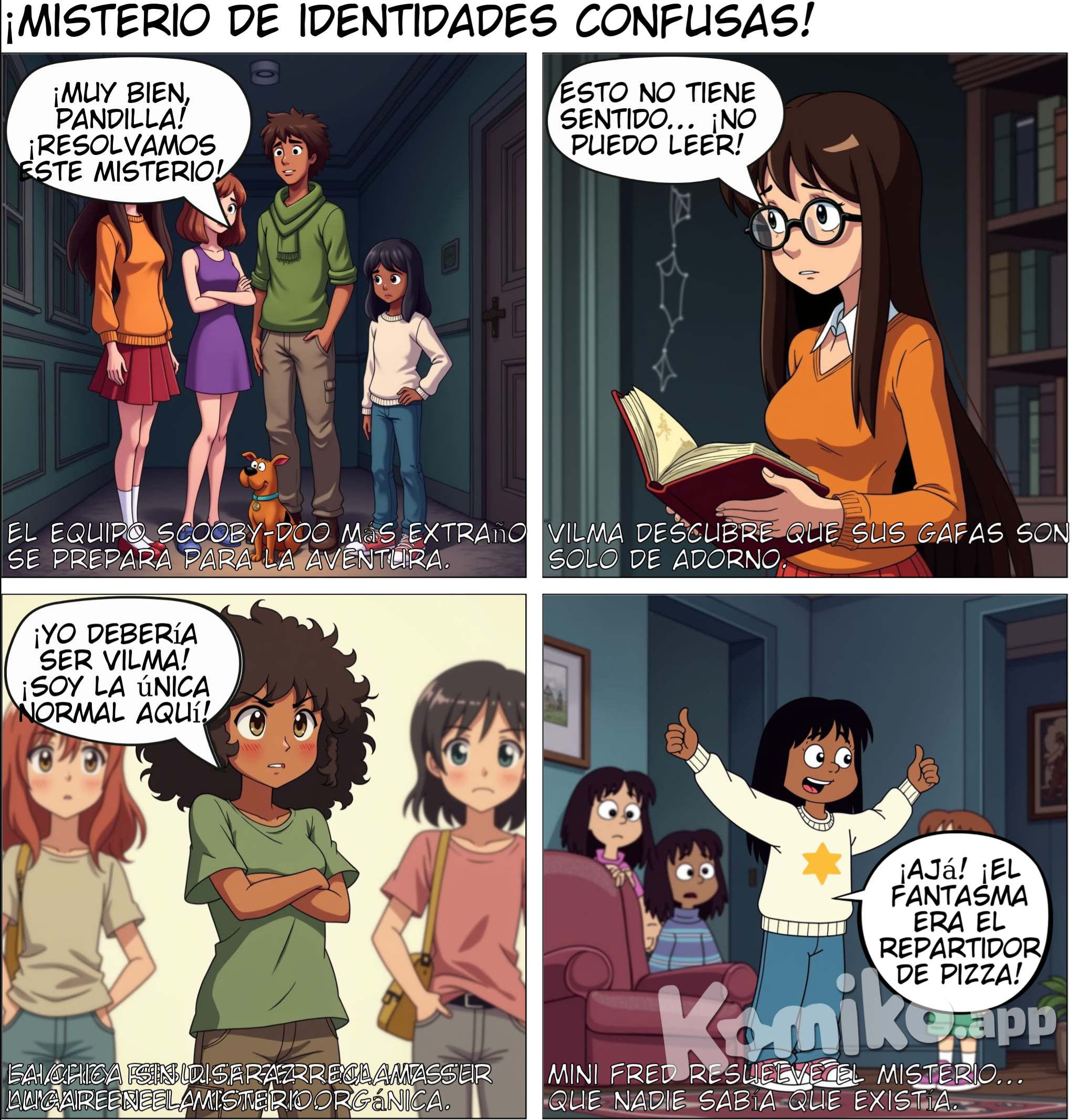 un grupo de 4 chicas, una es alta con cabello largo liso castaño oscuro, lentes cuadrados, expresion triste y vestida con la ropa de vilma de scoobydoo, una chica de piel blanca alta delgada cabello castaño claro algo largo con ropa de dafne de scoobydoo, una chica algo bajita algo morena de cabello cafe oscuro muy ondulado hasta los hombros vestida con una camiseta con mangas verde holgada y unos cargo pants beig oscuros, una chica mas que las demas baja de piel muy morena con cabello negro algo largo vestida de fred de scoobydoo