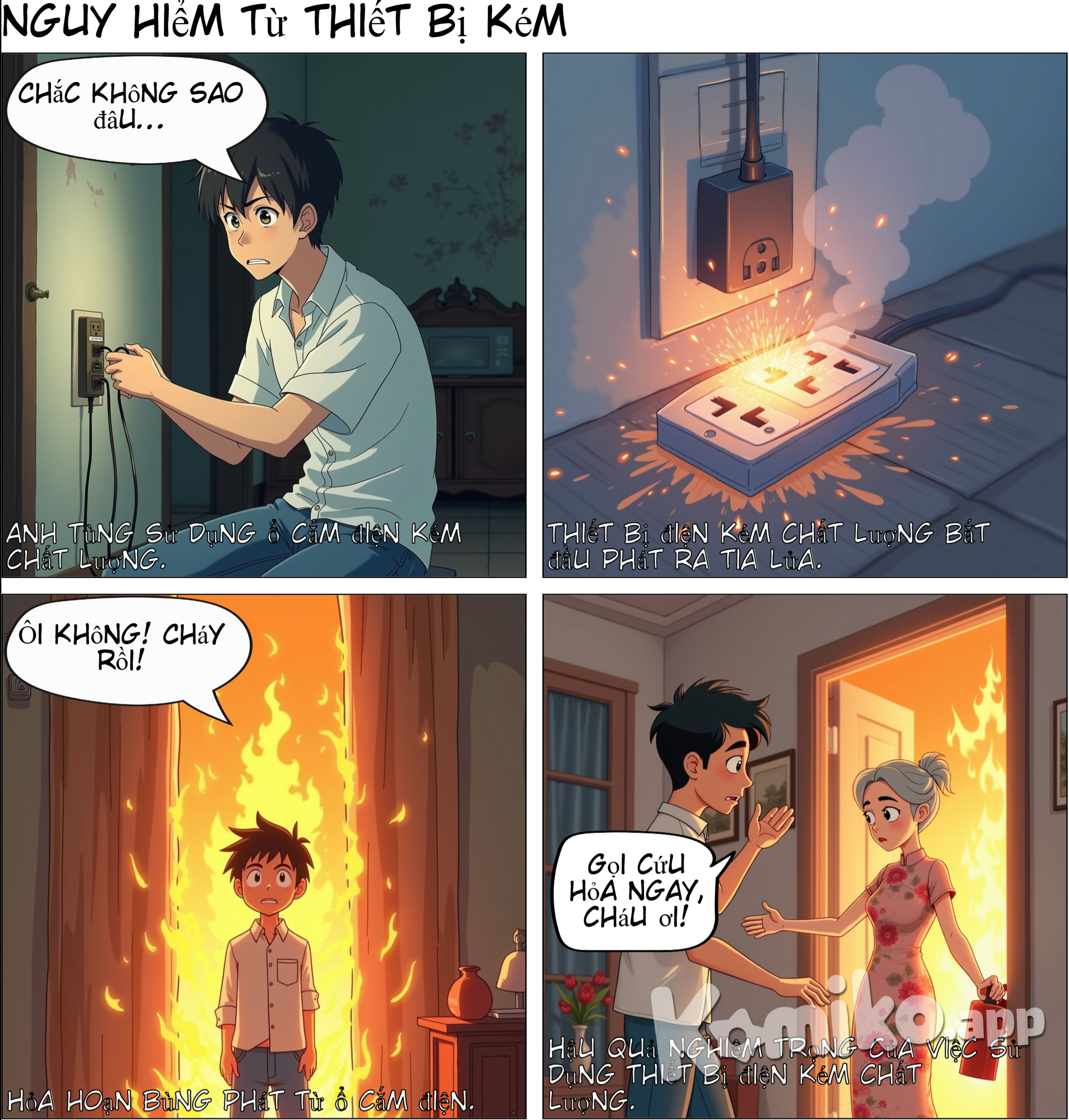 Sử dụng Thiết bị điện không đảm bảo  là một hành động có thể gây ra hỏa hoạn. Sử dụng thiết bị không đảm bảo chất lượng có thể gây cháy nổ.