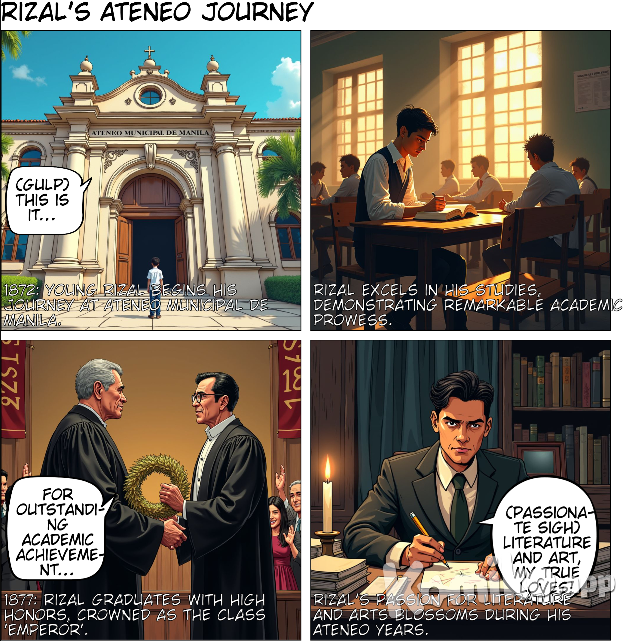 Secondary Education (Ateneo Municipal de Manila): In 1872, Rizal enrolled at the Ateneo Municipal de Manila, where he excelled academically. He graduated with high honors in 1877, earning a Bachelor of Arts degree. His performance earned him recognition as an "emperor" in his class, and he demonstrated a keen interest in literature and the arts.