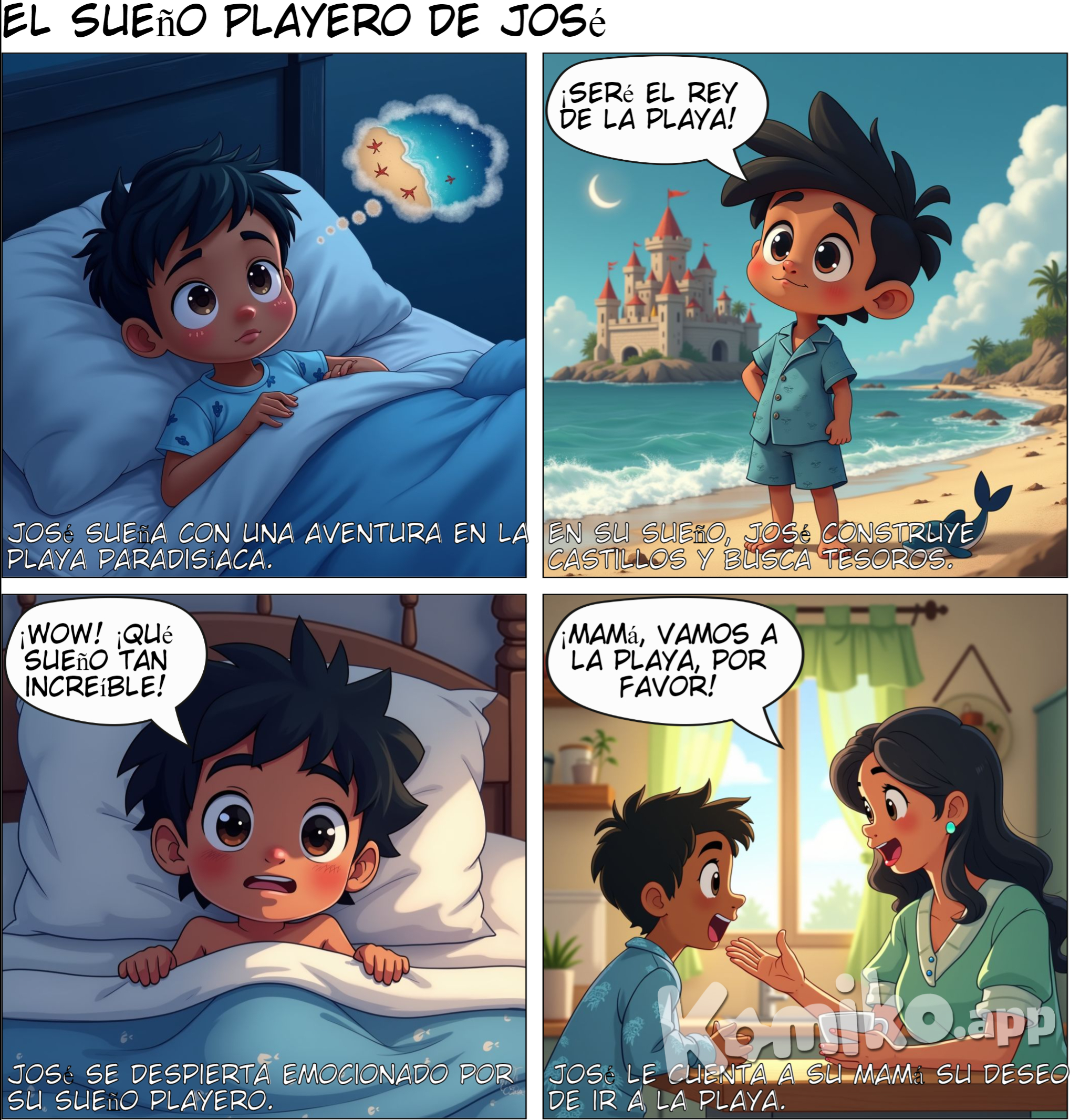 Capítulo 1: El Sueño de José José está soñando con una gran aventura en la playa. Se imagina construyendo castillos de arena y buscando tesoros. Se despierta emocionado y le cuenta a su mamá su deseo de ir a la playa.