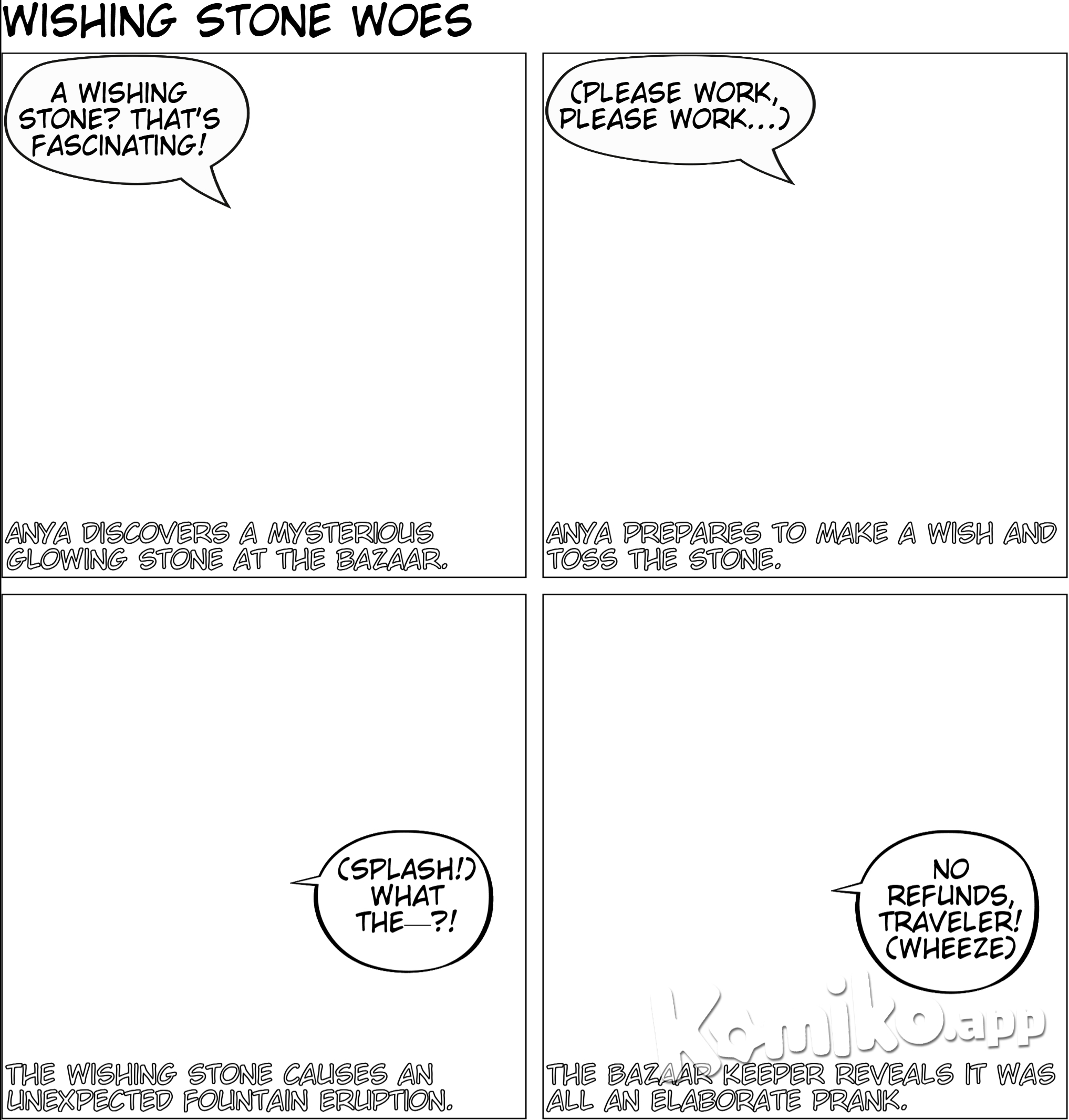 Scene: A bustling marketplace in a vibrant city.  Characters:  Anya: A curious traveler, exploring the marketplace. The Bazaar Keeper: A wise old merchant, with a twinkle in his eye. Dialogue:  Anya: Gazing at the colorful array of goods. "This place is amazing! I've never seen anything like it."  The Bazaar Keeper: Smiling. "Welcome, traveler. You've come to the right place."  Anya: Picking up a peculiar trinket. "What is this?"  The Bazaar Keeper: "Ah, that's a wishing stone. Some say it grants wishes, but only if you believe."  Anya: Intrigued. "A wishing stone? That's fascinating."  The Bazaar Keeper: "If you wish to try it, simply close your eyes, make a wish, and toss it into the fountain."  Anya: Hesitates. "I don't know..."  The Bazaar Keeper: "Fear not, traveler. There's no harm in trying."  Anya: Smiling, she takes the stone, closes her eyes, and tosses it into the fountain.