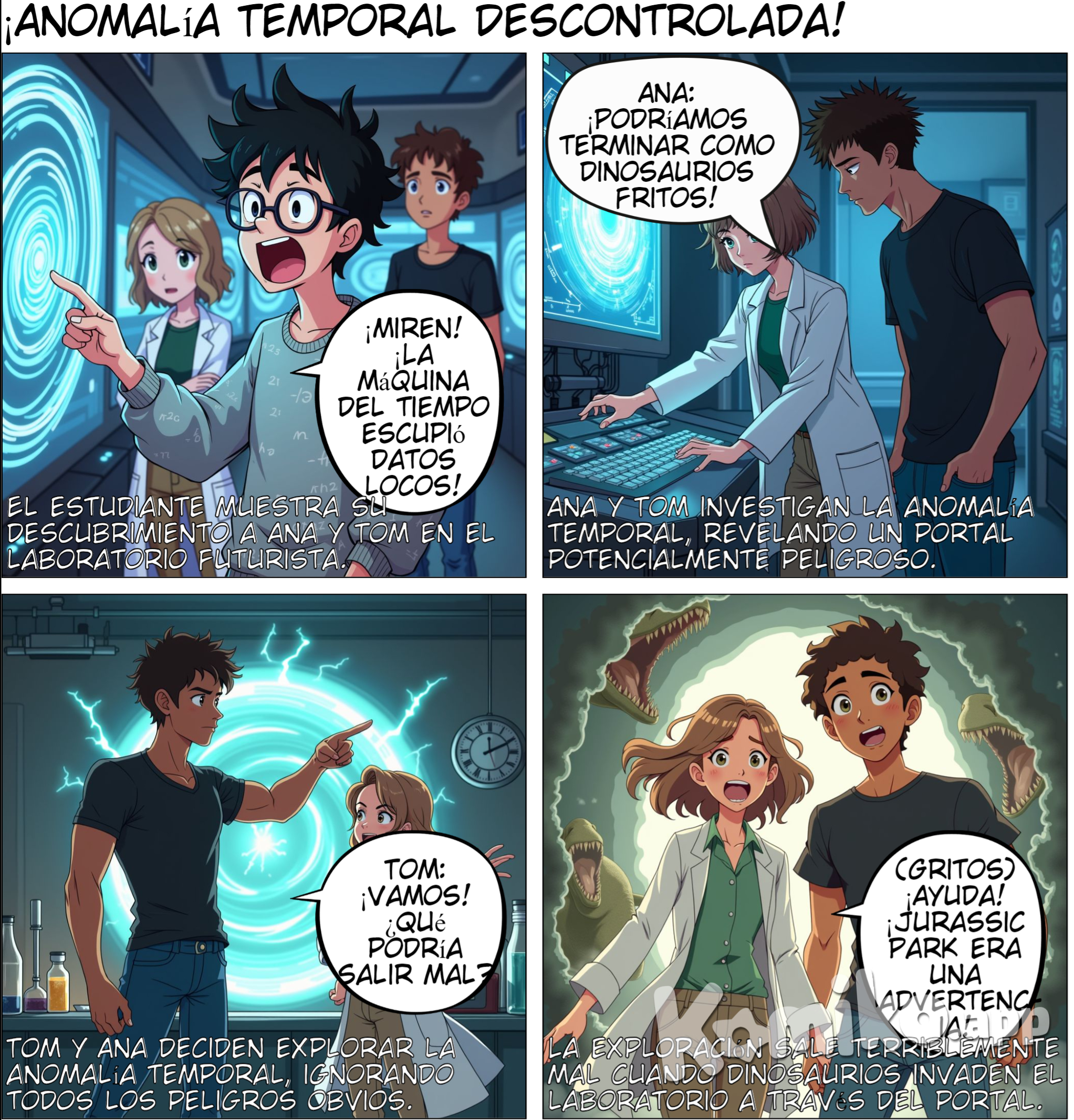 Personajes principales  Thomas: Un joven introvertido, de pelo corto y crespo, de color café no tan oscuro, alto y musculoso, de piel morena, ojos color avellana y facciones delicadas  Ana: Una joven curiosa, de pelo corto y ondulado, de color castaño claro, de estatura media y de contextura delgada, de piel blanca, con ojos claros, y facciones suaves y delicadas Página 8: La Anomalía Temporal Viñeta 1: (El estudiante muestra su descubrimiento a Ana y Tom) •	Diálogo Estudiante: “Miren esto, he encontrado algo extraño en los datos de la máquina del tiempo.” •	Diálogo Ana: “Esto es increíble. Podría ser una oportunidad o un gran peligro.” Viñeta 2: (Ana y Tom investigan la anomalía) •	Texto: “Ana y Tom comenzaron a investigar la anomalía, descubriendo que podría ser una puerta a un tiempo desconocido.” Viñeta 3: (Deciden explorar la anomalía) •	Diálogo Tom: “Tenemos que explorar esto. Podría ser el descubrimiento más grande de nuestras vidas.” •	Diálogo Ana: “Estoy contigo, Tom. Vamos a ver qué encontramos.”