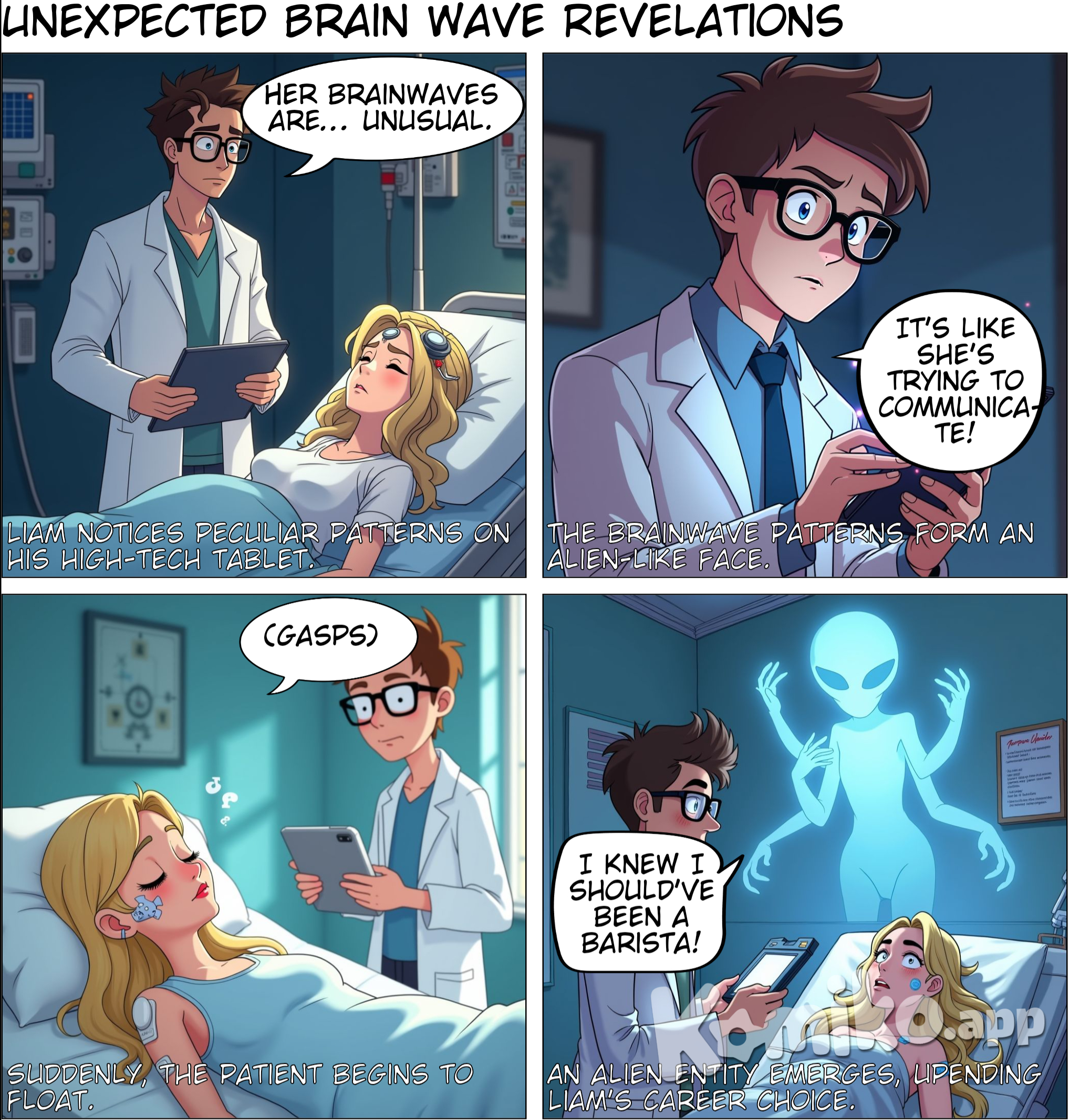 Liam clears his throat, adjusting his glasses as he brings up the data on a tablet. "Her brainwaves are spiking in patterns we haven't seen before. It's as if she's trying to communicate or... concentrate on something," he says, his voice tinged with a hint of apprehension.