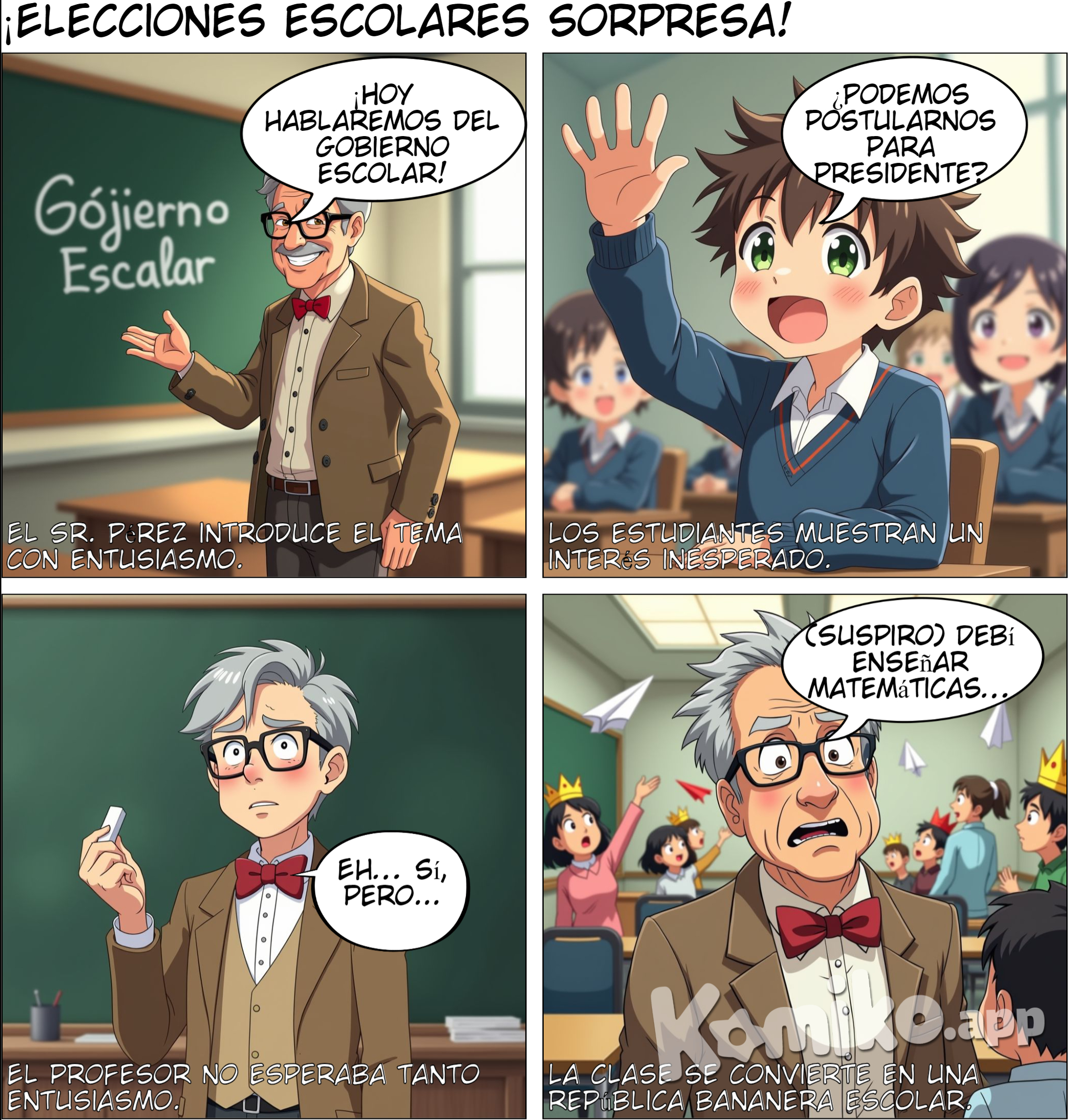 El profesor Sr. Pérez presenta el tema del día: el gobierno escolar. Los estudiantes muestran curiosidad.