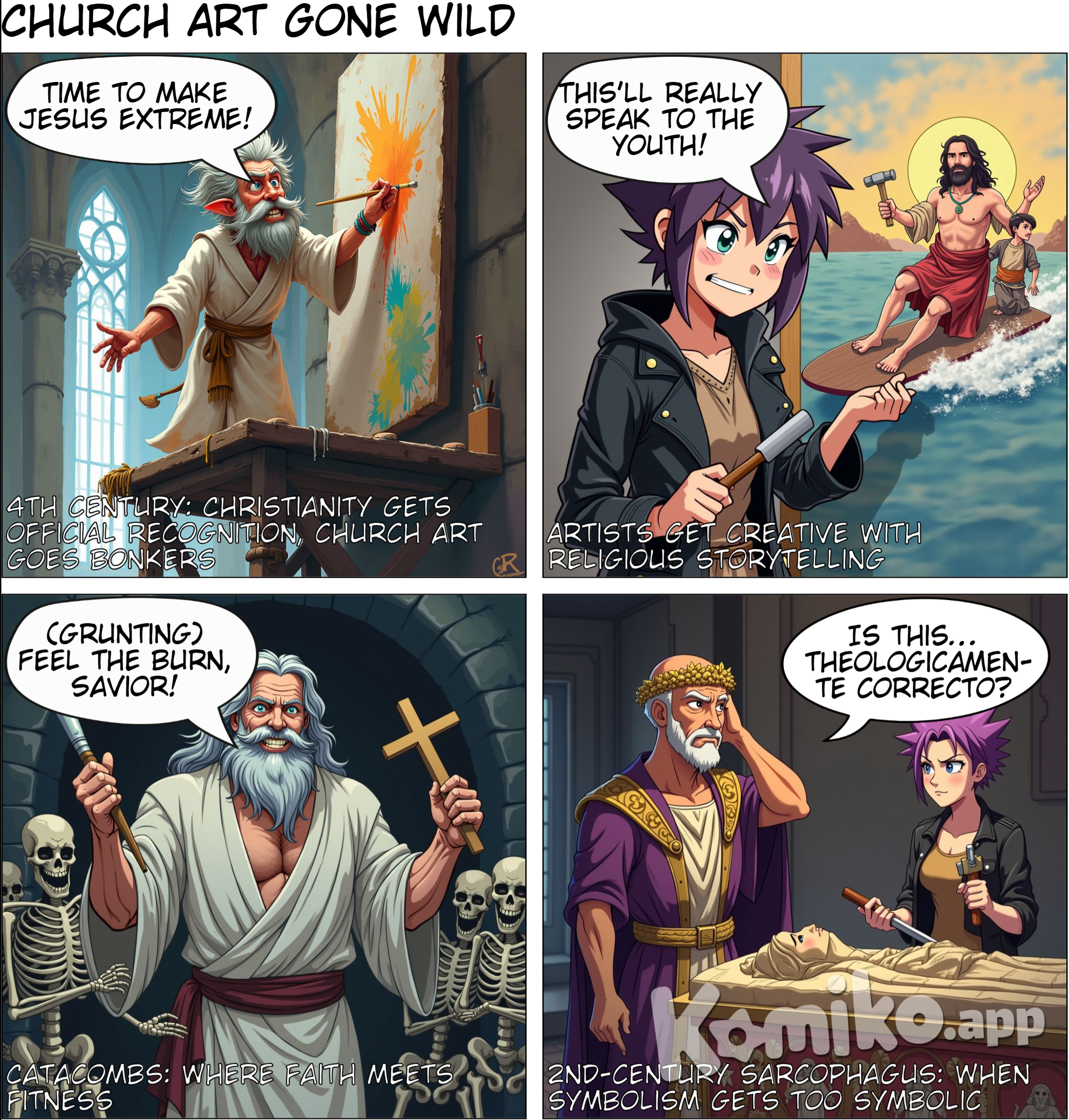 (Background image of an ancient church with magnificent architecture) Narration: "In the 4th century, after the official recognition of Christianity, art began to flourish in the church." (Image of artists working on a church wall) Character A: "We must create something that depicts our faith!" Character B: "Yes, let's use mosaics and paintings to tell the story of Christ." (Image of a catacombs with frescoes) Narration: "The first paintings were found in the Roman catacombs, depicting the life and teachings of Jesus." (Image of a sarcophagus with carvings) Character C: "This is a 2nd-century sarcophagus, showing Christian symbols rich in meaning."