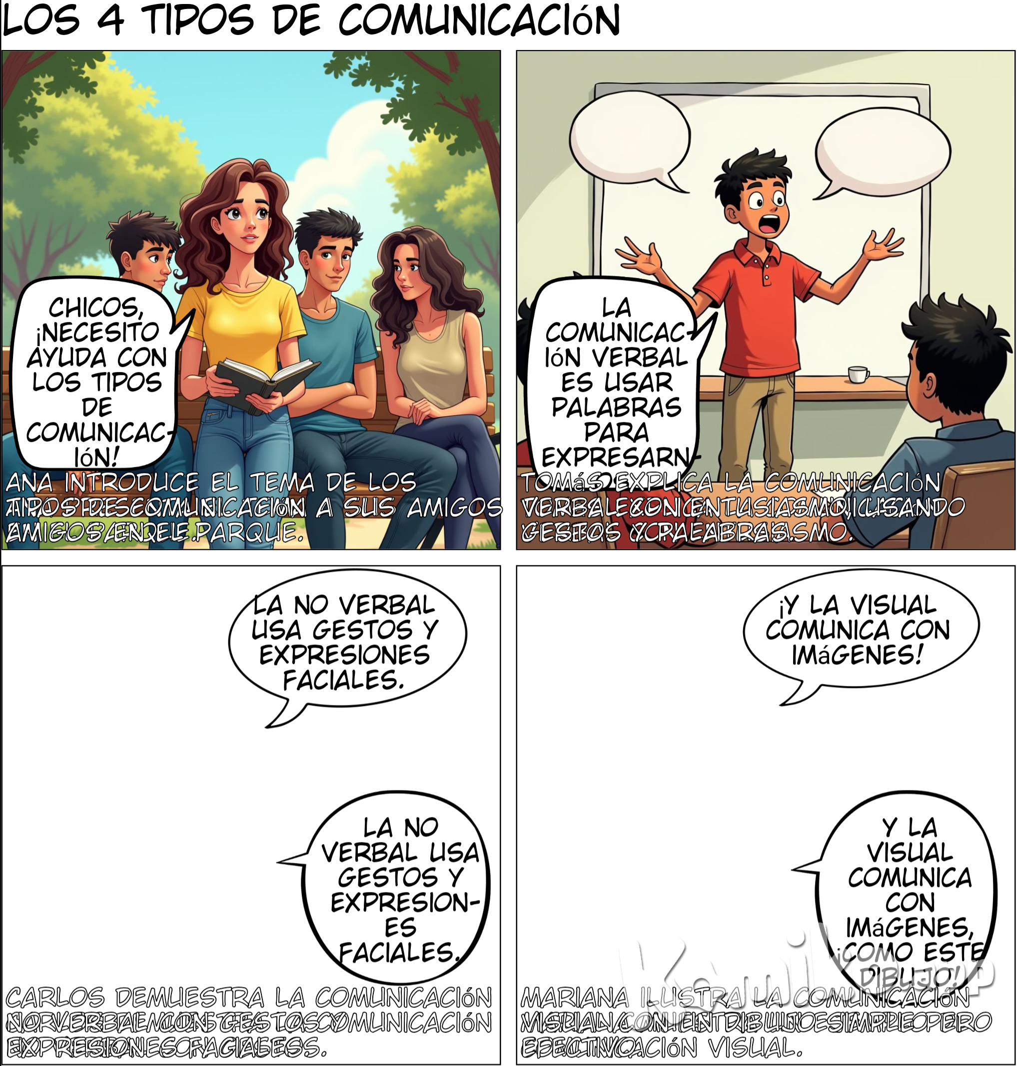 Título: Los 4 tipos de comunicación Personajes principales: Ana: Curiosa, le gusta aprender. Tomás: Le gusta hablar en público. Carlos: Es tranquilo y observador. Mariana: Creativa, le gusta dibujar. --- Escena 1: Introducción Los amigos están sentados en una banca del parque. Ana saca un cuaderno mientras los demás la observan. Ana: (emocionada) Chicos, tenemos que hacer un trabajo sobre los tipos de comunicación. ¡Pero necesito ayuda! ¿Alguien sabe cuántos tipos existen? Tomás: (alzando la mano) ¡Yo lo sé! Hay cuatro tipos principales: comunicación verbal, no verbal, escrita y visual. Y podemos hacer una presentación increíble sobre eso. Mariana: (curiosa) ¿En serio? Nunca había pensado en cuántas formas usamos para comunicarnos todos los días. Carlos: (tranquilo) Yo tampoco, pero ahora que lo dices, tiene sentido. Todo el tiempo estamos enviando mensajes de una u otra forma. --- Escena 2: Comunicación directa Tomás se levanta de la banca y comienza a hablar con entusiasmo. Los demás lo observan con atención. Tomás: (entusiasta) La comunicación verbal es la más común. Es cuando usamos palabras para hablar y expresar lo que pensamos o sentimos. Como lo que estoy haciendo ahora mismo. Nos entendemos gracias al lenguaje. Ana: (asintiendo) ¡Es verdad! Sin palabras sería muy difícil entendernos, sobre todo en situaciones complicadas. Tomás: (haciendo un gesto con la mano) Imagínense en una clase, si el profesor no hablara, sería casi imposible aprender. ¡Tendríamos que adivinar todo! (Aparecen burbujas de diálogo con lo que Tomás está diciendo para destacar la comunicación verbal.) Mariana: (riéndose) ¡O tendríamos que ser adivinos! Carlos: (sonriendo) Es cierto. Pero a veces, las palabras no son suficientes. --- Escena 3: Comunicación indirecta Carlos, que es más tranquilo, se inclina hacia adelante y sonríe mientras levanta las manos para hacer un gesto. Carlos: (calmado) Exactamente, Tomás. La comunicación no verbal es igual de importante. Usamos gestos, expresiones faciales y lenguaje corporal para transmitir cosas sin necesidad de hablar. (Carlos levanta el pulgar y todos lo observan.) Carlos: (explicando) Miren, si levanto el pulgar, ¿qué creen que quiero decir? Ana: (sonriendo) ¡Que todo está bien! Mariana: (entusiasmada) ¡Exacto! A veces, un gesto puede decir mucho más que mil palabras. Carlos: (asintiendo) O cuando alguien está triste. Solo con ver su cara, sabemos que algo le pasa, aunque no diga nada. (En la historieta, se pueden mostrar diferentes gestos: una sonrisa, una ceja levantada, un pulgar arriba, etc.) Tomás: (pensativo) Tienes razón. A veces, cuando hablo en público, no solo importan las palabras, sino cómo me muevo y mi expresión. --- Escena 4: Comunicación bidireccional Ana saca su cuaderno y comienza a escribir rápidamente algo en una hoja. Ana: (escribiendo) No podemos olvidar la comunicación escrita. Escribir es otra forma de comunicarse, ya sea con mensajes de texto, correos electrónicos, o simplemente con cartas. (Muestra su cuaderno con la palabra “Hola” escrita en él.) Ana: (mostrando el cuaderno) ¡Miren! Aunque no estoy hablando, les estoy diciendo algo con esta palabra escrita. Tomás: (riendo) ¡Hola, Ana! Mariana: (sonriendo) ¡Es verdad! Y lo mejor de la escritura es que podemos guardar lo que escribimos. Los mensajes quedan registrados. Carlos: (reflexivo) Sí, como cuando enviamos mensajes a alguien que está lejos. No tenemos que estar cara a cara para comunicarnos. Ana: (asintiendo) ¡Exactamente! Y lo mejor es que, si olvidamos algo, siempre podemos volver a leerlo. Es como un recuerdo que queda. --- Escena 5: Comunicación unidireccional Mariana saca un lápiz y empieza a dibujar con rapidez en su cuaderno, mientras los demás la observan con curiosidad. Mariana: (dibujando) Y por último, está la comunicación visual. A veces, una imagen puede transmitir mucho más que las palabras. Por ejemplo, este dibujo de una cara feliz. (Muestra un dibujo de una carita sonriente en su cuaderno.) Mariana: (sonriendo) ¡No he dicho nada! Pero todos saben que esta carita está contenta, ¿verdad? Tomás: (entusiasmado) ¡Claro! Las imágenes también comunican mucho, por eso los carteles y las señales de tráfico son tan importantes. Carlos: (asintiendo) O el arte. El arte puede transmitir sentimientos, ideas y hasta historias sin necesidad de usar palabras. (Se muestra una viñeta con diferentes imágenes: una carita feliz, un cartel de tráfico, una obra de arte.) Ana: (pensativa) Nunca había pensado en cómo las imágenes pueden ser tan poderosas. Todo el tiempo las usamos, ¡incluso en las redes sociales! --- Escena 6: Conclusión Los cuatro amigos se miran satisfechos. Han compartido muchas ideas y se sienten preparados para su proyecto. Ana: (sonriendo) ¡Qué increíble! Todos los días usamos estos cuatro tipos de comunicación sin darnos cuenta. Tomás: (levantando un dedo) Exacto, ya sea hablando, escribiendo, haciendo gestos o mostrando imágenes, siempre estamos comunicándonos. Mariana: (entusiasmada) ¡Ahora tenemos todo para hacer nuestro trabajo! Podemos usar ejemplos de los cuatro tipos para explicar mejor. Carlos: (calmado) Y seguro será muy claro, porque ya sabemos cómo combinarlos bien. (Todos sonríen y se ponen de pie, listos para trabajar en su proyecto.) --- Fin.
