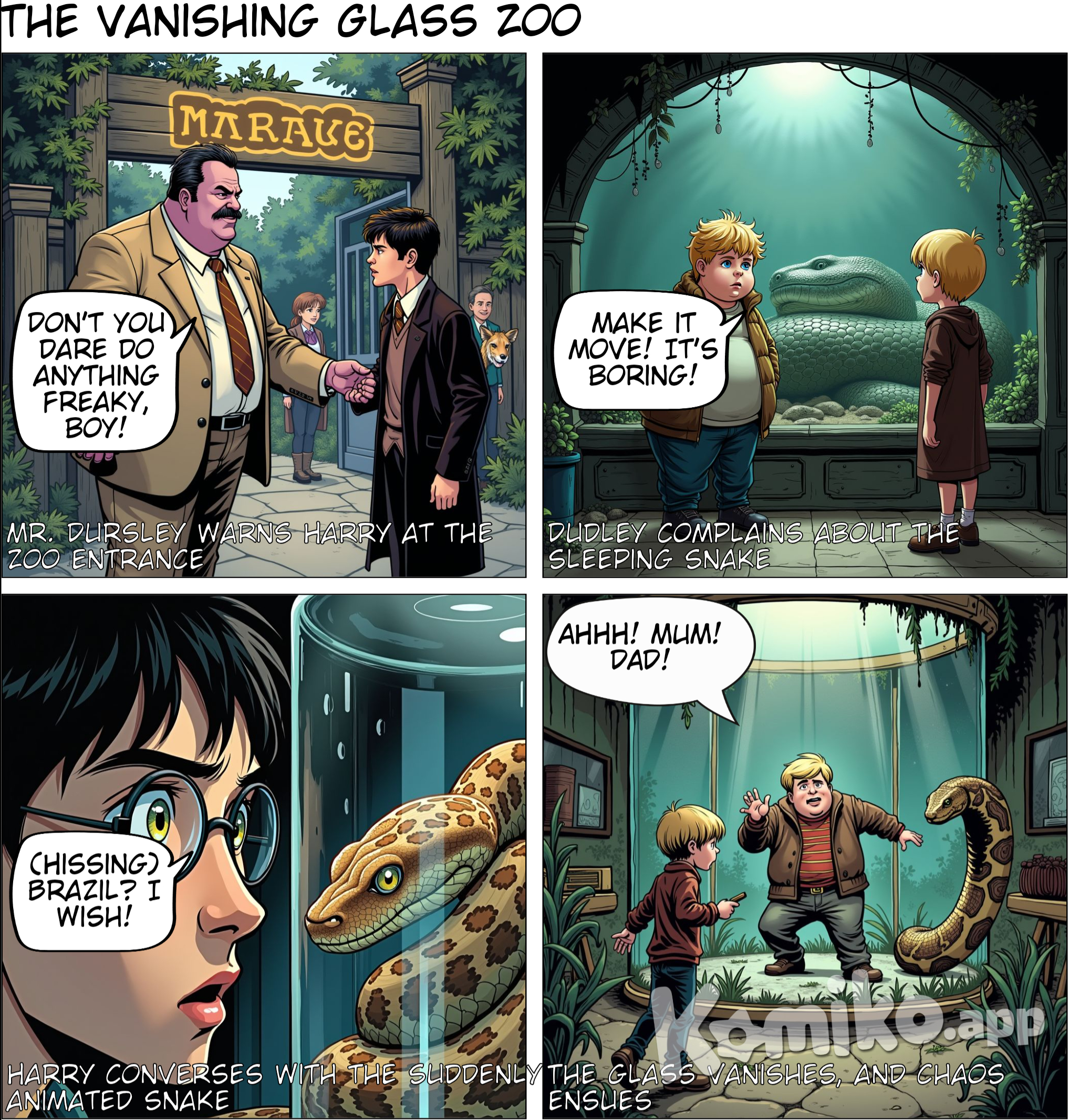 The Vanishing Glass. Mr. Dursley warns Harry not to do anything suspicious at the zoo, and Harry promises he won't.Everything's going fine through lunch, until they get to the reptile exhibit. Dudley calls the largest snake boring, because it's just sleeping. Harry goes over to look at it in the snake exhibit after Dudley moves away. The snake looks up and winks at Harry, and they have a conversation. Harry asks it where it's from, and the snake points to the sign that says Brazil. The snake's never been to Brazil, though, because it was born in captivity. Dudley is looking at the snake through the glass when suddenly the glass vanishes. The snake escapes and makes a run for it.