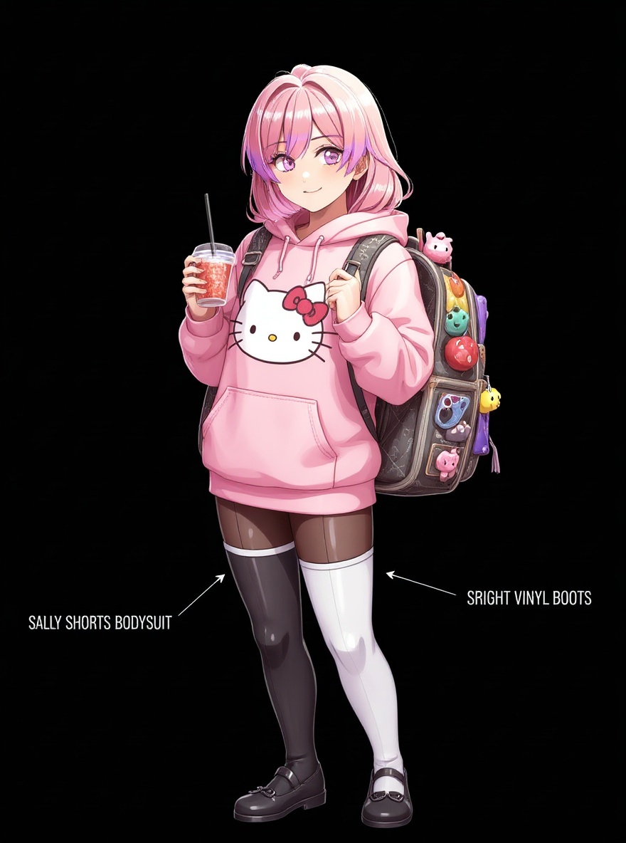 Image inccluded is for ART STYLE ONLY! duplicate the layout with the new charachter, Sally. Sally the social media guru, is not head of anything. She is just the "social media" guru. Nobody really understands her job, she is just there. Abacus and mei know though! she has zero fear for her job. she is wacky, confident and playful.
Sally is the company Chibi (in style and personality) 20 years old, she is indeed small of frame, little. She wears oversise hello kitty hoodie to work, with tights and black mary janes. Her backpack is covered in japanese pop culture acoutremon hanging from it like a christmas tree. SHe eats her american tuna sandwich and ruffles lunch from a bento-box that she got in tokyo last year when she went with friends to the Japanese worls Cosplay convention. She has pink anime hair. she yanks by the handful into place. Boba tea is her weakness, and she has vintage 1980's walkman with wich she pumps kpop into her head all deay long. She thinks skippy might be good boyfriend material, but he won't leave his "buds", his posse for a moment. She went over to his house to what she thought was a date, but she watched him play call of duty online all night. He didn't see her leave. never noticed. 19 years old but Hasn't discovered girls yet.