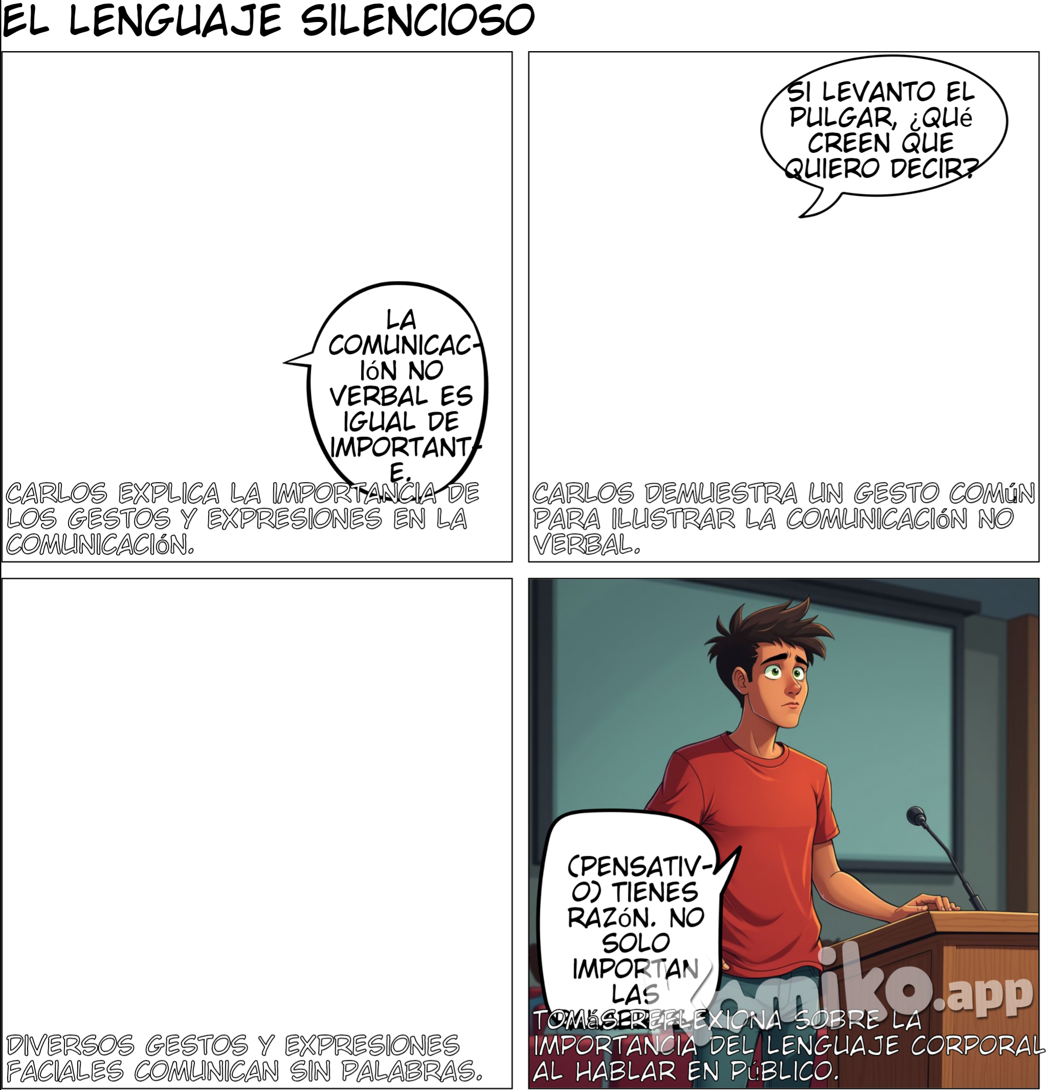 Escena 3: Comunicación indirecta Carlos, que es más tranquilo, se inclina hacia adelante y sonríe mientras levanta las manos para hacer un gesto. Carlos: (calmado) Exactamente, Tomás. La comunicación no verbal es igual de importante. Usamos gestos, expresiones faciales y lenguaje corporal para transmitir cosas sin necesidad de hablar. (Carlos levanta el pulgar y todos lo observan.) Carlos: (explicando) Miren, si levanto el pulgar, ¿qué creen que quiero decir? Ana: (sonriendo) ¡Que todo está bien! Mariana: (entusiasmada) ¡Exacto! A veces, un gesto puede decir mucho más que mil palabras. Carlos: (asintiendo) O cuando alguien está triste. Solo con ver su cara, sabemos que algo le pasa, aunque no diga nada. (En la historieta, se pueden mostrar diferentes gestos: una sonrisa, una ceja levantada, un pulgar arriba, etc.) Tomás: (pensativo) Tienes razón. A veces, cuando hablo en público, no solo importan las palabras, sino cómo me muevo y mi expresión.
