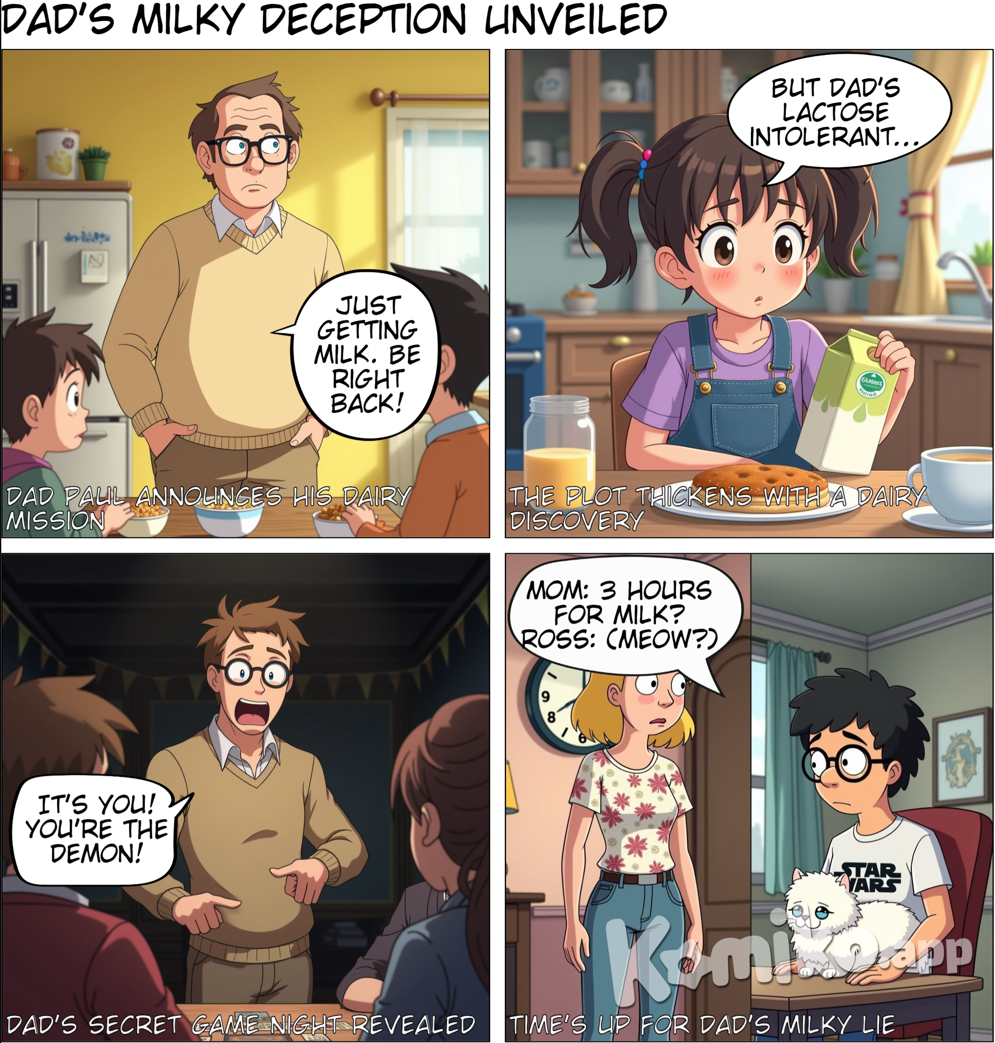  Title: "Dad Paul and the Milk Mystery"  Panel 1: (Scene shows a family sitting at the breakfast table. Dad Paul stands up from the table, looking determined.)  Dad Paul: "I'm just going to the store to get some milk. Be right back!"  Panel 2: (The family watches him leave. A small child looks puzzled.)  Child: "Wait… isn't Dad Paul lactose intolerant?"  Panel 3: (Cut to Dad Paul sneaking down a dark alley, pulling out a hood and whispering into a hidden earpiece.)  Dad Paul (whispering): "Milk mission successful. Heading to the secret location."  Panel 4: (Dad Paul enters a dimly lit room. A group of people is gathered around a table, playing Blood on the Clocktower. Dad Paul slides into a seat, smiling slyly.)  Dad Paul: "Sorry I'm late, everyone. Ready to find the demon."  Panel 5: (Back at home, the family sits around the table, still waiting. The child is now holding a milk carton with “Lactose-Free” written on it.)  Child: "Something doesn't add up…"  Panel 6: (Cut back to Dad Paul dramatically pointing at a player during the game.)  Dad Paul: "It’s you! You’re the demon!" (The table erupts in shock.)  Panel 7: (Final scene: back at the family home. Mom looks at the clock.)  Mom: "It’s been 3 hours... just for milk?" (The child, narrowing their eyes, nods suspiciously.)  Child: "Yeah… something really doesn’t add up."  End Panel: (Dad Paul triumphantly holds up a token from the game, smiling.)  Dad Paul: "Victory!", also randomly tehre is a guy called ross with a cat on his lap