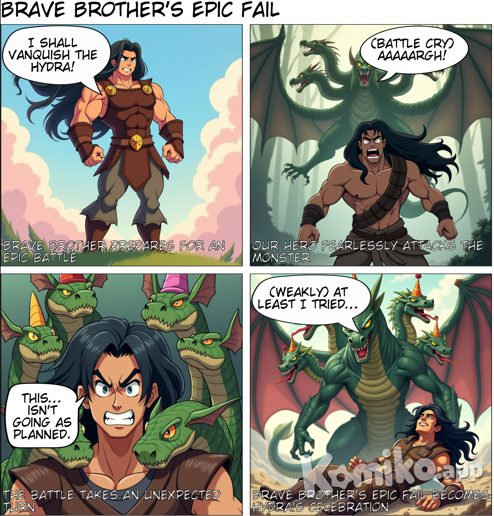 Character 0 is Brave Brother, description: A muscular young man with long, black hair. He wears leather armor and has a painful expression. The Brave Brother fights a fearsome creature, a Hydra with wings. He fought ferociously but was defeated, anime style with soft pastel color and soft lighting