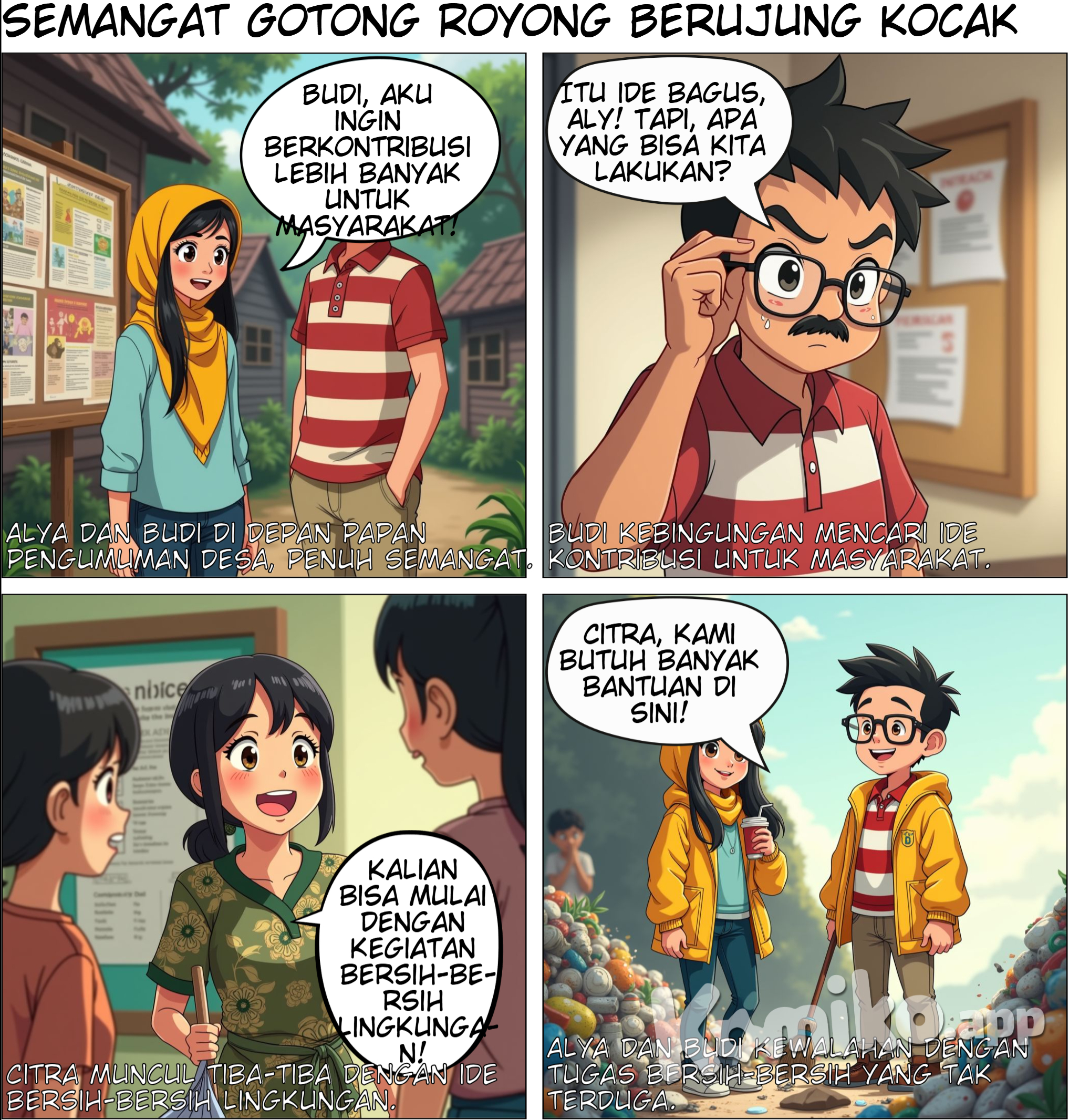 Panel 1: Gambar: Alya dan Budi berdiri di depan papan pengumuman di pusat komunitas di desa . Alya: “Budi, aku ingin berkontribusi lebih banyak untuk masyarakat!” Panel 2: Gambar: Budi terlihat berpikir sambil menggaruk kepala. Budi: “Itu ide bagus, Aly! Tapi, apa yang bisa kita lakukan?” Panel 3: Gambar: Citra muncul dengan senyuman. Citra: “Kalian bisa mulai dengan kegiatan bersih-bersih lingkungan!”